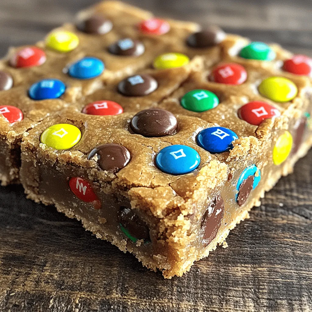 Here’s what you need to make Chewy Brown Butter M&M Cookie Bars: - 1 cup unsalted butter, browned - 1 cup brown sugar - 1/2 cup granulated sugar - 1 large egg and 1 large egg yolk - 2 teaspoons vanilla extract - 2 1/4 cups all-purpose flour - 1/2 teaspoon baking soda - 1/2 teaspoon salt - 1 cup M&M's - 1/2 cup chocolate chips (optional) Gather these items before you start. Brown butter adds a nutty taste that makes these bars great. You get sweetness from both sugars, which balances the flavors. The eggs help with the texture, making them chewy and soft. Using all-purpose flour gives the bars structure. Baking soda helps them rise a bit. Don’t forget the salt; it boosts the taste of the sweet ingredients. Lastly, M&M's make them fun and colorful, while chocolate chips add extra richness. You can mix and match these ingredients, but this list is a winning combo! Start by melting the unsalted butter in a medium saucepan. Use medium heat for this. Stir it often to prevent burning. Watch closely as it heats up. The color changes from yellow to golden brown. This step adds a rich, nutty flavor. When you smell that aroma, it’s ready. Remove the pan from heat and let it cool slightly. In a large bowl, combine the cooled brown butter with brown sugar and granulated sugar. Use a hand mixer or whisk to beat them together. Mix until the mixture is smooth. This step is key for a rich, sweet base. Now, add one egg, one egg yolk, and vanilla extract to the sugar mix. Beat them in until everything is creamy. The eggs help make the bars moist and chewy. Take a separate bowl to whisk together the all-purpose flour, baking soda, and salt. Slowly add this dry mix to the wet ingredients. Stir gently until just combined. Avoid overmixing; this keeps the bars chewy. With a spatula, carefully fold in the M&M's and chocolate chips if you choose to add them. Make sure they are well mixed in. This step is where the fun colors and flavors come from. Preheat your oven to 350°F (175°C). Line a 9x13 inch baking pan with parchment paper. Allow some paper to hang over the sides. This makes it easy to lift the bars out later. Use a spatula to evenly press the cookie dough into the prepared baking pan. Make sure it’s level. If you like, sprinkle more M&M's on top for a festive touch. Place the pan in the oven and bake for 20-25 minutes. Look for a light golden color on the edges. The center should feel set. This timing is key for that chewy texture. Once baked, remove the pan from the oven. Let the cookie bars cool completely in the pan. After they cool, use the parchment to lift them out. Cut into squares or bars. Enjoy your delicious treat! To make chewy cookie bars, you need to focus on a few key techniques: - Brown the Butter: This step adds depth. It gives a nutty flavor that enhances chewiness. - Eggs: Use one whole egg and one yolk. This mix keeps the bars soft. - Don’t Overmix: When you combine the dry and wet ingredients, mix gently. Overmixing can lead to tough bars. You can easily boost the flavor of your cookie bars. Here are some ideas: - Vanilla: Use pure vanilla extract for a richer taste. - Chocolate Chips: Add half a cup of chocolate chips for extra sweetness. - Salt: A small pinch of sea salt on top boosts all the flavors. Serving cookie bars nicely makes them even more tempting: - Platter: Arrange the bars on a colorful platter. This makes them pop! - Toppings: Drizzle melted chocolate over the top for a fun look. - Milk Pairing: Serve with a glass of cold milk. It’s a classic combo that everyone loves! {{image_4}} You can change up your Chewy Brown Butter M&M Cookie Bars with fun mix-ins. Here are some ideas: - Nuts: Add chopped walnuts or pecans for a crunchy texture. - Candy: Swap M&Ms for Reese's Pieces or Snickers pieces for a new flavor. - Dried Fruit: Toss in some raisins or dried cranberries for a chewy bite. - Chocolate: Use white chocolate chips or butterscotch chips for variety. These mix-ins can make each batch unique and tasty. If you want a gluten-free version, it’s easy to make a few swaps. Use gluten-free flour instead of all-purpose flour. Look for blends that work well in baking. Make sure your baking soda is gluten-free, as some brands may contain gluten. This way, everyone can enjoy these delicious bars. You can also make these cookie bars fit any season. Here are a few festive ideas: - Halloween: Use orange and black M&Ms for a spooky look. - Christmas: Add red and green M&Ms, or sprinkle in some peppermint bits. - Easter: Try pastel-colored M&Ms for a cheerful spring treat. - Fall: Mix in pumpkin spice or crushed candy corn for a seasonal flavor. These twists can make your cookie bars a fun treat for any holiday. To keep your chewy brown butter M&M cookie bars fresh, store them in an airtight container. Line the container with parchment paper to absorb extra moisture. This will help maintain their chewy texture. If you stack the bars, place parchment paper between layers. This prevents them from sticking together. Freezing your cookie bars is easy and keeps them tasty. First, let the bars cool completely. Then, cut them into squares. Wrap each square tightly in plastic wrap. Place the wrapped bars in a freezer-safe bag or container. Label it with the date. You can freeze them for up to three months. When you want to enjoy one, simply thaw it at room temperature. When stored properly, these cookie bars last about one week at room temperature. They may last longer in the fridge, but the texture can change. For the best taste, enjoy them fresh! Yes, you can use regular melted butter instead. Brown butter adds a rich, nutty taste. If you skip it, your cookie bars will still be good but may lack depth. You have many tasty options. Try chocolate chips, peanut butter cups, or even chopped nuts. These swaps change the flavor but keep the fun. Use what you love! Common mistakes include overbaking or using too much flour. Make sure to measure flour accurately. If they turn out dry, you can add a bit more butter next time. Yes, nuts can add a great crunch. Walnuts or pecans work well. Just chop them up and fold them in with the M&Ms. Avoid adding too many to keep the bars chewy. Store them in an airtight container at room temperature. They stay fresh for about a week. For longer storage, place them in the fridge or freeze them. Just thaw before enjoying! You now have a quick guide to baking delicious cookie bars. We covered ingredients, step-by-step instructions, and helpful tips throughout the process. Don’t forget to try different mix-ins and storage methods. Follow these steps, and you’ll enjoy tasty treats that everyone will love. The best part? You can easily make these bars your own! Happy baking!