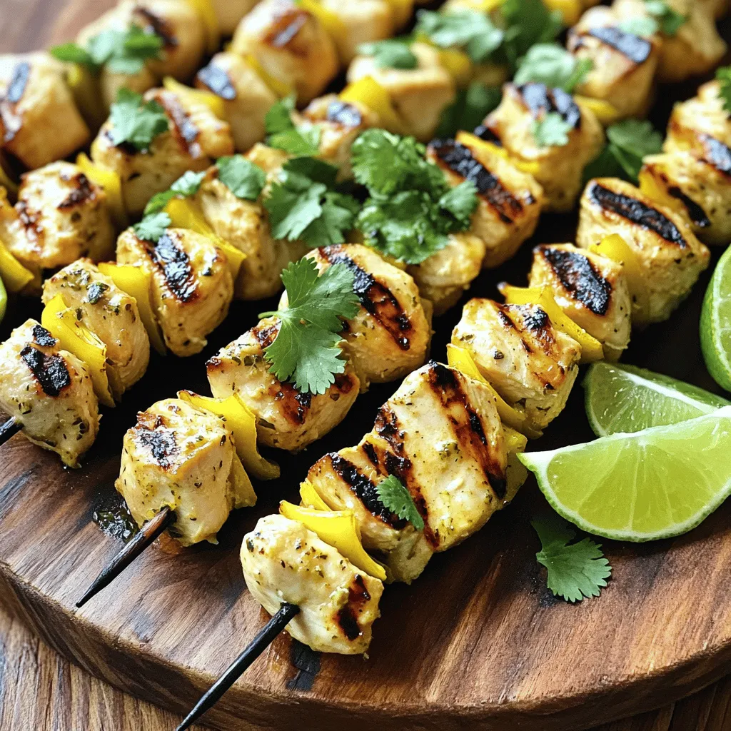 - 1 lb (450g) chicken breast, cut into 1-inch cubes - 1 cup coconut milk - Zest of 1 lime (about 1 tablespoon) - 2 tablespoons fresh lime juice The chicken breast is the star of this dish. It is tender and juicy when grilled. The coconut milk adds a creamy texture and tropical flavor. Lime zest and juice give the skewers a fresh, zesty kick. - 2 cloves garlic, finely minced - 1 teaspoon fresh ginger, grated - 1 tablespoon honey - 1 teaspoon salt - ½ teaspoon freshly cracked black pepper Garlic and ginger bring warmth and depth to the dish. Honey adds a touch of sweetness that balances the tangy lime. Salt and pepper are simple yet essential for enhancing all the flavors. - Wooden or metal skewers (if using wooden skewers, soak in water for 30 minutes) - Grill or grill pan You can choose wooden or metal skewers for this recipe. Soaking wooden skewers prevents them from burning. A grill or grill pan will give your skewers those lovely grill marks and smoky flavor. - Preparing the marinade: In a large bowl, combine 1 cup of coconut milk, the zest of 1 lime, 2 tablespoons of lime juice, 1 tablespoon of honey, 2 minced cloves of garlic, and 1 teaspoon of grated ginger. Add 1 teaspoon of salt and ½ teaspoon of black pepper. Whisk until smooth. - Coating the chicken cubes: Add 1 pound of chicken breast, cut into 1-inch cubes, into the marinade. Make sure each piece is well-coated. Cover the bowl tightly and refrigerate for at least 2 hours. For a stronger flavor, let it marinate overnight. - Preheating the grill: Preheat your grill to medium-high heat. If using a grill pan, warm it up over medium-high heat. - Threading chicken onto skewers: Remove the chicken from the fridge. Thread the marinated chicken cubes onto the skewers, leaving space between each piece for even cooking. - Grilling process: Place the skewers on the grill and cook for about 10-12 minutes. Turn them occasionally to get nice grill marks and even cooking. - Checking for doneness: Use a meat thermometer to check the chicken. It should reach an internal temperature of 165°F (75°C). After grilling, let the skewers rest for 3-5 minutes to keep them juicy. How long to marinate? Marinate the chicken for at least 2 hours. This helps the flavors soak in. For the best results, let it sit overnight. Tips for maximum flavor absorption: Use a large bowl for the marinade. This gives the chicken more space to soak up those tasty flavors. Cut the chicken into 1-inch cubes to help it absorb more marinade. Don't forget to coat each piece well! Recommended grill temperature: Set your grill to medium-high heat. This helps the chicken cook evenly and get those nice grill marks. Avoiding overcooking: Grill the chicken for about 10-12 minutes. Turn the skewers every few minutes. This ensures even cooking. Check the internal temperature. It should reach 165°F (75°C) for safety. Presentation tips: Serve the skewers on a big platter. Drizzle any leftover marinade on top for added flavor. Garnish with lime wedges and fresh cilantro. This makes the dish look more inviting. Pairing ideas with sides and beverages: These skewers pair well with fresh salads or rice. Serve with a cold drink like lemonade or coconut water. These add a refreshing touch to your meal! {{image_4}} You can switch chicken for shrimp or tofu. Shrimp cooks fast and has a nice, sweet flavor. Just marinate and thread them on a skewer like chicken. Tofu is a great choice for a meat-free meal. Use firm tofu and press it to remove extra water before marinating. This helps it soak up flavors. You can also try using pork. Cut pork tenderloin into cubes and follow the same marinating steps. Pork adds a rich taste, making the skewers even more delicious. To add more flavor, think about spices or herbs. For a kick, try adding chili powder or cumin. Fresh herbs, like basil or mint, can also enhance the dish. You can mix and match to find your favorite taste. Another way to change the flavor is by using different marinades. You could try a teriyaki or peanut sauce. Each one gives a new twist to your skewers. Just make sure to keep the coconut milk and lime for a creamy base. If you want to cook without a grill, you can bake the skewers in the oven. Preheat your oven to 400°F (200°C). Place the skewers on a lined baking sheet. Bake for about 15-20 minutes, turning halfway. You’ll get tender chicken with a nice crust. For a quicker method, try air frying. Set your air fryer to 400°F (200°C). Cook the skewers for about 10-12 minutes. This method gives you crispy edges while keeping the meat juicy. Both methods are easy and tasty alternatives to grilling. To keep Coconut Lime Chicken Skewers fresh, store them properly. First, let the skewers cool to room temperature. Then, place them in an airtight container. This helps keep the chicken moist and flavorful. - Refrigeration methods: Store the skewers in the fridge for up to 3 days. Make sure the container is sealed well. This prevents any odors from other foods from affecting the chicken. - Freezing tips: For longer storage, you can freeze the skewers. Wrap them tightly in plastic wrap or aluminum foil. Place the wrapped skewers in a freezer-safe bag. They can last about 2 months in the freezer. When ready to eat, thaw in the fridge overnight before reheating. When it's time to enjoy your leftovers, you want to keep them tasty. - Best methods for reheating skewers: The best way to reheat chicken skewers is on the grill or in a skillet. This helps them regain some of that grilled flavor. You can also use the oven. Preheat it to 350°F (175°C) and heat for about 10-15 minutes. - Keeping texture and flavor intact: Cover the skewers with foil while reheating. This traps moisture and keeps the chicken juicy. Avoid using the microwave, as it can make the chicken rubbery. Knowing how long your leftovers last is key. - How long can leftovers last in the fridge or freezer: In the fridge, the skewers stay good for up to 3 days. If frozen, they can last for about 2 months. Just remember to label your bags with the date. This helps you keep track of how long they’ve been stored. To check if the chicken is done, use a meat thermometer. The chicken should reach 165°F (75°C). Look for clear juices when you cut into it. The meat should no longer be pink inside. If you see these signs, your chicken is ready to eat! Yes, you can pre-marinate the chicken. I recommend marinating for at least 2 hours. For the best flavor, let it sit overnight. This gives the chicken time to soak up all the tasty flavors from the coconut and lime. Absolutely! If it’s too cold to grill outside, you can cook these skewers in your oven. Preheat your oven to 400°F (200°C) and place the skewers on a baking sheet. Bake for about 15-20 minutes, turning halfway through. You can also use an air fryer for a quick and easy option. This article explored making Coconut Lime Chicken Skewers. We discussed key ingredients like chicken, coconut milk, and lime. I shared tips on marinating, grilling, and serving these tasty skewers. We also looked at variations and helpful storage methods. In summary, try this simple recipe for a delightful meal. It's fun to cook and share with friends. Enjoy experimenting with flavors, and don’t forget to savor every bite!