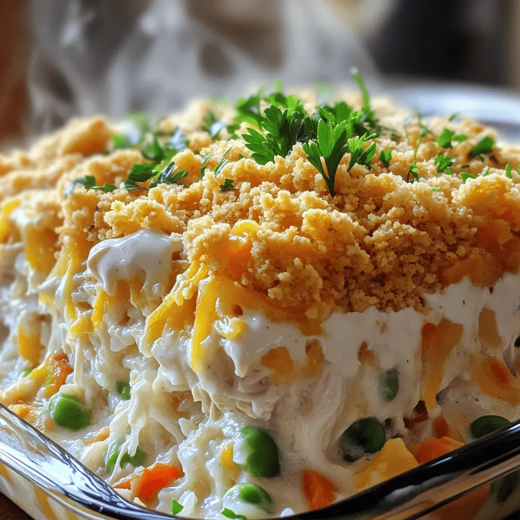 - 3 cups cooked chicken, shredded - 1 can (10.5 oz) cream of chicken soup - 1 cup shredded cheddar cheese These three main ingredients form the base of the Million Dollar Chicken Casserole. Cooked chicken adds protein and flavor. Cream of chicken soup gives it a rich, creamy texture. Cheddar cheese brings a cheesy, savory taste that everyone loves. - 1 cup frozen mixed vegetables (peas, carrots, corn) - 1 teaspoon garlic powder - 1 teaspoon onion powder - 1 teaspoon dried thyme - Salt and black pepper to taste You can add frozen mixed vegetables for extra nutrition and color. Garlic powder, onion powder, and dried thyme boost the flavor. Season with salt and pepper to match your taste. - 1 cup crushed buttery crackers (like Ritz) - 2 tablespoons melted butter The topping is key for a crunchy finish. Crush buttery crackers and mix them with melted butter. This mix creates a golden-brown layer that contrasts nicely with the creamy casserole underneath. 1. Preheat your oven to 350°F (175°C). This step warms the oven for even cooking. 2. Grease a 9x13 inch baking dish with non-stick spray. This prevents sticking and makes serving easier. 1. In a big bowl, mix together 3 cups of shredded cooked chicken and 1 cup of cooked white rice. 2. Add 1 can of cream of chicken soup and 1 cup of sour cream. 3. Stir in 1 cup of shredded cheddar cheese and 1 cup of frozen mixed vegetables. 4. Sprinkle in 1 teaspoon each of garlic powder, onion powder, and dried thyme. 5. Season with salt and black pepper to taste. Mix everything well until combined. 1. In a small bowl, combine 1 cup of crushed buttery crackers with 2 tablespoons of melted butter. 2. Mix until the crackers are coated. This topping adds a nice crunch. 3. Sprinkle the cracker mixture over the top of the casserole evenly. 4. Bake in the preheated oven for 25-30 minutes. Look for a bubbly center and a golden topping. 5. Once baked, take it out of the oven and let it cool for a few minutes before serving. - Ensuring the casserole is creamy To keep your casserole creamy, use sour cream and cream of chicken soup. Mix them well with shredded chicken, rice, and cheese. This combo adds moisture and flavor. Bake it until it's hot and bubbly to lock in that creaminess. - Achieving the perfect topping crunch Use crushed buttery crackers for a crunchy topping. Mix them with melted butter before you sprinkle them on top. This ensures each bite has that delightful crunch. Bake until golden brown for the best texture. - Best sides to pair Serve the casserole with a light side salad. A crisp green salad balances the creamy dish. You can also add steamed veggies for extra color and nutrients. They will complement the flavors nicely. - Presentation ideas Garnish the casserole with fresh parsley for a pop of color. A sprinkle of herbs makes it look fancy. Serve it in the baking dish for a rustic touch. This keeps things simple and easy. - How to prep in advance You can mix all the casserole ingredients a day before. Store it covered in the fridge. Just bake it when you're ready to eat. This saves time on busy days. - Storing leftovers Store any leftovers in an airtight container. They will last in the fridge for up to three days. Reheat in the oven or microwave. Enjoy the flavors again without much fuss. {{image_4}} You can change the veggies in this dish easily. Instead of frozen mixed vegetables, try fresh broccoli, bell peppers, or spinach. Each swap adds a unique taste and color. For protein, you can use turkey or even tofu. If you like seafood, cooked shrimp works well too. Each choice gives a new flavor twist. If you need gluten-free options, choose gluten-free crackers for the topping. You can also use gluten-free soup. This way, everyone can enjoy the dish. For a lower-calorie dish, consider using low-fat sour cream and cheese. You can also cut back on the crackers or skip them. This helps lighten the meal without losing flavor. Adding herbs and spices can lift the taste even more. Try mixing in fresh parsley, basil, or oregano. These herbs bring a fresh vibe to your casserole. You can also change the cheese. Instead of cheddar, use mozzarella or pepper jack. Each cheese brings its own unique flavor and texture. To store your Million Dollar Chicken Casserole, let it cool first. Once cool, cover it with plastic wrap or foil. This keeps it fresh. You can also use an airtight container for better storage. In the fridge, it lasts about 3 to 4 days. Just reheat it before serving. You can freeze this casserole too! To do this, let it cool completely. Then, wrap it tightly in plastic wrap and foil. This prevents freezer burn. It can stay in the freezer for up to 3 months. When you're ready to eat, thaw it overnight in the fridge. Reheat it in the oven at 350°F (175°C) until hot all the way through. Leftovers are great! You can serve them as is, or get creative. Try adding the casserole to a wrap with fresh greens. You can also make a savory chicken quesadilla using the leftovers. Another fun idea is to mix it into a soup for a hearty meal. Enjoy your tasty creations! To make a vegetarian version, you can swap out the cooked chicken. Use 3 cups of cooked mushrooms or chopped cauliflower instead. These add nice texture and flavor. You can also use vegetable broth instead of cream of chicken soup. Here are the ingredients to substitute: - 3 cups cooked mushrooms or chopped cauliflower (instead of chicken) - 1 can (10.5 oz) cream of mushroom soup (instead of cream of chicken soup) - 1 cup cooked white rice (keep this) - 1 cup sour cream (keep this) - 1 cup shredded cheddar cheese (keep this) - 1 cup frozen mixed vegetables (peas, carrots, corn) (keep this) - 1 teaspoon garlic powder (keep this) - 1 teaspoon onion powder (keep this) - 1 teaspoon dried thyme (keep this) - Salt and black pepper to taste (keep this) - 1 cup crushed buttery crackers (like Ritz) (keep this) - 2 tablespoons melted butter (keep this) This gives you a rich and creamy casserole without meat. Yes, you can use rotisserie chicken. It saves time and adds great flavor. The chicken is already cooked and seasoned. Just shred it and add it to your mix. Here are the benefits of using rotisserie chicken: - Quick and easy: No cooking required. - Flavorful: Already seasoned, adding depth to your dish. - Tender: Provides a nice texture in the casserole. - Saves time: Reduces prep and cooking time. To complement your casserole, serve it with fresh sides. A crisp green salad is a great option. It adds crunch and lightness. You can also try these side dishes: - Garlic bread: Perfect for soaking up creamy sauce. - Steamed broccoli: Adds color and nutrients. - Mashed potatoes: Great for a hearty meal. - Roasted vegetables: Brings out natural sweetness. These sides balance the richness of the casserole and make your meal complete. You learned how to make the Million Dollar Chicken Casserole. We covered the main ingredients, tips, and variations. You can easily change it to fit your taste and needs. Don't forget to store leftovers properly to enjoy later. This dish is not only easy but also perfect for sharing. You can impress your friends and family with your skills. Try different ingredients to make it your own. Enjoy every bite!