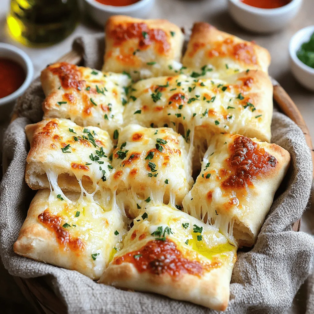 - 2 cups all-purpose flour - 1 tablespoon baking powder - 1 teaspoon salt - 1 teaspoon garlic powder - 1 cup milk (whole or 2% recommended) - 1/4 cup olive oil (plus extra for brushing) - 1 1/2 cups shredded mozzarella cheese - 1/2 cup grated Parmesan cheese - 3 tablespoons fresh parsley, finely chopped - 3 cloves garlic, minced (plus additional for brushing) To make cheesy garlic pull-apart flatbread, gather these ingredients first. The dry ingredients create a nice base for the dough. Flour, baking powder, salt, and garlic powder all mix well together. Next, we add the wet ingredients. Milk adds moisture, while olive oil gives richness. Together, they make the dough soft and tasty. Now for the cheese and aromatics. Mozzarella brings stretchiness, while Parmesan adds a sharp taste. Fresh parsley gives color and a fresh flavor. Lastly, garlic adds that zesty kick we all love. When you have all these ingredients, you're ready to create a delicious flatbread. Each bite will be cheesy and full of garlic goodness! 1. Preheat your oven to 375°F (190°C). Line a baking sheet with parchment paper. 2. In a big bowl, mix 2 cups of all-purpose flour, 1 tablespoon of baking powder, 1 teaspoon of salt, and 1 teaspoon of garlic powder. Stir until combined. 3. Make a well in the center of your dry mix. Pour in 1 cup of milk and 1/4 cup of olive oil. Use a wooden spoon to mix until the dough starts to come together. 4. Move the dough to a floured surface. Knead it gently for about 2 minutes. You want it smooth and elastic. 1. Roll the dough into a rectangle about 1/2 inch thick using a rolling pin. 2. Cut the dough into strips that are 1 inch wide. Stack the strips and cut them into 1-inch squares. 3. In a bowl, mix 1 1/2 cups of shredded mozzarella cheese, 1/2 cup of grated Parmesan cheese, 3 tablespoons of finely chopped parsley, and 3 cloves of minced garlic. This will be your cheese filling. 4. Take a dough square and place a spoonful of the cheese mix in the center. Fold the corners over to cover the filling. Do this for all the squares. 1. Place the filled dough squares in the baking dish. Let them overlap a bit for a nice pull-apart look. 2. Mix additional minced garlic with 1 tablespoon of olive oil in a small bowl. Brush this mix over the top of the dough. 3. Bake in the preheated oven for 20-25 minutes. Watch until the flatbread is golden brown and the cheese bubbles. 4. Let the flatbread cool for a few minutes before serving. This way, the cheese won’t burn your mouth. To get the best pull-apart flatbread, knead the dough gently. I knead it for just two minutes until it feels smooth. This short kneading helps keep the dough soft. Next, roll the dough to about 1/2 inch thick. If the dough is too thick, it won’t cook well. Too thin, and it may get tough. Aim for an even thickness. This way, every piece bakes perfectly. Want to add more flavor? Try mixing in herbs like rosemary or thyme. They add a nice touch. For spices, a pinch of red pepper flakes can give it a kick. Cheese is key! Instead of just mozzarella, mix in cheddar or gouda. You can even add feta for a tangy twist. Experiment with your favorite cheeses to find your perfect blend. Presentation matters! Serve the flatbread warm in a nice basket lined with a cloth. It looks rustic and inviting. Pair it with small bowls of marinara sauce or herb-infused olive oil for dipping. This adds flavor and makes your dish pop. Your guests will love both the taste and the look! {{image_4}} You can mix up the cheeses in this recipe. Cheddar adds a sharp flavor. Gouda brings a creamy texture. Feta gives a salty kick that is hard to resist. You can also use flavored cream cheese. Herb or garlic cream cheese can add an extra layer of taste. Feel free to experiment with herbs. Rosemary and thyme are great choices. They can add a fragrant touch. You can also add spices for a little heat. Crushed red pepper or smoked paprika can spice things up nicely. Don’t be afraid to get creative and find your favorite mix. If you need gluten-free options, use gluten-free flour blends. They can work well in this recipe. For those who prefer vegan dishes, vegan cheese can substitute for the dairy. There are many tasty vegan cheeses available that melt nicely. This way, everyone can enjoy cheesy garlic pull-apart flatbread! To keep your cheesy garlic pull-apart flatbread fresh, store it properly. First, let it cool down completely. Then, place the leftover flatbread in an airtight container. This helps prevent it from drying out. If you don't have a container, you can wrap it tightly in plastic wrap. Make sure to keep it in a cool, dark place, like your pantry. - Use airtight containers for storage. - Wrap tightly in plastic wrap if no container is available. When you want to enjoy your flatbread again, reheating is key. The best way to reheat it is in the oven. This method helps retain its crispiness. Preheat your oven to 350°F (175°C). Place the flatbread on a baking sheet and heat for about 10-15 minutes. You can use a microwave too, but it might make the bread soggy. If you choose the microwave, heat it in short bursts of 15 seconds. Check often to avoid overcooking. - Oven method keeps it crispy. - Microwave method is quick but may make it soggy. Yes, you can freeze your cheesy garlic pull-apart flatbread! To do this, wrap it tightly in plastic wrap or aluminum foil. Place it in a freezer-safe bag. It can last up to three months in the freezer. When you're ready to eat it, thaw it in the fridge overnight. If you want it warm, you can reheat it in the oven right after thawing. - Wrap well and use freezer-safe bags. - Thaw in the fridge overnight before reheating. Cheesy garlic pull-apart flatbread stays fresh for about 2 to 3 days. Store it in an airtight container at room temperature. If you want it to last longer, keep it in the fridge. This will help keep it fresh for up to a week. If you see any signs of mold or an off smell, it’s best to toss it out. Yes, you can prepare the dough ahead of time. Make the dough and shape it into squares. Then, place the squares in a covered dish in the fridge. You can keep it there for up to 24 hours. When you are ready to bake, let it sit at room temperature for about 30 minutes before baking. This helps the dough rise better. Absolutely! If you want to skip the garlic, try using herbs like Italian seasoning or oregano. You can also add some chopped sun-dried tomatoes for a different flavor. Just remember, the cheese will still shine through, so you can keep it cheesy and delicious! In this blog post, we covered how to make cheesy garlic pull-apart flatbread. I shared the ingredients, step-by-step instructions, tips for perfect texture, and tasty variations. Remember, you can use different cheeses and herbs to customize your flatbread. Whether you store it or share it fresh from the oven, this recipe ensures enjoyment. I hope you feel inspired to try this easy yet delicious dish!