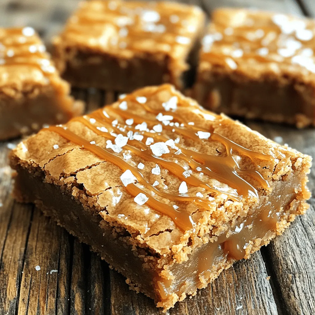 To make the best Brown Butter Salted Caramel Blondies, gather these key ingredients: - 1 cup (2 sticks) unsalted butter - 1 cup packed brown sugar - 1/2 cup granulated sugar - 2 large eggs - 1 teaspoon vanilla extract - 2 cups all-purpose flour - 1 teaspoon baking powder - 1/2 teaspoon salt - 1 cup salted caramel sauce (store-bought or homemade) - Flaky sea salt for topping These ingredients come together to create a rich, gooey treat. The unsalted butter is essential for browning, giving depth to the flavor. The brown sugar adds moisture and a lovely caramel note, while granulated sugar helps the blondies rise. Eggs serve as a binder, providing structure. Vanilla extract brightens the taste, and all-purpose flour gives the blondies their soft texture. Baking powder helps them rise, while salt balances the sweetness. The salted caramel sauce adds a luscious layer of flavor. Finally, the flaky sea salt on top enhances every bite, making these blondies truly irresistible. Each ingredient plays a vital role. By choosing quality ingredients, you elevate the dish. Enjoy the magic these simple items create when combined! Start by preheating your oven to 350°F (175°C). This helps the blondies bake evenly. Next, prepare a 9x13 inch baking pan. Line it with parchment paper. Let some of the paper hang over the edges. This makes lifting the blondies out easy later. Now, let's brown the butter. In a medium saucepan, melt 1 cup of unsalted butter over medium heat. Stir it often. Watch for it to turn golden brown. This should take about 5-7 minutes. It will smell nutty and delicious. Once it reaches this point, remove it from the heat and let it cool for a few minutes. In a large mixing bowl, combine the browned butter with 1 cup packed brown sugar and 1/2 cup granulated sugar. Mix them well until they blend smoothly. Next, add 2 large eggs, one at a time. Beat well after each egg. Stir in 1 teaspoon of vanilla extract, ensuring everything is mixed evenly. In a separate bowl, whisk together 2 cups of all-purpose flour, 1 teaspoon baking powder, and 1/2 teaspoon salt. Gradually add this dry mix to the wet ingredients. Stir gently until just combined. It’s okay if the batter has a few small lumps. Do not overmix. Now, it's time to add the caramel. Carefully fold in 1 cup of salted caramel sauce into the batter. Remember to save a few tablespoons for later. This creates a rich flavor without overmixing. Transfer the blondie batter into your prepared pan. Smooth it out evenly. Spoon the reserved caramel sauce on top, then swirl it through the batter with a knife or skewer. Place the pan in the preheated oven. Bake for 25-30 minutes. They’re done when a toothpick in the center comes out with a few moist crumbs. Let the blondies cool in the pan for about 15 minutes. Use the parchment paper to lift them out. Transfer them to a wire rack to cool completely before cutting into squares. To get the right texture in your blondies, do not overmix the batter. When you combine the wet and dry ingredients, mix until just blended. A few small lumps are okay. Overmixing can lead to tough blondies. You want them soft and chewy, not dense. To boost the flavor of your blondies, consider adding some extras. Chopped nuts, like walnuts or pecans, give a nice crunch. You can also mix in chocolate chips for a sweet surprise. For a fun twist, add a pinch of cinnamon or nutmeg. These spices can warm up the flavor profile. When browning butter, watch it closely. It can go from brown to burnt very fast. Stir it often and take it off the heat when it smells nutty and turns golden brown. Also, for even baking, make sure your oven is fully preheated. Always use a toothpick to check for doneness; it should come out with a few moist crumbs. {{image_4}} You can add a delightful crunch to your blondies. Just toss in chopped walnuts or pecans. These nuts give a great texture and flavor. They pair nicely with the sweet caramel. For a sweet twist, fold in some chocolate chips. Dark, milk, or even white chocolate chips work well. They melt and create pockets of gooey goodness in each bite. Change things up with seasonal spices. In fall, add cinnamon or nutmeg for warmth. These spices enhance the caramel and add a cozy flavor. Think of the holidays as you enjoy these treats. To keep your blondies fresh, store them in an airtight container. This helps prevent them from drying out. You can also place a slice of bread in the container. The bread adds moisture and keeps the blondies soft. If you want to keep them even longer, consider wrapping them in plastic wrap before placing them in the container. Freezing blondies is easy. First, let them cool completely. Then, cut them into squares. Wrap each square tightly in plastic wrap. Place the wrapped blondies in a freezer bag. Remove as much air as possible before sealing. To thaw, take them out of the freezer and let them sit at room temperature for about an hour. You can also warm them in the microwave for a few seconds. When stored correctly, blondies last about one week at room temperature. If you refrigerate them, they can stay fresh for up to two weeks. In the freezer, they can last up to three months. Just make sure to check for any signs of freezer burn before enjoying them. Yes, you can use alternative sweeteners. White sugar works well, but the taste will change. You might also try coconut sugar or maple syrup for a different flavor. Just remember, these options can change the texture a bit. Adjust the amounts based on sweetness levels. To cut blondies neatly, use a sharp knife. Spray or coat it with cooking spray for a smooth cut. Start by marking where you want to cut. Cut straight down without sawing. This helps keep the edges clean. If they stick, warm the knife slightly or wipe it clean between cuts. Look for a golden brown top and edges. The center should look slightly set but not dry. A toothpick test is best. Insert it into the center; it should come out with a few moist crumbs. If it’s wet with batter, give it more time. Keep an eye on them to avoid overbaking. You’ve learned how to make delicious blondies with simple steps and key tips. We covered essential ingredients like butter, sugars, and salted caramel for rich flavor. I shared methods to achieve the perfect texture and avoid common mistakes. Feel free to try variations, whether adding nuts or chocolate chips. Store your blondies well to keep them fresh. With these skills, you can wow friends and family with your baking. Enjoy the sweet rewards of your work!