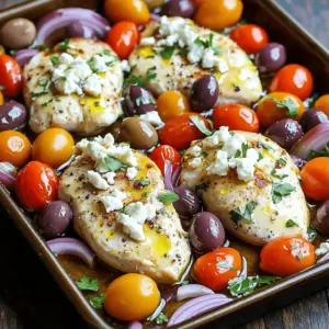 - 4 boneless, skinless chicken breasts - 1 cup cherry tomatoes, halved - 1 medium red onion, sliced into rings - 1 cup Kalamata olives, pitted and halved - 1 block (8 oz) feta cheese, crumbled - 3 tablespoons extra virgin olive oil - 2 tablespoons fresh lemon juice - 4 cloves garlic, finely minced - 1 teaspoon dried oregano - 1 teaspoon smoked paprika - Salt and freshly ground black pepper to taste - Fresh parsley for garnish The main ingredients create a colorful spread for your meal. The chicken gives a solid base. Cherry tomatoes add sweetness, while red onion gives a nice bite. Kalamata olives bring saltiness. Feta cheese adds creaminess, making each bite rich. The marinade is key to flavor. Extra virgin olive oil makes everything juicy. Fresh lemon juice brightens up each bite. Garlic adds depth, while oregano and smoked paprika bring warmth. A pinch of salt and pepper helps the flavors shine. Fresh parsley adds a pop of color and freshness. These ingredients work together to create a balanced dish. The flavors mix well, each one complementing the others. This harmony makes the Sheet-Pan Mediterranean Feta Chicken a memorable meal. - Preheat your oven to 400°F (200°C). - Line a large baking sheet with parchment paper for easy cleanup. - In a mixing bowl, combine: - 3 tablespoons extra virgin olive oil - 2 tablespoons fresh lemon juice - 4 cloves garlic, finely minced - 1 teaspoon dried oregano - 1 teaspoon smoked paprika - Salt and freshly ground black pepper to taste. - Whisk these ingredients together until well mixed. - Take your chicken breasts and coat them in the marinade. - Make sure each piece is fully covered for the best flavor. - Let them marinate for at least 15 minutes at room temperature. - For a stronger flavor, refrigerate the chicken for up to 1 hour. - Once marinated, place the chicken in the center of your prepared baking sheet. - Scatter the following around the chicken: - 1 cup cherry tomatoes, halved - 1 medium red onion, sliced into rings - 1 cup Kalamata olives, pitted and halved. - Generously sprinkle 1 block (8 oz) crumbled feta cheese over the chicken and veggies. - Drizzle a little more olive oil over everything to help with roasting. - Bake in the preheated oven for 25-30 minutes. - Check that the chicken reaches an internal temperature of 165°F (75°C) for doneness. Marinating chicken is key to great taste and tenderness. I suggest marinating for at least 15 minutes. If you can wait, marinate for up to one hour. This lets the flavors soak in well. When seasoning, use a good amount of salt and pepper. This basic step makes a big difference. For even cooking, spread the chicken and veggies out well on the baking sheet. This helps all the food roast nicely. Use extra virgin olive oil to drizzle over everything. It adds flavor and helps with browning. A light coating on the chicken and vegetables goes a long way. For a casual meal, serve straight from the sheet pan. Let everyone help themselves; it feels fun and relaxed. For a more refined look, plate the chicken and vegetables. Drizzle some pan juices on top for extra flavor. Finish with a sprinkle of parsley and some lemon wedges. This adds a nice touch and makes the dish pop visually. {{image_4}} You can switch up the veggies to add your favorites. Try these options: - Bell peppers - Zucchini - Asparagus - Eggplant These choices keep the meal fresh and colorful. You can also change the cheese for a new taste. Use: - Goat cheese - Mozzarella - Ricotta Each cheese brings a unique flavor to your dish. For gluten-free or low-carb meals, this recipe works well. Just skip any bread or grains. You can enjoy all the veggies and chicken without worry. If you want a vegetarian twist, use chickpeas or portobello mushrooms. They provide protein and a hearty bite. Herbs can change the whole dish. Instead of oregano, try: - Thyme - Basil - Rosemary Each herb gives a new taste. If you like heat, add chili flakes or cayenne pepper. This will spice things up and wake up your taste buds! To keep your leftovers fresh, put them in an airtight container. You want to refrigerate them within two hours after cooking. This helps prevent any bacteria from growing. The recommended shelf life for leftovers is three to four days. When you reheat, aim to keep the flavor and texture intact. The oven works best for this dish. Preheat your oven to 350°F (175°C) and place the chicken on a baking sheet. Cover it with foil to keep it moist. Bake for about 15-20 minutes. If you use the microwave, place your chicken on a microwave-safe plate. Heat it in short bursts, checking often to avoid overcooking. To freeze, let the dish cool completely. Then, wrap individual portions tightly in plastic wrap. Place them in a freezer-safe bag or container. This way, you can enjoy them later. When you're ready to eat, thaw in the fridge overnight. Reheat in the oven or microwave as described above. This keeps the flavors fresh and tasty. You can pair this dish with many sides. Here are some tasty options: - Rice: Try fluffy couscous or jasmine rice. - Bread: Fresh pita or crusty baguette works well. - Salad: A simple green salad adds freshness. - Vegetables: Roasted or steamed veggies add color. - Potatoes: Mashed, roasted, or even a warm potato salad. Each of these sides will bring out the flavors of the chicken. Yes, you can prep this meal in advance. Here are some ideas: - Marinate: You can marinate the chicken up to a day before. Just cover it and store it in the fridge. - Chop Veggies: Cut your vegetables a few hours ahead. Store them in the fridge until ready to use. - Cook Ahead: You can bake the dish and store leftovers in the fridge. It stays good for up to three days. This makes it easy for a busy weeknight meal. To check if the chicken is done, use a meat thermometer. Here are the signs of doneness: - Temperature: The chicken should reach 165°F (75°C). - Color: The meat should be white and juices clear. - Texture: It should feel firm and not rubbery. These checks ensure your chicken is safe to eat and perfectly cooked. This recipe for Sheet-Pan Mediterranean Feta Chicken combines fresh ingredients and bold flavors. You learned how to marinate chicken and bake it with cherry tomatoes, olives, and feta. I shared tips for ensuring tenderness and even cooking. You can also explore ingredient swaps and dietary changes to suit your needs. Whether you serve it casually or elegantly, this dish is sure to impress. Remember to store leftovers properly or freeze for future meals. Enjoy the vibrant tastes and make this meal your own!