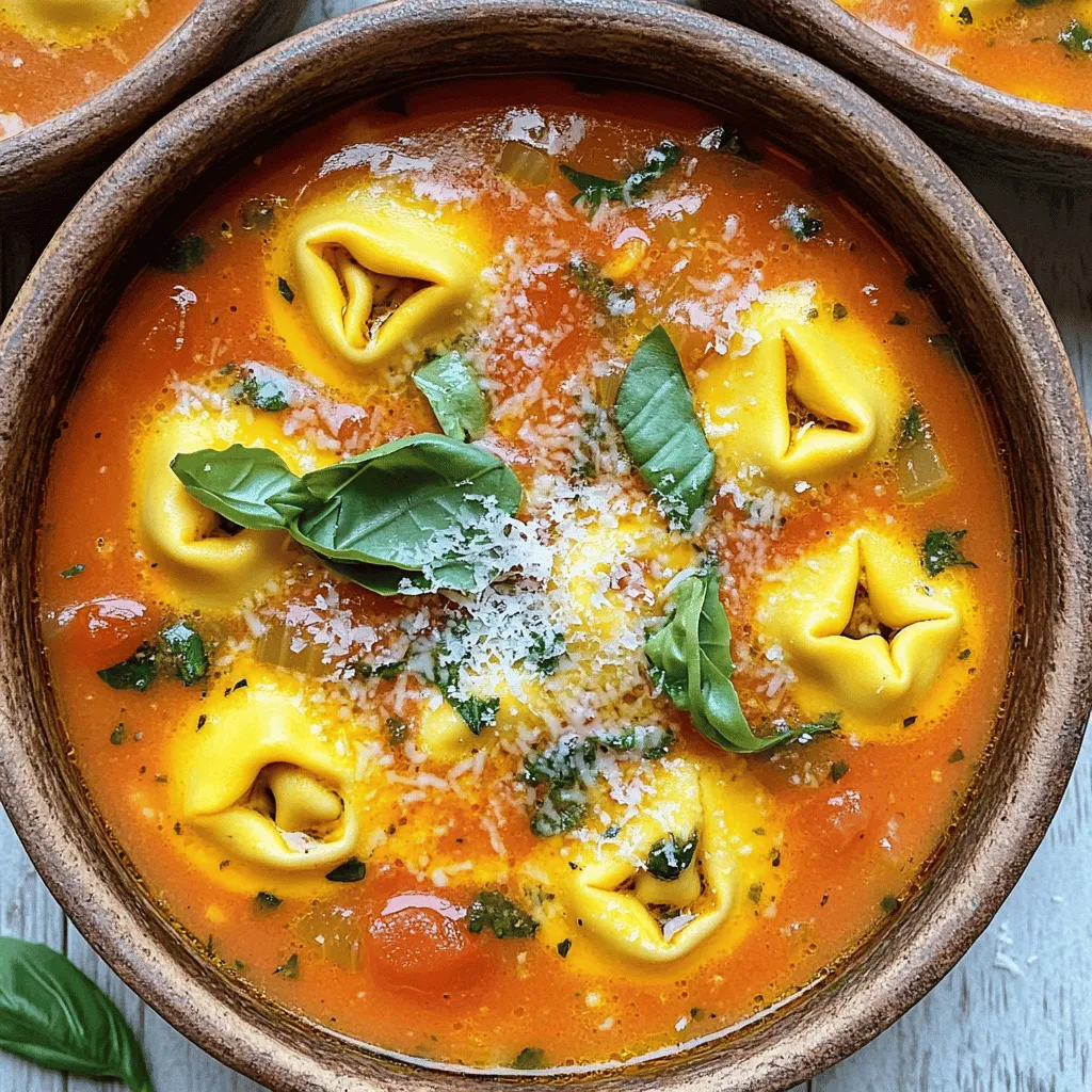 To make a delightful creamy tomato basil tortellini soup, gather these fresh ingredients: - 2 tablespoons olive oil - 1 medium onion, finely diced - 2 cloves garlic, minced - 1 can (28 ounces) crushed tomatoes - 4 cups vegetable broth - 1 teaspoon dried oregano - 1 teaspoon dried basil - Salt and freshly ground black pepper, to taste - 1 package (9 ounces) refrigerated cheese tortellini - 1 cup heavy cream - 1 cup fresh basil leaves, chopped - Grated Parmesan cheese for serving (optional) These simple ingredients create a rich and tasty soup. The olive oil helps to sauté the onion and garlic, adding depth to the flavor. Diced onion softens and sweetens as it cooks. Garlic adds a burst of aroma and taste that makes the soup inviting. Crushed tomatoes and vegetable broth form the soup's base, providing a vibrant color and smooth texture. The dried herbs, oregano and basil, round out the flavor profile. Salt and pepper enhance the taste, while cheese tortellini adds heartiness. Heavy cream brings a luxurious creaminess, making each spoonful comforting. Fresh basil leaves brighten the dish with color and freshness. Finally, grated Parmesan cheese can be added on top for an extra cheesy finish. This combination of ingredients makes the soup a true delight! 1. Heat olive oil and sauté onion Start by pouring two tablespoons of olive oil into a large pot. Heat it over medium heat until it shimmers. Add one medium onion, finely diced. Sauté the onion for about five minutes. You want it soft and slightly translucent. 2. Add garlic and cook until fragrant Next, add two cloves of minced garlic to the pot. Cook for one more minute. The garlic should smell nice but not brown. 1. Add crushed tomatoes and vegetable broth Carefully pour in a 28-ounce can of crushed tomatoes. Then, add four cups of vegetable broth. Stir everything together gently. 2. Season and bring to a gentle boil Now, sprinkle one teaspoon of dried oregano and one teaspoon of dried basil into the pot. Season with salt and freshly ground black pepper to taste. Bring the mixture to a gentle boil while stirring occasionally. 1. Reduce heat and cook tortellini Once the soup is boiling, reduce the heat to a gentle simmer. Add one package of refrigerated cheese tortellini, about nine ounces. Cook it for three to five minutes. The tortellini should be tender and fully cooked. 2. Stir in cream and basil After the tortellini cooks, stir in one cup of heavy cream and one cup of chopped fresh basil leaves. Allow the soup to warm through for another two to three minutes. Avoid a vigorous boil to keep it creamy. To make the best creamy tomato basil tortellini soup, always adjust the seasoning to your taste. Taste as you go! If you want more flavor, add a pinch of salt or a dash of pepper. Once you add the cream, avoid boiling the soup. Boiling can cause the cream to curdle. Instead, keep the heat low and gently warm the soup. This keeps the soup smooth and creamy. Serve the soup in wide, shallow bowls. This makes it look inviting and allows for easy eating. Garnish each bowl with freshly chopped basil. A light drizzle of olive oil adds a beautiful finish. This small touch makes the soup feel special. Enjoy every spoonful! {{image_4}} You can easily switch up your tortellini flavors. Try cheese, spinach, or mushroom tortellini. Each type brings a unique taste to the soup. If you want to replace heavy cream, use half-and-half or coconut milk. Both options keep the soup rich but add a different twist. Adding vegetables can boost nutrition and taste. Spinach adds color and nutrients. Carrots bring sweetness and crunch. Just chop them small and add them when cooking the onion. Spices can kick up the flavor. Try red pepper flakes for heat or smoked paprika for a smoky taste. Add them while sautéing the onion for the best flavor. These variations let you make the soup your own. Enjoy exploring new flavors! After you enjoy your creamy tomato basil tortellini soup, store any leftovers. Use an airtight container for best results. This keeps the soup fresh and tasty. Place it in the fridge right away. The soup stays good for about three to four days. When you’re ready for another bowl, simply reheat it on the stove. Stir it gently to keep it creamy. If you want to save the soup for later, freezing works well. First, let the soup cool completely. Next, pour it into freezer-safe containers. Leave some space at the top, as the soup expands when frozen. Seal the containers tightly and label them with the date. You can freeze the soup for up to three months. To reheat, take it out of the freezer and let it thaw overnight in the fridge. Warm it on a stove over low heat, stirring often. Avoid boiling it again, as this can change the texture. Enjoy your soup anytime you want! Can I use frozen tortellini? Yes, you can use frozen tortellini. Just add them into the soup while it simmers. Cook them for about 5-7 minutes or until they float to the top. This method works great and saves you prep time. Is this soup vegetarian-friendly? Yes, this soup is vegetarian-friendly. It uses vegetable broth and no meat products. You get a rich flavor from the crushed tomatoes and fresh basil. Just check your tortellini to ensure it has no meat. How long does the soup last in the fridge? The soup lasts about 3-4 days in the fridge. Make sure to store it in an airtight container. If you want to keep it longer, consider freezing the soup. This blog post offered a clear guide to making a simple and tasty tortellini soup. We covered the key ingredients, step-by-step cooking instructions, and helpful tips for perfecting your dish. Remember, you can customize it with your favorite flavors and store leftovers easily. Enjoy this warm and hearty soup anytime. Experiment with your choices and share with friends. Your kitchen will smell great, and you'll love every bowl.