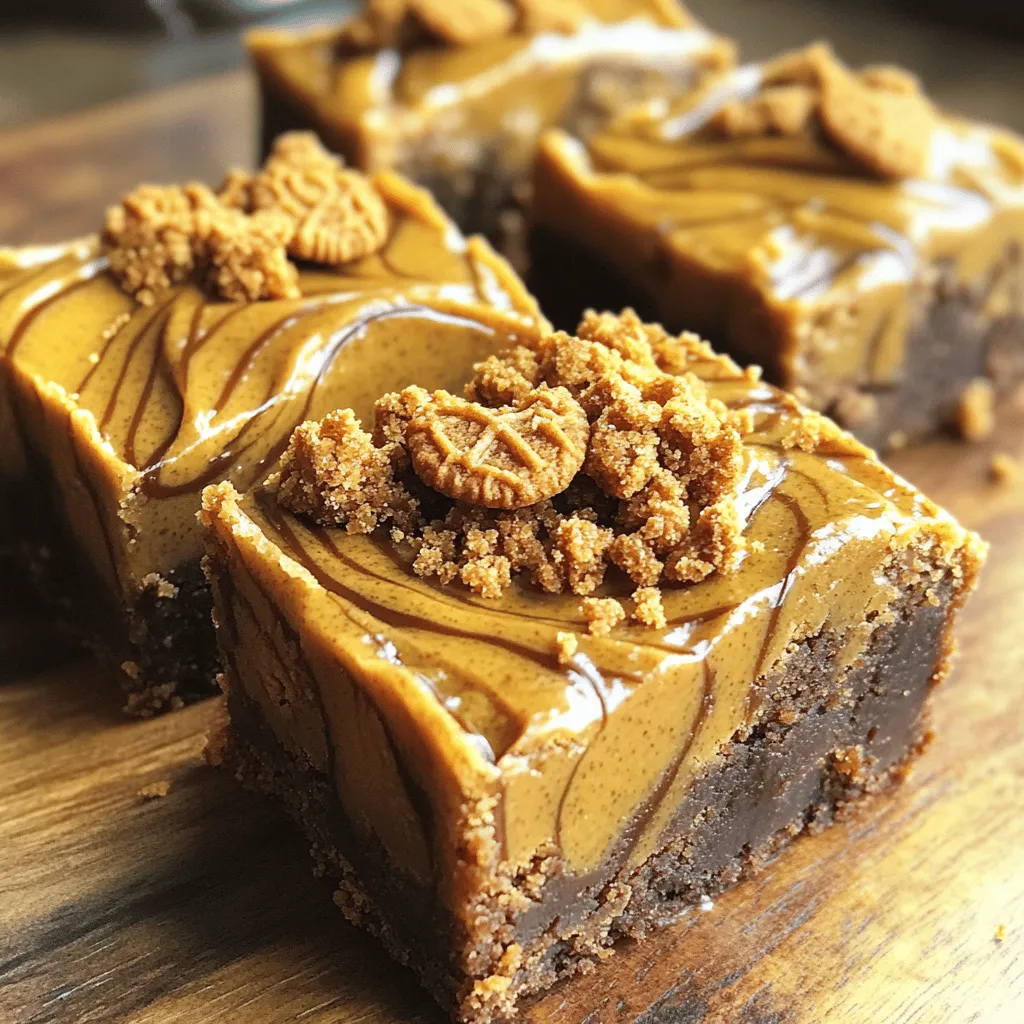 - 1 cup unsalted butter, melted - 1 cup packed brown sugar - 1/2 cup granulated sugar - 2 large eggs - 1 teaspoon vanilla extract - 2 cups all-purpose flour - 1/2 teaspoon baking powder - 1/2 teaspoon baking soda - 1/4 teaspoon salt - 1/2 cup Biscoff spread (plus extra for swirling) - 1/2 cup chocolate chips (optional) - Crushed Biscoff cookies for topping These ingredients create a rich, sweet treat. The unsalted butter gives a smooth base. Brown and granulated sugar add the perfect sweetness. Eggs and vanilla bring moisture and flavor. The flour and leavening agents make the blondies rise and stay soft. Biscoff spread is the star, giving these blondies their unique taste. You can add chocolate chips for extra sweetness. Finally, crushed Biscoff cookies on top add crunch. Each layer of flavor makes these blondies hard to resist. - Preheat your oven to 350°F (175°C). - Line an 8x8 inch baking pan with parchment paper. Let some paper hang over the edges. This helps with easy removal later. - In a large bowl, combine 1 cup of melted unsalted butter with 1 cup of brown sugar and 1/2 cup of granulated sugar. - Whisk until smooth and shiny. - Add 2 large eggs and 1 teaspoon of vanilla extract. - Whisk again until the mixture looks light and creamy. - In another bowl, whisk together 2 cups of all-purpose flour, 1/2 teaspoon of baking powder, 1/2 teaspoon of baking soda, and 1/4 teaspoon of salt. - Make sure everything is mixed evenly. - Gradually add the dry mix to the wet mix. - Stir gently until just combined. Be careful not to overmix. This keeps the blondies tender. - Gently fold in 1/2 cup of Biscoff spread, creating swirls in the batter. - If you like, add 1/2 cup of chocolate chips at this stage for extra flavor. - Transfer the batter to your prepared pan. Smooth it out into an even layer. - Drizzle more Biscoff spread on top and use a knife to create a marbled effect. - Sprinkle crushed Biscoff cookies on top for added crunch. - Bake in the oven for 25-30 minutes. Check doneness by inserting a toothpick. It should come out with a few moist crumbs. - Allow the blondies to cool in the pan for 10 minutes. Use the parchment paper to lift them out. Let them cool completely on a wire rack. Check for doneness by looking at the edges. They should be set and firm. The center may still look slightly soft. Insert a toothpick in the middle. If it comes out with a few moist crumbs, your blondies are perfect. Avoid overbaking; they’ll harden as they cool. To get a great swirl, add Biscoff spread on top of the batter. Use a knife or skewer to swirl gently. Don’t mix it in completely. You want nice ribbons of spread throughout. This adds flavor and a beautiful look. For a great presentation, place blondies on a nice platter. Top them with more crushed Biscoff cookies and a drizzle of Biscoff spread. It makes your dessert look fancy. Pair these blondies with coffee or tea. The warm flavors mix well together. A scoop of vanilla ice cream also adds a creamy touch. Enjoy your treat! {{image_4}} You can add different types of chocolate to your Biscoff blondies. Dark, milk, or even white chocolate can work well. These choices change the taste and add a new layer of flavor. Nuts or seeds can also enhance your blondies. Try chopped walnuts, pecans, or even sunflower seeds. They add nice texture and crunch. Just fold them in when you mix in the Biscoff spread. Using different spreads gives you fun options. Nutella or peanut butter can replace Biscoff spread. Each choice brings its own unique taste to the blondies. You can also try other cookie toppings. Crushed Oreos or graham crackers can add a new twist. They bring different flavors and textures, making your blondies even more exciting. If you want gluten-free blondies, use alternatives for flour. Almond flour or coconut flour are great choices. Just make sure to adjust the amounts since these flours behave differently. Using gluten-free flour blends is another option. These blends often work well in baking, keeping your blondies soft and tasty. After baking, let the blondies cool in the pan for about 10 minutes. Use the parchment paper to lift them out. Place them on a wire rack to cool completely. This step helps the blondies set and makes slicing easier. Wait until they cool down, or they might crumble when you cut them. To keep your Biscoff blondies fresh, store them in an airtight container. Place a piece of parchment paper between layers to prevent sticking. They can last for up to five days at room temperature. For longer storage, wrap them tightly in plastic wrap. You can also freeze them. Just place them in a freezer-safe container. They will stay good for up to three months. To warm up your blondies, preheat your oven to 350°F (175°C). Place the blondies on a baking sheet. Heat them for about 5-10 minutes. This method keeps them soft and tasty. You can also microwave a single piece for about 10-15 seconds for a quick warm-up. Enjoy them fresh, just like they came out of the oven! Biscoff blondies are a sweet treat made with Biscoff spread. They are soft, chewy, and full of rich flavor. The base is buttery and sweet, with a hint of caramel. You get a nice swirl of Biscoff spread throughout, making every bite special. Topped with crushed Biscoff cookies, they add a fun crunch. Yes, you can make these blondies vegan with a few swaps. Use plant-based butter instead of regular butter. For eggs, try using flax eggs or applesauce. Both options work well to keep the texture soft. Make sure your Biscoff spread is vegan too, as some brands may contain honey. To store leftover blondies, let them cool completely. Place them in an airtight container. They can last up to a week at room temperature. If you want to keep them longer, freeze them. Wrap each blondie in plastic wrap, then place in a freezer bag. They’ll stay fresh for up to three months. Yes, you can swap Biscoff cookies for other types. Try using Oreos, chocolate chip cookies, or peanut butter cookies. Each option will change the flavor but still create a tasty treat. Just remember to adjust the toppings if needed. You can still use the same method for swirling the spread. The ideal baking time for blondies is 25 to 30 minutes. Keep an eye on them as they bake. You want the edges set, but the center should still be a bit soft. A toothpick should come out with a few moist crumbs. This ensures your blondies stay chewy and not dry. In this blog post, we shared a simple guide to making delicious Biscoff blondies. You learned about key ingredients, step-by-step instructions, and tips for perfecting your bake. I discussed fun variations, storage info, and answered common questions about blondies. Remember, perfect blondies have a soft center and great flavor. Experiment with different spreads or add-ins to make them your own. Enjoy sharing these treats with friends and family—they’re sure to impress!