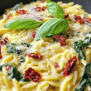 To make creamy sun-dried tomato orzo with spinach, gather these simple ingredients: - 1 cup orzo pasta - 1 cup vegetable broth - 1 cup heavy cream - 1/2 cup sun-dried tomatoes, chopped - 2 cups fresh spinach, roughly chopped - 1/2 cup grated Parmesan cheese - 2 cloves garlic, minced - 2 tablespoons extra virgin olive oil - Salt and pepper to taste - Fresh basil leaves for garnish If you need to swap some items, here are great options: - Orzo pasta: You can use any small pasta, like couscous or ditalini. - Vegetable broth: Chicken broth works well if you prefer. - Heavy cream: Use coconut cream for a lighter option. - Sun-dried tomatoes: Fresh tomatoes can replace them but will alter the flavor. - Spinach: Kale or arugula will give a different taste and texture. This dish is rich and filling. Here’s a general look at its nutritional value per serving: - Calories: Around 400 - Protein: 12g - Carbohydrates: 50g - Fats: 18g - Fiber: 3g This meal is comforting and delicious. Enjoy every bite! Start by gathering all your ingredients. This makes cooking easier and fun. You will need: - 1 cup orzo pasta - 1 cup vegetable broth - 1 cup heavy cream - 1/2 cup sun-dried tomatoes, chopped - 2 cups fresh spinach, roughly chopped - 1/2 cup grated Parmesan cheese - 2 cloves garlic, minced - 2 tablespoons extra virgin olive oil - Salt and pepper to taste - Fresh basil leaves for garnish Make sure your kitchen tools are ready. You will need a large saucepan and a stirring spoon. 1. Heat the oil: In your large saucepan, add the extra virgin olive oil. Turn the heat to medium and wait until it shimmers. 2. Sauté the garlic: Add minced garlic to the oil. Stir frequently for about 1 minute. You want the garlic fragrant but not brown. 3. Add sun-dried tomatoes: Mix in the chopped sun-dried tomatoes. Cook for 2-3 minutes to release their flavors into the oil. 4. Incorporate orzo: Add the orzo pasta to the pan. Stir well to coat the pasta with the oil and tomato mix. 5. Pour in broth: Add the vegetable broth and bring the mix to a gentle boil. Once boiling, lower the heat and cover. Let it simmer for about 10 minutes until the orzo is soft and absorbs most liquid. 6. Stir in cream and cheese: Add heavy cream and grated Parmesan cheese. Mix until the cheese melts and the sauce becomes creamy. 7. Fold in spinach: Gently mix in the chopped spinach. Let it wilt for 2-3 minutes. Season with salt and pepper to taste. 8. Thicken the sauce: Remove from heat and let it sit for a couple of minutes. This helps the sauce thicken. 9. Serve: Finally, serve the orzo warm, garnished with fresh basil leaves for added flavor. To make your dish as creamy as possible, follow these tips: - Use heavy cream. It gives the best creaminess. - Stir constantly when adding cheese. This ensures a smooth sauce. - Let the orzo sit after cooking. This helps it absorb extra cream. - Adjust the heat. Too high can make the sauce separate. Keep it low and slow for best results. These steps will help you create a rich and creamy dish that everyone will enjoy. To cook orzo perfectly, follow these tips: - Use plenty of water. This helps prevent sticking. - Add salt to the boiling water for flavor. - Stir the orzo often while it cooks. This keeps it from clumping together. - Taste the orzo a minute before the time is up. It should be tender but firm. To make your dish even tastier, try these ideas: - Add a squeeze of lemon juice for a fresh kick. - Toss in red pepper flakes for a touch of heat. - Mix in herbs like thyme or oregano for more depth. - You can also add more cheese for extra creaminess. Here are some pitfalls to watch for: - Don’t rush the cooking time. Let the orzo absorb the broth fully. - Avoid overcooking the spinach. It should wilt but stay bright green. - Don’t skip seasoning. Salt and pepper are key for flavor. - Lastly, make sure to stir well after adding cream and cheese. This ensures every bite is creamy and delicious. {{image_4}} You can easily make this dish vegetarian. Just use vegetable broth and skip the cheese, or swap in a plant-based cheese. For a vegan version, replace heavy cream with coconut cream or cashew cream. This keeps the dish creamy and rich without dairy. Want to boost nutrition? Add cooked chicken or shrimp for protein. You can also toss in other veggies, like bell peppers or zucchini. These add color and flavor. If you like heat, sprinkle in some red pepper flakes for a kick. Looking for a twist? Try adding pesto instead of the creamy sauce. It brings a fresh taste and bright color. You can also use a simple tomato sauce for a lighter option. For a tangy flavor, mix in some lemon juice or zest. This adds brightness and lifts the whole dish. To keep your creamy sun-dried tomato orzo fresh, let it cool first. Then, place it in an airtight container. Store it in the fridge for up to three days. This helps maintain its creamy texture and flavor. If you notice any liquid separation, just stir it well before serving. When it's time to enjoy your leftovers, reheat them on the stove. Add a splash of vegetable broth or cream for moisture. Heat over low to medium heat, stirring often until warm. You can also use the microwave. Just cover it loosely and heat in short bursts, stirring in between. This keeps the dish creamy and prevents it from drying out. You can freeze creamy sun-dried tomato orzo, but it may change texture. Let it cool completely before freezing. Place it in a freezer-safe container or bag. It can last for up to three months in the freezer. When you're ready to eat, thaw it in the fridge overnight. Then reheat it gently, adding cream or broth to restore creaminess. Avoid freezing with fresh spinach since it can become soggy when thawed. Yes, you can make this recipe gluten-free. Use gluten-free orzo pasta instead of regular orzo. Be sure to check the label to confirm it is certified gluten-free. The cooking process remains the same, and the dish will still taste great. You can use several options instead of heavy cream. Try coconut cream for a dairy-free choice. You can also use cashew cream or a blend of milk and cornstarch to mimic the creaminess. Each option will give a unique flavor, but they will keep the dish rich and smooth. Making this recipe ahead is simple. Cook the orzo and sauce as directed, but stop before adding fresh spinach. Allow the dish to cool and then store it in the fridge. When you’re ready to serve, reheat the dish on low heat. Add the spinach during reheating. This way, you keep the spinach fresh and vibrant. This blog post covered all you need for a great orzo dish. We explored the key ingredients and helpful substitutes, ensuring you have options. I shared step-by-step cooking instructions to help you achieve perfect creaminess. We also highlighted tips and tricks to avoid common mistakes and enhance flavor. Lastly, you learned about variations and how to store leftovers. Keep these tips in mind for future cooking. Now, you're ready to make a delicious orzo meal that suits your taste and needs!