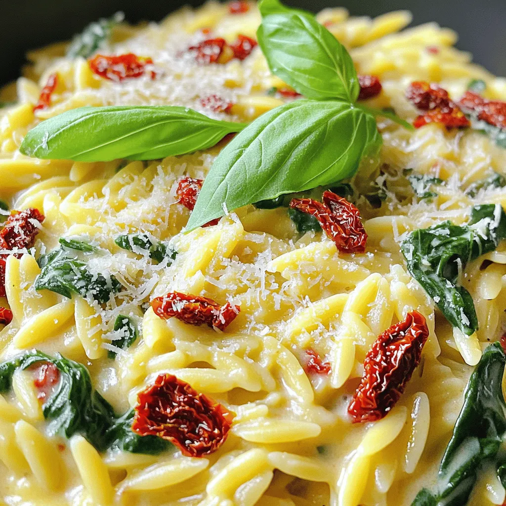 To make creamy sun-dried tomato orzo with spinach, gather these simple ingredients: - 1 cup orzo pasta - 1 cup vegetable broth - 1 cup heavy cream - 1/2 cup sun-dried tomatoes, chopped - 2 cups fresh spinach, roughly chopped - 1/2 cup grated Parmesan cheese - 2 cloves garlic, minced - 2 tablespoons extra virgin olive oil - Salt and pepper to taste - Fresh basil leaves for garnish If you need to swap some items, here are great options: - Orzo pasta: You can use any small pasta, like couscous or ditalini. - Vegetable broth: Chicken broth works well if you prefer. - Heavy cream: Use coconut cream for a lighter option. - Sun-dried tomatoes: Fresh tomatoes can replace them but will alter the flavor. - Spinach: Kale or arugula will give a different taste and texture. This dish is rich and filling. Here’s a general look at its nutritional value per serving: - Calories: Around 400 - Protein: 12g - Carbohydrates: 50g - Fats: 18g - Fiber: 3g This meal is comforting and delicious. Enjoy every bite! Start by gathering all your ingredients. This makes cooking easier and fun. You will need: - 1 cup orzo pasta - 1 cup vegetable broth - 1 cup heavy cream - 1/2 cup sun-dried tomatoes, chopped - 2 cups fresh spinach, roughly chopped - 1/2 cup grated Parmesan cheese - 2 cloves garlic, minced - 2 tablespoons extra virgin olive oil - Salt and pepper to taste - Fresh basil leaves for garnish Make sure your kitchen tools are ready. You will need a large saucepan and a stirring spoon. 1. Heat the oil: In your large saucepan, add the extra virgin olive oil. Turn the heat to medium and wait until it shimmers. 2. Sauté the garlic: Add minced garlic to the oil. Stir frequently for about 1 minute. You want the garlic fragrant but not brown. 3. Add sun-dried tomatoes: Mix in the chopped sun-dried tomatoes. Cook for 2-3 minutes to release their flavors into the oil. 4. Incorporate orzo: Add the orzo pasta to the pan. Stir well to coat the pasta with the oil and tomato mix. 5. Pour in broth: Add the vegetable broth and bring the mix to a gentle boil. Once boiling, lower the heat and cover. Let it simmer for about 10 minutes until the orzo is soft and absorbs most liquid. 6. Stir in cream and cheese: Add heavy cream and grated Parmesan cheese. Mix until the cheese melts and the sauce becomes creamy. 7. Fold in spinach: Gently mix in the chopped spinach. Let it wilt for 2-3 minutes. Season with salt and pepper to taste. 8. Thicken the sauce: Remove from heat and let it sit for a couple of minutes. This helps the sauce thicken. 9. Serve: Finally, serve the orzo warm, garnished with fresh basil leaves for added flavor. To make your dish as creamy as possible, follow these tips: - Use heavy cream. It gives the best creaminess. - Stir constantly when adding cheese. This ensures a smooth sauce. - Let the orzo sit after cooking. This helps it absorb extra cream. - Adjust the heat. Too high can make the sauce separate. Keep it low and slow for best results. These steps will help you create a rich and creamy dish that everyone will enjoy. To cook orzo perfectly, follow these tips: - Use plenty of water. This helps prevent sticking. - Add salt to the boiling water for flavor. - Stir the orzo often while it cooks. This keeps it from clumping together. - Taste the orzo a minute before the time is up. It should be tender but firm. To make your dish even tastier, try these ideas: - Add a squeeze of lemon juice for a fresh kick. - Toss in red pepper flakes for a touch of heat. - Mix in herbs like thyme or oregano for more depth. - You can also add more cheese for extra creaminess. Here are some pitfalls to watch for: - Don’t rush the cooking time. Let the orzo absorb the broth fully. - Avoid overcooking the spinach. It should wilt but stay bright green. - Don’t skip seasoning. Salt and pepper are key for flavor. - Lastly, make sure to stir well after adding cream and cheese. This ensures every bite is creamy and delicious. {{image_4}} You can easily make this dish vegetarian. Just use vegetable broth and skip the cheese, or swap in a plant-based cheese. For a vegan version, replace heavy cream with coconut cream or cashew cream. This keeps the dish creamy and rich without dairy. Want to boost nutrition? Add cooked chicken or shrimp for protein. You can also toss in other veggies, like bell peppers or zucchini. These add color and flavor. If you like heat, sprinkle in some red pepper flakes for a kick. Looking for a twist? Try adding pesto instead of the creamy sauce. It brings a fresh taste and bright color. You can also use a simple tomato sauce for a lighter option. For a tangy flavor, mix in some lemon juice or zest. This adds brightness and lifts the whole dish. To keep your creamy sun-dried tomato orzo fresh, let it cool first. Then, place it in an airtight container. Store it in the fridge for up to three days. This helps maintain its creamy texture and flavor. If you notice any liquid separation, just stir it well before serving. When it's time to enjoy your leftovers, reheat them on the stove. Add a splash of vegetable broth or cream for moisture. Heat over low to medium heat, stirring often until warm. You can also use the microwave. Just cover it loosely and heat in short bursts, stirring in between. This keeps the dish creamy and prevents it from drying out. You can freeze creamy sun-dried tomato orzo, but it may change texture. Let it cool completely before freezing. Place it in a freezer-safe container or bag. It can last for up to three months in the freezer. When you're ready to eat, thaw it in the fridge overnight. Then reheat it gently, adding cream or broth to restore creaminess. Avoid freezing with fresh spinach since it can become soggy when thawed. Yes, you can make this recipe gluten-free. Use gluten-free orzo pasta instead of regular orzo. Be sure to check the label to confirm it is certified gluten-free. The cooking process remains the same, and the dish will still taste great. You can use several options instead of heavy cream. Try coconut cream for a dairy-free choice. You can also use cashew cream or a blend of milk and cornstarch to mimic the creaminess. Each option will give a unique flavor, but they will keep the dish rich and smooth. Making this recipe ahead is simple. Cook the orzo and sauce as directed, but stop before adding fresh spinach. Allow the dish to cool and then store it in the fridge. When you’re ready to serve, reheat the dish on low heat. Add the spinach during reheating. This way, you keep the spinach fresh and vibrant. This blog post covered all you need for a great orzo dish. We explored the key ingredients and helpful substitutes, ensuring you have options. I shared step-by-step cooking instructions to help you achieve perfect creaminess. We also highlighted tips and tricks to avoid common mistakes and enhance flavor. Lastly, you learned about variations and how to store leftovers. Keep these tips in mind for future cooking. Now, you're ready to make a delicious orzo meal that suits your taste and needs!