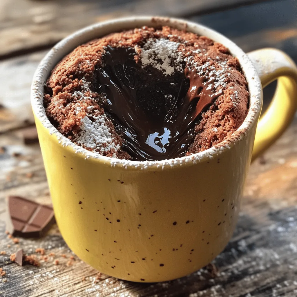 - 4 tablespoons all-purpose flour - 4 tablespoons granulated sugar - 2 tablespoons unsweetened cocoa powder - 1/8 teaspoon baking powder - A pinch of salt - 3 tablespoons milk (or dairy-free alternative) - 2 tablespoons vegetable oil (or melted coconut oil) - 1/4 teaspoon pure vanilla extract - 1-2 squares of dark chocolate (70% cocoa) For a rich chocolate lava mug cake, gather these simple ingredients. I love how each one plays a role. The flour gives the cake structure, while sugar adds sweetness. Cocoa powder brings the chocolate flavor, and baking powder helps it rise. A pinch of salt balances the sweetness. Next, the milk keeps it moist. You can use any milk you like, even almond or oat milk. Oil adds richness and keeps the cake tender. Pure vanilla extract enhances the overall taste. Finally, the dark chocolate squares create that gooey, molten center we all crave. When you have all these ingredients ready, you can whip up a delicious treat in just a few minutes. It's simple and fun! Start by grabbing a microwave-safe mug. In the mug, mix together the following dry ingredients: - 4 tablespoons all-purpose flour - 4 tablespoons granulated sugar - 2 tablespoons unsweetened cocoa powder - 1/8 teaspoon baking powder - A pinch of salt Whisk these until they are well combined. Make sure there are no lumps. This step is key for a smooth cake. Next, it’s time to add the wet ingredients. Pour in: - 3 tablespoons milk (or a dairy-free alternative) - 2 tablespoons vegetable oil (or melted coconut oil) - 1/4 teaspoon pure vanilla extract Stir everything together until it looks smooth. This should take about a minute. You want a thick batter that is lump-free. Now comes the fun part! Take 1 to 2 squares of dark chocolate and gently press them into the center of the batter. This will create that gooey lava center we all love. Make sure the chocolate is nestled in the batter well. Place your mug in the microwave. Cook it on high for 40-60 seconds. Start checking at the 40-second mark. The cake should rise and look set on the edges. The center may still look a bit soft. Don't cook it too long; you want that molten center! After microwaving, let it sit for about 1 minute. This cools it slightly and helps the flavors come together. Enjoy it warm for the best taste! To get the best mug cake, cook it for the right time. Start with 40 seconds in the microwave. Check it then. If it looks set around the edges but still wobbly in the middle, it's perfect. If not, add 10 seconds. Keep watching! Overcooking makes it dry. No one wants a dry cake. You can make your mug cake even better with flavors. Try adding flavored oils like coconut or almond. A few drops of mint or orange extract can change the taste. Just remember to keep it simple. Too much can overpower the chocolate. The way you serve your cake matters! Top it with a scoop of vanilla ice cream or a dollop of whipped cream. For a fun touch, sprinkle cocoa powder or chocolate shavings on top. You can even add fresh berries for color. A nice plate makes your cake look fancy. Enjoy every bite! {{image_4}} To make the chocolate lava mug cake gluten-free, swap all-purpose flour for almond flour or a gluten-free flour blend. Almond flour gives a nutty taste and keeps the cake moist. If you use a blend, check that it contains xanthan gum. This helps the cake rise and stay together without gluten. For a vegan version, replace the milk with a plant-based option. Almond milk or oat milk works well. You can also substitute the vegetable oil with melted coconut oil. Instead of the dark chocolate squares, use dairy-free chocolate. This way, you get a rich lava center without any animal products. Want to mix things up? You can add a spoonful of peanut butter for a nutty twist. Or try using different types of chocolate, like milk chocolate or white chocolate. Each type brings a new flavor and texture. Just remember, the darker the chocolate, the richer the lava! To keep your chocolate lava mug cake fresh, follow these tips: - Allow the mug cake to cool completely. - Cover it tightly with plastic wrap or transfer it to an airtight container. - Store it in the fridge for up to two days. - Avoid leaving it at room temperature for long. This helps keep flavors strong and the cake moist. If you want to enjoy your leftover mug cake, here are some easy steps: - Place the mug in the microwave. - Heat it for 10-15 seconds on medium power. - Check if it's warm enough. If not, heat for a few more seconds. - Be careful not to overcook it. This can dry out the cake. - Enjoy the gooey center once it's warm! Yes, you can use a larger mug. A bigger mug gives more space for the cake to rise. But, you need to adjust the cooking time. A larger mug may need more time in the microwave. Start with 60 seconds and check if it is done. Look for the cake to rise and set on the edges. The center should be soft and a bit wobbly. If it looks too wet, give it a few more seconds. Do not overcook; you want that gooey lava inside. You can mix in nuts or fruit for fun flavors. Try adding a tablespoon of peanut butter or some chocolate chips. You can also top it with ice cream, whipped cream, or berries. This makes it even more tasty! You learned how to make a quick and tasty mug cake with simple ingredients. We covered each step, from mixing the dry ingredients to creating that delicious lava center. Remember to watch the cooking time to get the best texture. You can try different flavors or dietary options too. This easy dessert is perfect for any occasion. Enjoy your mug cake, and feel free to experiment with it!