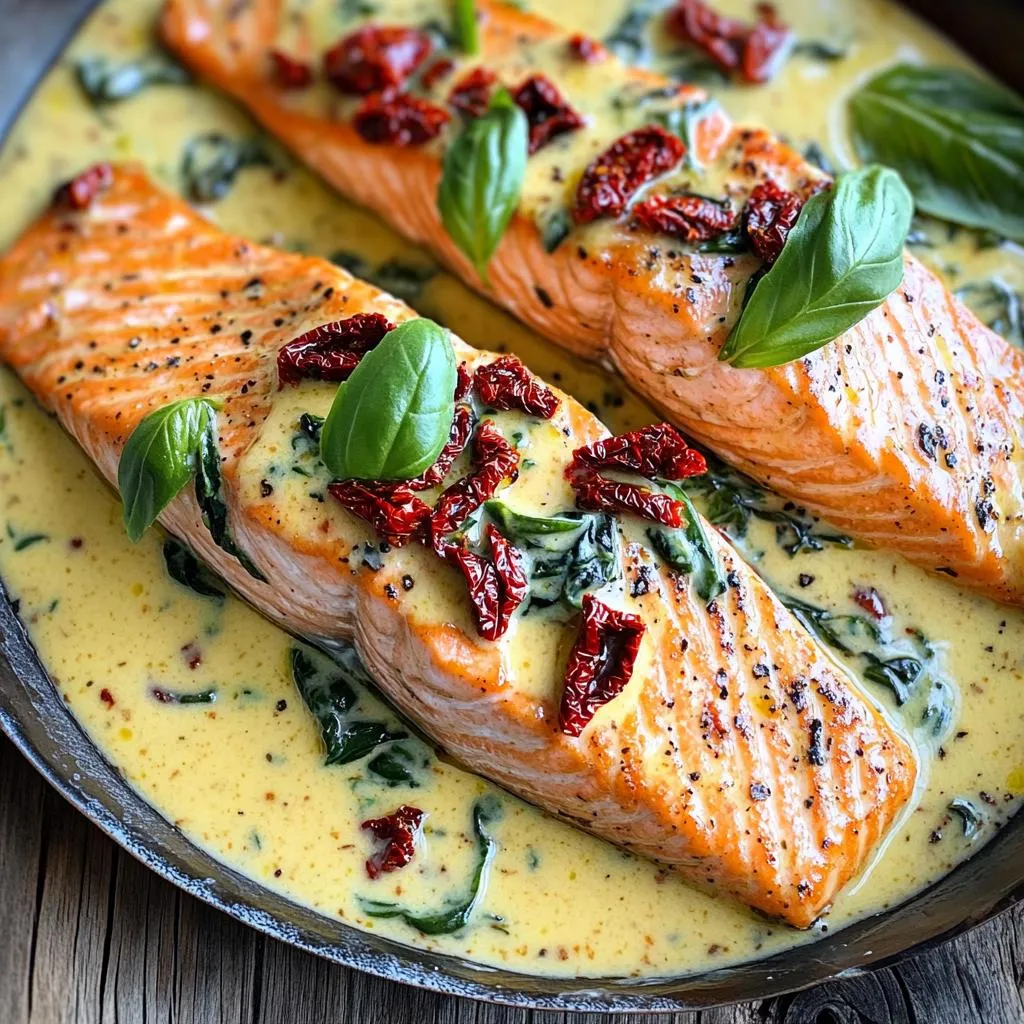 - 4 fresh salmon fillets - 1 cup rich heavy cream - 1/2 cup sun-dried tomatoes, finely chopped - 1 cup fresh spinach leaves, roughly torn - 3 cloves garlic, minced - 1/2 cup finely grated Parmesan cheese - 2 tablespoons extra virgin olive oil - Salt and freshly cracked pepper, to taste - 1 teaspoon Italian seasoning blend - Fresh basil leaves, for garnish You can swap the heavy cream for coconut cream for a lighter version. Use Greek yogurt instead of cream for a tangy twist. If you don’t have sun-dried tomatoes, try fresh tomatoes cooked down to a paste. Spinach is great, but you can also use kale or arugula. For a dairy-free option, skip the Parmesan cheese or use a plant-based alternative. Each serving of this dish has about 450 calories. You get a good amount of protein, around 30 grams, from the salmon. The dish has healthy fats from the olive oil and cream. It also provides vitamins A and C from spinach and tomatoes. If you watch your sodium, keep that in mind, as the cheese and seasoning can add up. This meal is filling and perfect for a healthy dinner. Start by seasoning your salmon fillets. Use salt, pepper, and Italian seasoning. Make sure to coat both sides evenly. This step is key for good flavor. Let the salmon sit for a few minutes. This helps the seasoning soak in. Heat olive oil in a large skillet over medium-high heat. When the oil is hot, place the salmon skin-side down. Cook for 4-5 minutes until the skin is golden and crispy. Flip the fillets gently. Cook for another 3-4 minutes. The salmon should be cooked through but still moist. When done, transfer the fillets to a plate. Cover them loosely with foil to keep warm. In the same skillet, lower the heat to medium. Add minced garlic and sauté for about 1 minute. Stir it often so it doesn’t burn. Next, add chopped sun-dried tomatoes. Cook for 2 more minutes to let the flavors mix well. Pour in the heavy cream and let it come to a gentle simmer. When it bubbles, stir in the fresh spinach. Cook until the spinach wilts, about 2-3 minutes. Then, add grated Parmesan cheese. Stir until it melts and the sauce thickens. Taste the sauce and add more salt or pepper if needed. Return the seared salmon to the skillet. Spoon the creamy sauce over each fillet. Let it simmer together for 2-3 minutes. This ensures the salmon is heated and coated in the sauce. When ready, plate each salmon fillet. Drizzle more creamy sauce on top. Finally, garnish with fresh basil leaves for color and aroma. Enjoy your beautiful dish! To get that creamy sauce just right, start with heavy cream. It gives the sauce a rich feel. Always heat the cream gently; this helps it blend well with other ingredients. When you add the cheese, do it slowly. This way, it melts smoothly into the sauce. Stir constantly to avoid lumps. If the sauce gets too thick, add a splash of water or broth to thin it out. Using the right tools makes cooking easier. A large skillet is key for searing salmon. I prefer a non-stick skillet to prevent sticking. You’ll also need a spatula to flip the fish without breaking it. A wooden spoon works great for stirring the sauce. For an extra touch, have a whisk handy to blend the cream and cheese smoothly. This dish is all about flavor. You can change the taste to fit your mood. If you like it spicy, add red pepper flakes. For a zestier kick, consider lemon juice or zest. Fresh herbs like dill or parsley can add a nice touch too. Taste your sauce as you go, and feel free to adjust salt and pepper. This way, you make it just right for you! {{image_4}} You can use other fish for this recipe. Try cod, trout, or halibut. Each fish has a unique taste but pairs well with the creamy sauce. Make sure to adjust cooking times. Thicker fish may need longer cooking, while thinner ones cook faster. If you want a dairy-free version, swap heavy cream for coconut cream or cashew cream. Both add a rich flavor without dairy. You can also use nutritional yeast instead of Parmesan. This gives a cheesy taste while keeping it vegan. You can add more veggies to the sauce for extra flavor and nutrients. Consider using zucchini, bell peppers, or cherry tomatoes. You can also replace spinach with kale or arugula. These options will change the dish's taste and color, making it even more appealing. Store leftover Creamy Tuscan Sun-Dried Tomato Salmon in an airtight container. Place it in the fridge within two hours of cooking. It will stay fresh for up to three days. When you reheat it, make sure to do so gently to keep the salmon moist and the sauce creamy. If you want to freeze this dish, let it cool completely first. Place the salmon and sauce in a freezer-safe container. Seal it tightly to avoid freezer burn. It can last up to three months in the freezer. Remember, thaw it slowly in the fridge before reheating. To reheat, use a skillet over low heat. Add a splash of cream or broth to help revive the sauce. Cover the skillet to keep moisture in. Heat until warmed through, but avoid overcooking the salmon to keep it tender. Enjoy your meal again with that rich flavor! To know when salmon is cooked, check its color. The flesh should be opaque, not translucent. You can also use a fork to flake it gently. If it flakes easily, it's done. The internal temperature should reach 145°F. Use a meat thermometer for accuracy. Remember, salmon continues to cook after you take it off the heat, so don’t overcook it. Yes, you can make this dish ahead of time. Cook the salmon and sauce separately. Store them in airtight containers in the fridge. Reheat the salmon gently in a skillet or microwave. Heat the sauce on low until warm. This method keeps the salmon moist and the sauce creamy. Creamy Tuscan Sun-Dried Tomato Salmon goes well with many sides. Here are some great options: - Light salad with mixed greens - Fluffy risotto for a rich complement - Steamed asparagus for crunch - Garlic bread to soak up the sauce - Roasted potatoes for a hearty touch These sides enhance the flavors and add balance to the meal. Enjoy! This blog post covered all you need to know about making Creamy Tuscan Sun-Dried Tomato Salmon. We explored key ingredients, shared step-by-step instructions, and offered helpful tips to enhance your dish. You learned how to substitute ingredients, achieve the perfect texture, and store your leftovers. Cooking can be simple and fun! Experiment with variations to suit your tastes. Enjoy creating this meal, and don’t be afraid to make it your own.
