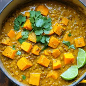 - 1 cup red lentils, thoroughly rinsed - 2 cups pumpkin, peeled and cut into bite-sized cubes - 1 can (400 ml) coconut milk - 1 medium onion, finely chopped - 3 cloves garlic, minced - 1-inch piece of fresh ginger, grated - 1 tablespoon curry powder - 1 teaspoon turmeric powder - 1 teaspoon ground cumin - 1 can (400 g) diced tomatoes, including juice - 2 cups vegetable broth - 2 tablespoons olive oil - Salt and pepper, to taste - Fresh cilantro, chopped, for garnish - Optional: Lime wedges, for serving This recipe starts with three key ingredients: red lentils, pumpkin, and coconut milk. The red lentils give the dish a nice texture and protein boost. The pumpkin adds a sweet flavor and a creamy feel. Coconut milk makes it rich and smooth. Next, we need aromatics and spices. Onions, garlic, and ginger are must-haves. They bring a strong base flavor. Curry powder, turmeric, and cumin add warmth and depth to the dish. Finally, we have additional components. Diced tomatoes add acidity and freshness. Vegetable broth makes the curry juicy and flavorful. Olive oil helps to sauté the aromatics and blend all the flavors. Don't forget to season with salt and pepper. Fresh cilantro adds a bright touch on top, while lime wedges give a zesty kick. This dish is comforting and full of flavor! First, I heat olive oil in a large pot over medium heat. This oil adds flavor and helps cook the onions. I chop one medium onion finely. I add this to the pot and sauté it for about five minutes. The onion should become soft and clear. Next, I add three minced garlic cloves and one inch of grated fresh ginger. I cook this mixture for another minute. It should smell wonderful! Now, it's time to spice things up. I sprinkle in one tablespoon of curry powder, one teaspoon of turmeric, and one teaspoon of ground cumin. I stir it well and cook for around 30 seconds. This toasting step brings out the spices' rich flavors, filling your kitchen with a warm aroma. Next, I add two cups of pumpkin, cut into bite-sized cubes, and one cup of rinsed red lentils to the pot. I also pour in one can of diced tomatoes, with all their juices, and two cups of vegetable broth. I mix everything together well, ensuring the ingredients are well combined. I increase the heat to high and bring the mixture to a gentle boil. Once it starts boiling, I reduce the heat to low. I cover the pot with a lid and let it simmer for 20 to 25 minutes. I check the curry occasionally. The lentils and pumpkin should be tender. If it gets too thick, I add more broth or water. After the lentils and pumpkin are cooked, I pour in one can of coconut milk. I stir this in well and let the curry simmer for another 10 minutes. The coconut milk adds a creamy texture. I season the dish with salt and freshly ground pepper to taste. Finally, I remove the pot from heat. I serve the curry hot, garnished with fresh cilantro. I like to add lime wedges on the side. The lime adds a bright flavor that pairs perfectly with the curry. Enjoy your delicious Lentil & Pumpkin Coconut Curry! To get the right texture, adjust the consistency with broth or water. If your curry is too thick, add some vegetable broth or water until it feels just right. When cooking lentils and pumpkin, keep an eye on the time. Cook them for about 20 to 25 minutes. This lets both ingredients become tender without falling apart. You can boost the flavor with extra spices or herbs. Try adding a pinch of cinnamon or a splash of soy sauce for depth. Fresh herbs like basil or mint can also add brightness. When you serve the curry, pair it with fluffy rice or warm naan. This helps soak up the delicious sauce. If you want to prepare this dish in advance, it's easy. Cook the curry and let it cool before storing. You can keep it in the fridge for about three days. When ready to enjoy, just reheat it on the stove. Add a little water if it looks too thick. This way, you can savor the flavors any day of the week! {{image_4}} You can change the lentils or squash used in this dish. Try green or brown lentils for a different taste and texture. If you prefer, swap pumpkin for sweet potato or butternut squash. These alternatives will offer a unique twist. You can also add proteins like chickpeas for a plant-based option. For meat lovers, shredded chicken works well too. Just add it when you mix the main ingredients. Want a mild curry? Use less curry powder and skip spicy peppers. For those who love heat, add chopped fresh chili or cayenne pepper. Start slow and taste as you go. You can always add more spice, but you can’t take it out! This curry is easy to adapt for various diets. It is naturally vegan, thanks to the coconut milk. If you need gluten-free options, check your broth and spices. Most are safe. For a low-carb version, reduce the pumpkin. You can replace it with extra lentils or add more vegetables like spinach or kale. This way, you still enjoy a hearty meal without the carbs. Store any leftovers in a sealed container. Keep the curry in the fridge. It will stay fresh for up to five days. When you are ready to eat, just give it a stir. Check for any signs of spoilage before eating. To freeze the curry, let it cool completely first. Pour it into an airtight container or freezer bag. Make sure to leave some space for expansion. You can freeze it for up to three months. Label the container with the date for easy tracking. For the best taste, reheat the curry on the stove. Use a medium heat and stir often. If it seems too thick, add a splash of vegetable broth or water. You can also reheat it in the microwave. Use a microwave-safe dish and cover it. Heat in short bursts, stirring in between. This keeps the curry warm and tasty. You can use green or brown lentils in this curry. Red lentils cook faster and become soft. Green and brown lentils hold their shape better. This affects the curry's texture. Try them if you want more bite. To thicken your curry, you can add more lentils. Simmer longer to let it reduce. You can also mash some of the pumpkin. This adds creaminess and body. If you prefer, use a cornstarch slurry. Mix cornstarch with water, then stir it in. This curry pairs well with rice or quinoa. For a fun twist, try it with naan bread. A fresh salad or roasted veggies also work nicely. Add a dollop of yogurt for creaminess. Lime wedges bring a bright touch to each bite. This blog post covered the essential ingredients for a delicious curry, including red lentils, pumpkin, and coconut milk. We discussed how to sauté aromatics, toast spices, and mix everything together for a perfect simmer. Plus, I shared tips for enhancing flavor and storing your dish. Experiment with different ingredients and spice levels to make it your own. Enjoy creating your unique curry that warms your home and delights your taste buds. Happy cooking!