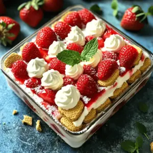 - 2 cups fresh strawberries, hulled and sliced - 2 tablespoons granulated sugar - 1 cup heavy whipping cream - 2 tablespoons powdered sugar - 1 teaspoon vanilla extract - 1 package (9 oz) graham crackers Fresh strawberries are the star of this cake. They give it a sweet, juicy flavor. The heavy whipping cream adds rich creaminess. The graham crackers provide a crunchy base and soak up the strawberry juices. - 1 cup whipped topping (optional for garnish) - Fresh mint leaves (optional for garnish) Whipped topping is great for an extra creamy layer. Fresh mint leaves add a pop of color and a fresh taste. They make your dessert look fancy. - For heavy cream, you can use coconut cream or a non-dairy milk. - If you want less sugar, try honey or maple syrup. These swaps can make the cake lighter or fit different diets. Just remember that each change may alter the taste a bit. - First, take 2 cups of fresh strawberries. Hull and slice them into thin pieces. - In a medium bowl, add the sliced strawberries. Sprinkle 2 tablespoons of granulated sugar over them. - Gently toss the strawberries with the sugar until they are well coated. - Let the strawberries sit for about 15 minutes. This will help them soften and release their sweet juices. - In a clean bowl, pour 1 cup of heavy whipping cream. - Add 2 tablespoons of powdered sugar and 1 teaspoon of vanilla extract. - Using an electric mixer, beat the cream on medium speed. - Beat until soft peaks form, which takes about 3 to 5 minutes. This means the cream will hold its shape but not be too stiff. - Grab an 8-inch square baking dish. Start by lining the bottom with a layer of graham crackers. - Break the graham crackers if needed to cover the base well. - Spread half of the whipped cream mixture evenly over the crackers. - Next, add a layer of the sugared strawberries on top. - Repeat this process: add another layer of graham crackers, more whipped cream, and finish with the remaining strawberries. - End with a final layer of whipped cream on top for a nice finish. - Cover the dish gently with plastic wrap. This will keep the cake fresh. - Place the cake in the refrigerator for at least 4 hours. You can also chill it overnight. - Chilling helps the flavors blend and allows the cake to set. To make great whipped cream, start with cold heavy cream. Pour it into a bowl. Use an electric mixer to beat the cream. Beat it until you see soft peaks. This takes about 3 to 5 minutes. Soft peaks mean the cream holds its shape but is still smooth. To keep your whipped cream from falling flat, add powdered sugar and vanilla. This gives it flavor and helps it stay thick. Using a stabilizer like cornstarch can also help. Just add a little to the cream before you start whipping. When layering your icebox cake, make sure each layer is even. Start with a layer of graham crackers at the bottom. Then spread half of the whipped cream on top. Next, layer half of the sugared strawberries. Repeat this process. For a nice look, try to make each layer match in height. Use a spatula to smooth out the whipped cream. This will help when you cut the cake later. A smooth finish looks great and makes serving easier. When serving strawberry shortcake icebox cake, pair it with refreshing drinks. A glass of iced tea or lemonade goes well with this dessert. For a fun twist, try it with a sparkling water. For presentation, cut the cake into squares and place them on plates. Top each slice with whipped cream and a whole strawberry. You can also add fresh mint leaves for a pop of color. This makes your dessert look fancy and inviting! {{image_4}} You can switch up the strawberries with many other fruits. Blueberries, raspberries, or peaches work great. Just slice them and toss with sugar like you did with the strawberries. If you want a fun twist, mix different berries. A mixed berry version adds color and flavor. Try combining strawberries, blueberries, and raspberries for a bright treat. Adding flavors can change the whole dessert. A touch of lemon or almond extract brightens the taste. Just a teaspoon can make a big difference. You can also use flavored whipped cream. Try vanilla, chocolate, or even coconut cream for a unique twist. Each option brings its own flair to the cake. If you need gluten-free treats, swap graham crackers for gluten-free cookies. Look for options made from almond or coconut flour. For dairy-free versions, use non-dairy whipped cream. Many brands offer tasty alternatives made from coconut or soy. These swaps keep the cake delicious for everyone. To keep your Strawberry Shortcake Icebox Cake fresh, cover it well. Use plastic wrap or a lid. This seals in moisture and flavor. Store the cake in the refrigerator. It will stay cool and tasty for days. Make sure it is away from strong-smelling foods. This keeps its sweet taste intact. You can freeze the icebox cake if you have leftovers. To freeze, cover it tightly with plastic wrap and then foil. This double layer helps prevent freezer burn. When you want to eat it, move it to the fridge. Let it thaw overnight. This keeps the texture smooth and creamy. In the fridge, the cake lasts about 3 to 4 days. After that, it may start to lose quality. If you see any liquid pooling or the strawberries looking mushy, it’s time to throw it away. Always check for a sour smell too. If you notice any of these signs, do not eat it. You can store the icebox cake in the fridge for up to three days. After that, the texture may change. The layers will start to get soggy as the graham crackers absorb moisture from the whipped cream and strawberries. To enjoy the best flavor and texture, serve it fresh! Yes, you can use frozen strawberries. Just remember to thaw them first. They should be drained to remove excess water. This helps keep the cake from becoming too wet. Fresh strawberries are best, but frozen will work in a pinch. If you don’t have graham crackers, you can use vanilla wafers or even shortbread cookies. Just make sure they are similar in texture. This will help create the right layers in your icebox cake. You can also try using crushed cookies for a unique twist! No, the icebox cake should not be soupy. It should hold its shape when you cut it. If it appears soupy, it may need more time in the fridge to set. The key is to let it chill long enough for the layers to bind together. Absolutely! You can make this icebox cake a day in advance. Just make sure to cover it tightly with plastic wrap. This will keep it fresh and allow the flavors to blend. It’s perfect for parties or gatherings when you want to save time! This blog post guided you through making a delightful icebox cake. We explored key ingredients like strawberries, heavy cream, and graham crackers, along with tasty alternatives. You learned how to prepare strawberries, whip cream, and assemble the cake, ensuring perfect layers. We shared tips for presentation and variations for every season. Lastly, we covered storage methods to keep your cake fresh. Enjoy crafting your icebox cake, and remember—the best desserts come with your special touch!