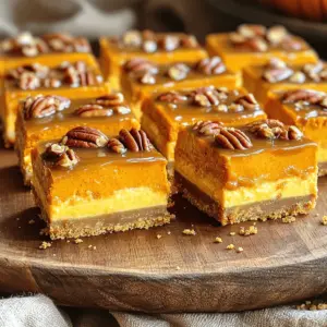 - 1 ½ cups graham cracker crumbs - ½ cup unsalted butter, melted - ¼ cup brown sugar - 16 oz cream cheese, softened - 1 cup pumpkin puree - ¾ cup granulated sugar - 2 large eggs - 1 teaspoon vanilla extract - 1 teaspoon ground cinnamon - ½ teaspoon ground nutmeg - ½ teaspoon ground ginger - 1 cup pecans, chopped - ½ cup caramel sauce (plus extra for drizzling) To create the perfect Caramel Pecan Pumpkin Cheesecake Bars, you must gather all the right ingredients. Each item plays a key role in the flavor and texture of the bars. The graham cracker crumbs serve as the base, giving a nice crunch. The unsalted butter binds the crumbs, making a rich crust. Brown sugar adds a hint of sweetness to the crust. For the filling, you need soft cream cheese. It provides that creamy texture we love. Pumpkin puree brings warmth and richness, while granulated sugar sweetens the mix. Two eggs add structure, making the filling smooth. Vanilla extract enhances the flavors, while the spices—cinnamon, nutmeg, and ginger—add warmth and depth. Chopped pecans give a delightful crunch, pairing perfectly with the creamy filling. Finally, caramel sauce ties everything together, making each bite a treat. When choosing ingredients, always go for quality. For cream cheese, I recommend brands like Philadelphia or Organic Valley. They have a creamy texture that works best. For caramel sauce, look for brands like Ghirardelli or Smucker's. They offer rich flavor and smoothness. If you want organic options, check out brands like Whole Foods Market for their organic caramel. For spices, McCormick is a trusted brand. They ensure fresh flavors, which is vital for these bars. If you prefer gluten-free, most brands of graham crackers now offer gluten-free options. Just check the labels before you buy. First, I preheat the oven to 350°F (175°C). Next, I line an 8x8-inch baking pan with parchment paper. I make sure to leave some paper hanging over the sides. This makes it easier to lift the bars out later. In a medium bowl, I mix together 1 ½ cups of graham cracker crumbs, ½ cup of melted unsalted butter, and ¼ cup of brown sugar. I stir until the mix looks like damp sand. Then, I press this mixture firmly into the bottom of the prepared pan. This step creates a solid crust that will hold everything together. I bake it for 10 minutes and let it cool slightly. In a large bowl, I take 16 oz of softened cream cheese and beat it with an electric mixer. I want it completely smooth and creamy. Then, I add 1 cup of pumpkin puree, ¾ cup of granulated sugar, and 2 large eggs to the bowl. I also include 1 teaspoon of vanilla extract, 1 teaspoon of ground cinnamon, ½ teaspoon of ground nutmeg, and ½ teaspoon of ground ginger. I mix this until it's creamy and all ingredients are well combined. Finally, I gently fold in 1 cup of chopped pecans. Now, I pour the pumpkin cheesecake mixture over the cooled crust. I use a spatula to smooth it out into an even layer. I place the pan back in the oven and bake for 30 to 35 minutes. The edges will be set, but the center should still have a slight jiggle. Once baked, I remove it from the oven and let it cool to room temperature. After it cools, I drizzle caramel sauce over the cheesecake. Then, I place the bars in the fridge to chill for at least 2 hours. This helps them set up nicely for cutting. When it’s time to serve, I lift the bars out of the pan using the parchment paper. I cut them into 16 squares for a perfect treat. To avoid cracks in your cheesecake, do not beat the filling too much. Mix until just combined. This helps keep the air out. Also, bake at a low temperature. If your oven runs hot, it may cause cracks. For a creamy filling, make sure your cream cheese is very soft. Leave it out at room temperature for a bit. This helps it blend well with other ingredients. Scrape the bowl often to ensure even mixing. Serve your cheesecake bars on a rustic wooden platter. This adds charm. You can cut them into squares or rectangles for neat servings. Drizzle some caramel sauce on each bar for a beautiful touch. For garnish, sprinkle extra pecans on top. They add flavor and crunch. You can even add a dollop of whipped cream for a fancy look. One common mistake is overmixing the ingredients. This can make the cheesecake tough. Mix just until combined to keep it light and fluffy. Another mistake is not cooling the bars properly. Let them cool to room temperature first. Then, chill them in the fridge for at least two hours. This helps them set and makes cutting easier. {{image_4}} You can play with flavors in your caramel pecan pumpkin cheesecake bars. Here are two fun ideas: - Adding chocolate chips or coconut: Mix in a cup of chocolate chips or shredded coconut for a twist. This makes each bite even more exciting. Chocolate adds sweetness, while coconut gives a chewy texture. - Alternative nut options: If you want to change up the nuts, try walnuts or almonds. They offer a different flavor and crunch. Just chop them up and fold them into the filling like you do with pecans. You can also make these bars to fit special diets. Here are some simple swaps: - Gluten-free crust alternatives: Use gluten-free graham cracker crumbs or oats for the crust. You can also try almond flour mixed with melted butter for a tasty base. - Vegan substitutions for cream cheese and eggs: For a vegan version, swap the cream cheese for a plant-based cream cheese. Use flax eggs or applesauce in place of regular eggs. This keeps the bars creamy and moist without animal products. To keep your caramel pecan pumpkin cheesecake bars fresh, store them properly. - Refrigerator: Place the bars in an airtight container. This keeps them moist and tasty. You can also cover them with plastic wrap. - Freezing: For longer storage, wrap the bars in plastic wrap, then in aluminum foil. This helps prevent freezer burn. You can also use a freezer-safe container. Knowing how long to keep your bars is key. - Refrigeration: These bars last about five days in the fridge. - Freezing: If frozen, the bars stay good for about three months. Look for signs that the bars have gone bad. If you see mold or an off smell, it’s best to toss them. Enjoy your delicious treat while it’s fresh! Yes, you can make these bars a day in advance. This gives the flavors more time to blend. After cooling, wrap the bars tightly in plastic wrap. Store them in the fridge until you are ready to serve. You can change the sugar based on your taste. To reduce sweetness, cut back on granulated sugar by ¼ cup. If you want it sweeter, add 2 tablespoons more sugar. Taste the filling before you bake it. Yes, fresh pumpkin works great! Just cook a pumpkin until soft, then puree it. Use about 1 cup of fresh puree in place of canned. Make sure to drain any excess water from the fresh puree for the best texture. These bars pair well with whipped cream or vanilla ice cream. A hot cup of coffee or spiced chai is also a great match. For a festive touch, serve with a drizzle of extra caramel sauce on top. These cheesecake bars combine simple ingredients and easy steps for delicious results. We covered essential ingredients like pumpkin, cream cheese, and spices. You learned how to prepare, bake, and chill the bars for the best texture. Remember the tips for avoiding common mistakes and adding variety, too. With proper storage, your bars will stay fresh and tasty. Enjoy these treats for any occasion or share them with friends. Follow these steps, and you'll impress everyone with your pumpkin cheesecake bars. Happy baking!