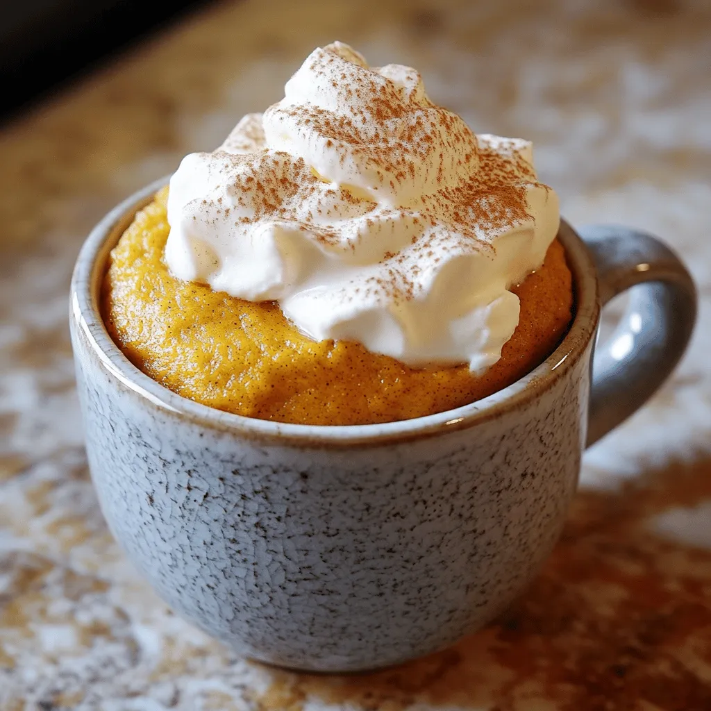 - 4 tablespoons all-purpose flour - 2 tablespoons granulated sugar - 1/8 teaspoon baking powder - 1/8 teaspoon baking soda - 1/4 teaspoon pumpkin pie spice - 1/4 teaspoon ground cinnamon - 1/4 cup canned pumpkin puree - 2 tablespoons milk (dairy or non-dairy) - 1 tablespoon vegetable oil - 1/2 teaspoon vanilla extract - Whipped cream - A dash of ground cinnamon for garnish In this recipe, I use a mix of dry and wet ingredients to create a tasty mug cake. The dry ingredients give the cake structure. Flour is the base, while sugar adds sweetness. Baking powder and baking soda help it rise, and the spices give it flavor. For the wet ingredients, canned pumpkin puree is key. It adds moisture and a pumpkin taste. Milk, whether dairy or non-dairy, helps blend everything. Vegetable oil keeps the cake soft, and vanilla extract adds a warm note. Finally, I top the cake with whipped cream and a sprinkle of cinnamon. This adds a nice finish. You can change the toppings to fit your taste. Enjoy creating your own version! First, choose a microwave-safe mug. This is key, as it will hold the heat well. Next, gather your dry ingredients. You need: - 4 tablespoons all-purpose flour - 2 tablespoons granulated sugar - 1/8 teaspoon baking powder - 1/8 teaspoon baking soda - 1/4 teaspoon pumpkin pie spice - 1/4 teaspoon ground cinnamon Add all these ingredients to your mug. Use a whisk or fork to mix them well. Make sure there are no lumps. A good blend ensures a tasty cake. Now, it’s time to add the wet ingredients. You will need: - 1/4 cup canned pumpkin puree - 2 tablespoons milk (dairy or non-dairy) - 1 tablespoon vegetable oil - 1/2 teaspoon vanilla extract Spoon each wet ingredient into the mug with the dry mix. Stir gently until the batter is smooth. This step is important for a good texture. Place your mug in the microwave. Heat it on high for about 1 minute and 30 seconds. Keep in mind that microwaves cook differently. Check the cake by gently touching the center. It should feel set and spring back slightly. If it feels wet, microwave in 10-15 second bursts until done. Once cooked, let the mug cake cool for about 1 minute. Top it with whipped cream and a dash of cinnamon for that perfect finishing touch. Enjoy your delicious creation! To make a light and fluffy mug cake, use fresh ingredients. Make sure your baking powder and baking soda are not expired. Mix the dry ingredients well to avoid lumps. When you add wet ingredients, stir gently. Overmixing can lead to a dense cake. To avoid overcooking, start with one minute in the microwave. Each microwave is different, so check the cake after this time. If it feels wet, cook in short bursts. Ten to fifteen seconds at a time works best. You can add chocolate chips or nuts for extra flavor. A few chocolate chips will melt and add richness. Chopped nuts give a nice crunch. You can also try different spices. Nutmeg or ginger can add a twist to your pumpkin spice latte cake. To make your mug cake look festive, add whipped cream on top. A dash of cinnamon adds a nice touch. You can also place cinnamon sticks beside the mug. It adds a cozy feel. For a fun touch, arrange the mug on a small saucer. This makes a simple treat look special. {{image_4}} You can make this mug cake fit your diet easily. For gluten-free options, use almond flour or a gluten-free blend. These flours work well in mug cakes. Just swap the all-purpose flour with the gluten-free option in the same amount. If you want a vegan version, replace dairy milk with almond or oat milk. You can also switch out vegetable oil for melted coconut oil. These swaps keep the flavor and texture delicious. To add a coffee twist, mix in one teaspoon of instant coffee granules. This gives your mug cake a rich, deep flavor. If you love seasonal spices, try adding nutmeg or ginger. These spices can change the profile and keep your mug cake exciting. Mug cakes come in many flavors! Try chocolate, vanilla, or even red velvet. Each flavor has its charm and can be made quickly. If you love lattes, think about flavors like hazelnut or caramel. They add a fun twist to your baking adventures. To keep your pumpkin spice latte mug cake fresh, follow these tips: - Allow the mug cake to cool completely. - Place it in an airtight container. - Store it in the refrigerator for up to two days. This helps prevent it from drying out and keeps its yummy flavor. When reheating your mug cake, use these methods to avoid dryness: - Microwave for 10-15 seconds on low power. - Check the cake's texture after heating. If it feels a bit dry, add a teaspoon of milk. This helps restore moisture and makes it soft again. You can freeze your mug cake for later enjoyment. Here’s how: - Wrap it tightly in plastic wrap. - Place it in a freezer-safe bag or container. This keeps it fresh for up to a month. To thaw, put it in the fridge overnight. Then, reheat it in the microwave as mentioned earlier. Enjoy your treat any time! Yes, you can prep this mug cake ahead of time. To do this, mix the dry ingredients in a mug and store it in a cool, dry place. When you are ready to bake, just add the wet ingredients and microwave. This way, you save time and get a quick treat. If your mug cake didn't rise, it might be due to a few reasons. Check if you added enough baking powder and baking soda. Make sure these ingredients are fresh. If the mug is too full, the cake may overflow instead of rising. Lastly, avoid overmixing, as this can affect the rise. If you don't have pumpkin puree, you can use applesauce or mashed bananas. Both of these will keep your mug cake moist. They will change the flavor a bit, but they add sweetness, too. You can also try butternut squash puree for a similar taste. This blog post guides you through making a delicious mug cake, focusing on the right ingredients, step-by-step instructions, and helpful tips. You learned about using dry and wet ingredients, topping ideas, and variations to fit different diets. Think about how you can enhance flavors and present your dish. With these ideas, you can create a tasty treat that suits your taste. Remember, baking can be fun, and you can always experiment to find your favorite version! Enjoy your mug cake creations.