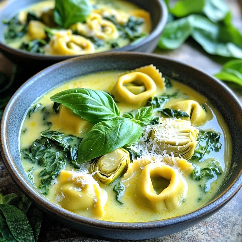 - 1 package (9 oz) refrigerated cheese tortellini - 1 can (14 oz) artichoke hearts, drained and quartered - 4 cups fresh spinach, roughly chopped - 2 cups vegetable broth - 1 cup heavy cream - 1 teaspoon garlic powder - 1 teaspoon onion powder - ½ cup grated Parmesan cheese - ½ cup cream cheese, cubed - Salt and pepper, to taste The main stars of this dish are the cheese tortellini and artichoke hearts. The tortellini delivers a soft, cheesy bite. The artichoke hearts add a unique flavor and texture. Fresh spinach not only gives color but also packs in nutrients. The vegetable broth forms a tasty base for the creamy sauce. Heavy cream and cheeses create a rich, smooth texture that coats every piece of tortellini. - Crushed red pepper flakes - Fresh basil leaves for garnish If you want a little kick, add crushed red pepper flakes. This spice heightens the flavors and makes the dish pop. Fresh basil leaves provide a lovely touch of color and a fresh taste. They make the dish look special and inviting. Feel free to mix and match these add-ins to suit your taste! Start by pouring 2 cups of vegetable broth into a large pot. Place the pot on the stove over medium-high heat. Bring the broth to a gentle boil while stirring occasionally. This helps prevent the broth from sticking to the bottom. Once the broth boils, carefully add 1 package (9 oz) of refrigerated cheese tortellini. Cook the tortellini for about 3 to 5 minutes. Look for the tortellini to float to the surface; that means they are ready! Next, add 1 can (14 oz) of quartered artichoke hearts and 4 cups of roughly chopped fresh spinach. Stir gently and let the mixture simmer for an extra 2 to 3 minutes. The spinach will wilt and soften, mixing well with the artichokes. Now, reduce the heat to medium. Slowly pour in 1 cup of heavy cream. Add in 1 teaspoon of garlic powder, 1 teaspoon of onion powder, ½ cup of grated Parmesan cheese, and ½ cup of cubed cream cheese. Stir continuously until everything melts together. This creates a rich, creamy sauce that coats the tortellini perfectly. Finally, season the dish with salt and pepper to taste. If you like a bit of heat, sprinkle in some crushed red pepper flakes. Mix well and let it simmer for another 2 minutes. This allows the sauce to thicken slightly. Once done, remove the pot from heat. Let it rest for a minute before serving. Serve the tortellini hot in deep bowls. For a nice touch, garnish with fresh basil leaves and an extra sprinkle of Parmesan cheese. Enjoy your creamy delight! To make your creamy delight even tastier, focus on the cheese. When adding cream cheese, cut it into small cubes. This helps it melt quickly and mix well. For Parmesan, shred it fresh instead of using pre-grated. Fresh cheese melts better and gives a richer taste. As for spices, garlic powder and onion powder are must-haves. They boost the flavor without overwhelming the dish. If you like a bit of heat, add crushed red pepper flakes. Start with a pinch. You can always add more if you want extra spice. When it's time to serve, use deep bowls. They hold the creamy tortellini well. Plus, they look great on the table. For the final touch, garnish with fresh basil leaves. They not only add color but also a fragrant aroma. Sprinkle some extra Parmesan on top for a nice finish. A drizzle of olive oil enhances flavor and makes the dish shine. This attention to detail makes your meal look as good as it tastes. {{image_4}} You can mix up this dish with different cheeses. Try using mozzarella or cheddar for a new taste. Each cheese adds its own flavor and creaminess. You can also swap out the artichokes or spinach. Try broccoli or peas instead for a fun twist. If you want a vegan version, use plant-based cheese and cream. Cashew cream works well for a creamy texture. You can also use vegan tortellini if you find it. This way, you still enjoy the great taste without animal products. For a gluten-free dish, choose gluten-free pasta options. There are many brands that make gluten-free tortellini now. Just make sure to check the cooking time, as it may differ from regular pasta. This way, everyone can enjoy this tasty meal! To store your One-Pot Spinach Artichoke Tortellini in the fridge, let it cool first. Place it in an airtight container. This helps keep it fresh. You can store it for up to three days. When you want to eat it again, just take it out and enjoy! For freezing, use a freezer-safe container. Make sure to leave some space at the top. The sauce may expand when frozen. This dish can stay fresh in the freezer for up to three months. When ready to eat, let it thaw in the fridge overnight before reheating. To reheat, pour the tortellini into a pot over low heat. Stir gently to warm it evenly. You may need to add a splash of vegetable broth or cream to revive the sauce. Heat until warm but do not boil. This keeps the sauce creamy and delicious. Enjoy it just like new! Yes, you can use frozen tortellini. Just add a couple of extra minutes to the cooking time. Cook them until they float, usually around 5-7 minutes. The process stays the same, and you still get that great flavor. This dish is perfect for meal prep. You can make it in advance and store it in the fridge for up to three days. Just reheat it on the stove or microwave. To keep it fresh, store the sauce and tortellini in separate containers. Absolutely, adding protein is a great idea. You can use cooked chicken, shrimp, or tofu. If you choose chicken, cube it and sauté it before adding the tortellini. For shrimp, toss them in during the last few minutes of cooking. Tofu works well too; just make sure it’s firm and cubed. This blog post covered all you need for a creamy tortellini dish. We explored essential ingredients like cheese tortellini, artichoke hearts, and fresh spinach. I shared simple steps to make a rich sauce and tips for enhancing flavor and presentation. There are variations for dietary needs, too. Whether you want to store leftovers or adapt the recipe, you now have the tools to create a tasty meal. Enjoy experimenting with this dish, and make it your own!