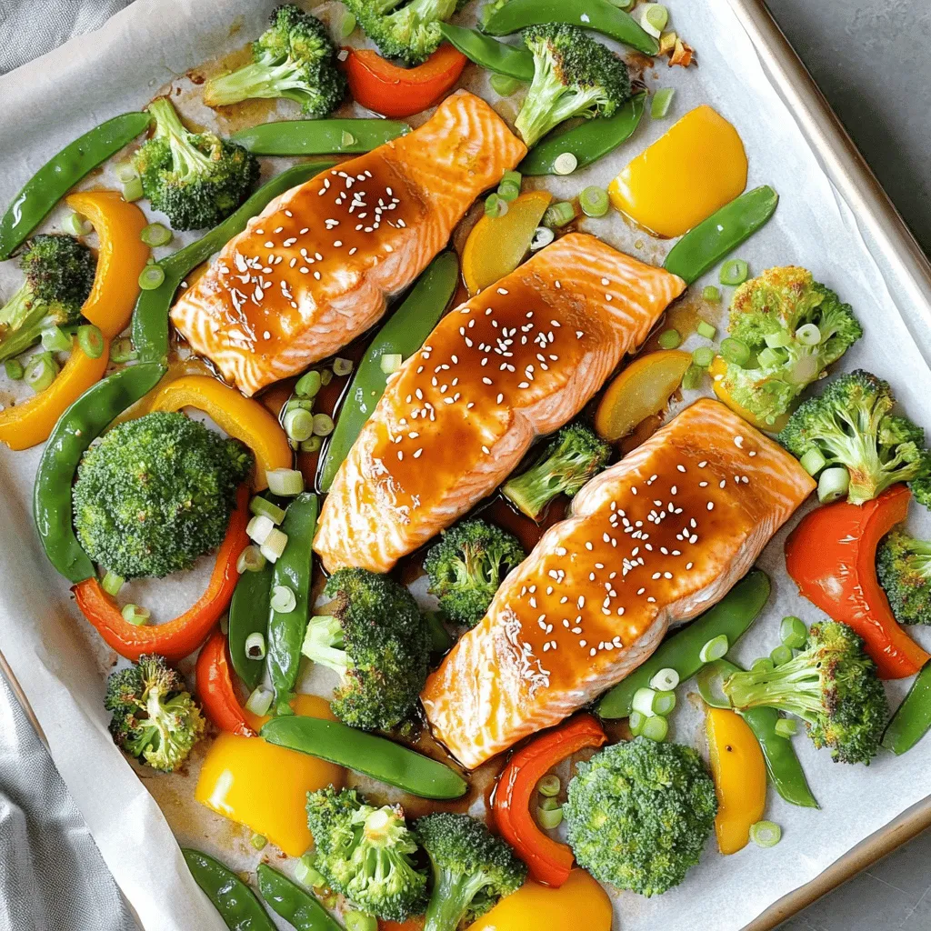 - 4 salmon fillets (approximately 6 oz each) - 2 cups broccoli florets - 1 cup assorted bell peppers, sliced (red, yellow, green) - 1 cup snap peas, trimmed - 1/4 cup low-sodium teriyaki sauce - 2 teaspoons freshly grated ginger - 2 cloves garlic, minced - 2 tablespoons extra virgin olive oil - Salt and freshly ground black pepper, to taste - 1 tablespoon sesame seeds - 2 green onions, thinly sliced For this dish, I love using fresh salmon fillets. They cook perfectly on a sheet pan. The broccoli, bell peppers, and snap peas bring color and texture. They also add great nutrition. The teriyaki sauce gives a sweet and savory flavor. Fresh ginger and garlic make it even better. I prefer low-sodium teriyaki sauce for better control over the salt. You can use fresh ginger and garlic for a stronger taste. Olive oil helps to roast the veggies just right. Salt and pepper add the finishing touch. After baking, sprinkle sesame seeds and green onions on top. This adds crunch and freshness. These ingredients together create a delicious and healthy meal. - Set your oven to 400°F (200°C). - Prepare a large baking sheet by lining it with parchment paper. This makes cleanup easy. - In a small bowl, mix 1/4 cup of low-sodium teriyaki sauce, 2 teaspoons of freshly grated ginger, and 2 minced garlic cloves. Stir until blended. - Lay 4 salmon fillets in the center of the baking sheet. - Surround the salmon with 2 cups of broccoli florets, 1 cup of assorted bell peppers, and 1 cup of snap peas. Make it colorful! - Drizzle 2 tablespoons of extra virgin olive oil over the veggies. - Season with salt and freshly ground black pepper. Toss gently to coat. - Transfer the baking sheet to the oven. - Bake for about 15-20 minutes. The salmon should be opaque and flake easily with a fork. The veggies should be tender but still crisp. - Remove the sheet pan from the oven and let it rest for a couple of minutes. - Sprinkle 1 tablespoon of sesame seeds and top with 2 sliced green onions before serving. Serve directly on the baking sheet or plate individually. Enjoy! How to know when it's done The salmon is done when it turns opaque. You can check this by gently pressing it with a fork. If it flakes easily, it’s ready to eat. Usually, this takes about 15 to 20 minutes in the oven. Tips for flaky texture To keep salmon flaky, avoid overcooking. Use a thermometer to check the internal temperature. It should be 145°F (63°C). Letting it rest for a few minutes also helps keep it moist. Best vegetables to pair You can use many vegetables for this dish. Broccoli, bell peppers, and snap peas work well. Try adding carrots or zucchini for extra flavor. Each vegetable adds its unique taste. Keeping veggies crisp To keep veggies crisp, do not overcook them. Bake them for just 15 to 20 minutes. Make sure they are coated with oil and seasoning. This helps them stay crunchy and colorful. Homemade vs store-bought options You can make teriyaki sauce at home or buy it. Homemade sauce is fresh and customizable. Store-bought is quick and easy. Both options taste great, so choose what fits your time. Adjusting sweetness and saltiness You can adjust the sauce to suit your taste. Add honey for more sweetness. Use less soy sauce to lower the salt content. This way, you can make it just right for you. {{image_4}} You can easily swap salmon for chicken. Use chicken breasts or thighs. Just cut them into equal pieces. You will need to adjust the cooking time. Chicken usually takes a bit longer to cook. Aim for an internal temp of 165°F. For a vegetarian option, try tofu. Use firm or extra-firm tofu for best results. Press the tofu to remove excess water. Cut it into cubes and marinate in teriyaki sauce. This will add flavor and help it crisp up in the oven. Seasonal veggies can make your dish shine. In spring, use asparagus and snap peas. Summer is great for zucchini and corn. In fall, try sweet potatoes and Brussels sprouts. Winter brings hearty options like carrots and kale. Each season has its unique flavor. Spring veggies taste fresh and bright. Summer veggies are sweet and juicy. Fall veggies offer warmth and earthiness. Winter veggies are robust and filling. Choose what you like best! You can add spices or sauces to boost flavor. Try a pinch of red pepper flakes for heat. A sprinkle of garlic powder adds depth. If you like sweet, drizzle honey or maple syrup on top. Experiment with marinades to change the taste. Try mixing soy sauce with sesame oil. You can also add citrus juice for a bright twist. Each change can create a new dining experience. Enjoy the fun of cooking! To store leftovers, let the dish cool completely. Place the salmon and veggies in an airtight container. This keeps them fresh. You can store them in the fridge for up to three days. If you want to eat it later, make sure to check for any odd smells or changes in color. If everything looks good, dig in! For longer storage, you can freeze this dish. First, let it cool down. Place the salmon and veggies in a freezer-safe container. Make sure to label it with the date. This way, you won’t forget it! You can freeze it for up to two months. When you want to eat it, the best way to thaw is in the fridge overnight. This keeps the texture nice and tasty. To reheat, you have a few options. The oven works well. Preheat it to 350°F (175°C) and place the dish inside for about 10-15 minutes. If you prefer the microwave, use a low setting. Heat it in short bursts, checking often. This helps avoid drying it out. Always ensure the salmon reaches a safe internal temperature of 145°F (63°C) before serving. Enjoy your meal! Yes, you can use frozen salmon. When cooking from frozen, increase the baking time by about 5-10 minutes. Check if the salmon flakes easily with a fork. This ensures it is cooked through but still moist. For a complete meal, serve with: - Steamed rice or quinoa - Garlic noodles - A fresh green salad These sides balance the flavors and add nutrition. To make it gluten-free, swap regular teriyaki sauce for a gluten-free version. Use tamari instead of soy sauce. Ensure all other ingredients are gluten-free as well. Yes, you can air fry this dish. Cook the salmon and veggies at 375°F for about 10-15 minutes. Check for doneness, ensuring the salmon flakes easily and the veggies stay crisp. Store leftovers in the fridge for up to 3 days. Keep them in an airtight container. Check for any off smells or changes in texture before eating. This blog teaches you to create a delicious sheet-pan teriyaki salmon dish. You learned the key ingredients, step-by-step instructions, and helpful tips for perfection. Explore variations, storage advice, and FAQs to enhance your skills. Cooking can be simple and fun. With practice, you’ll impress family and friends with your meals. Enjoy experimenting with flavors and ingredients to make each dish unique. Happy cooking!
