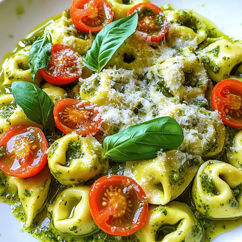 To make Minute Creamy Pesto Tortellini, you will need: - 12 oz cheese tortellini (fresh or frozen) - 1 cup basil pesto (store-bought or homemade) - ½ cup heavy cream - 1 cup cherry tomatoes, halved - ¼ cup grated Parmesan cheese - 2 tablespoons olive oil - Salt and pepper to taste - Fresh basil leaves for garnish These ingredients create a rich and creamy dish that is quick and simple to prepare. The tortellini adds texture, while the pesto brings that fresh basil flavor. When choosing pesto, I often recommend brands like Barilla or Classico for store-bought options. Their flavors are vibrant and consistent. If you want to try something unique, look for small brands at farmers' markets. They may have fresh, homemade options that can elevate your meal. If you want a lighter option, you can use half-and-half instead of heavy cream. For a dairy-free choice, coconut cream works well. It adds a slight sweetness but blends nicely with the pesto. You can also try unsweetened almond milk thickened with a bit of cornstarch for a low-calorie alternative. To start, fill a large pot with 4-5 quarts of water. Add a good amount of salt; it helps the pasta taste better. Once the water boils, carefully add 12 oz of cheese tortellini. If you use fresh tortellini, cook it for about 3-5 minutes. Frozen tortellini may take a bit longer. Stir gently to keep them from sticking. When they're done, drain the tortellini in a colander. Save a small cup of pasta water for later. While you cook the tortellini, grab a medium skillet and heat it over medium heat. Pour in 2 tablespoons of olive oil. Wait for the oil to shimmer, then add 1 cup of halved cherry tomatoes. Sauté the tomatoes for 2-3 minutes. Stir gently until they soften and let out their juices. Next, reduce the heat to low. Add 1 cup of basil pesto to the skillet. Slowly pour in ½ cup of heavy cream. Stir until everything blends well. Heat this mixture for 1-2 minutes but do not boil it. Once the tortellini is drained, add it to the skillet with the sauce. Toss the tortellini gently but well, so each piece gets coated in the creamy sauce. If the sauce is too thick, add a little reserved pasta water, one tablespoon at a time, until it's just right. Stir in ¼ cup of grated Parmesan cheese until it melts into the sauce. Season with salt and pepper to taste, making sure it has great flavor. Serve the creamy tortellini in bowls. Garnish with fresh basil leaves and extra Parmesan on top for a lovely finish. To cook tortellini well, start with a big pot of water. Use 4-5 quarts and add plenty of salt. The salt makes the pasta taste better. Bring the water to a rolling boil before adding the tortellini. If you use fresh tortellini, cook it for 3-5 minutes. For frozen, it may take a bit longer. Stir gently so they don’t stick together. After cooking, save a little pasta water; it helps the sauce later. Seasoning brings your dish to life! After mixing the tortellini with the sauce, taste it. Add salt and freshly cracked black pepper to boost the flavors. For extra zest, consider a squeeze of lemon juice or a pinch of red pepper flakes. These will add a nice kick without overpowering the creamy pesto. A great presentation makes your dish shine! Serve the tortellini in shallow bowls to show off the colors. Arrange the tortellini in a circular pattern for a lovely look. Drizzle a little olive oil on top for shine. Finally, add fresh basil leaves and a sprinkle of grated Parmesan to finish. This makes the dish look as good as it tastes! {{image_4}} You can make this dish heartier by adding proteins. Cooked chicken or shrimp works well. For chicken, use grilled or rotisserie. For shrimp, sauté them in olive oil until pink. Mix the cooked protein into the creamy pesto sauce. This adds great flavor and makes it more filling. If you want a vegetarian or vegan version, swap the cheese tortellini for a meat-free option. Use plant-based pesto made from nuts and basil. For cream, you can try coconut cream or cashew cream. This keeps it creamy and delicious while being plant-based. Get creative with add-ins! You can toss in spinach, peas, or bell peppers for more color and nutrition. Nuts like pine nuts or walnuts add crunch and flavor. Simply add them to the sauce or mix them in with the tortellini. This adds layers of taste and texture to your dish. To store your leftover Minute Creamy Pesto Tortellini, let it cool down first. Transfer it to an airtight container. This helps keep it fresh. You can keep it in the fridge for up to three days. If you want it to last longer, consider freezing. When you are ready to eat the leftovers, reheat them gently. You can use a microwave or a skillet. If using the microwave, place the tortellini in a bowl and cover it loosely. Heat for one to two minutes, stirring halfway through. In a skillet, add the tortellini over low heat. Add a splash of water or cream to help it heat evenly. Stir gently until warmed through. To freeze your creamy pesto tortellini, place the cooled dish in a freezer-safe container. Make sure to leave some space at the top, as the sauce may expand. It can stay in the freezer for up to three months. When you are ready to eat it, thaw it overnight in the fridge. Then, reheat using the methods above. This way, you can enjoy a quick meal anytime! Yes, you can use store-bought pesto. It saves time and still tastes great. Look for a brand that uses fresh ingredients. A good pesto adds flavor and makes cooking easier. If you have time, homemade pesto is always a delicious choice. Cooking tortellini is quick. Fresh tortellini cooks in about 3-5 minutes. If you use frozen tortellini, it may take a bit longer. Always check the package for exact times. Stir the tortellini while it cooks to prevent sticking. Creamy pesto tortellini pairs well with many sides. You might try a fresh salad for crunch. Garlic bread also complements the dish nicely. If you want more protein, grilled chicken or shrimp can work well too. In this post, we covered all you need for creamy pesto tortellini. You learned the ingredients, cooking steps, and how to make it special. I shared tips on enhancing flavor and how to store leftovers. Remember, you can get creative with proteins and veggies. This dish is simple and fun. Feel free to make it your own! Enjoy your cooking adventure!