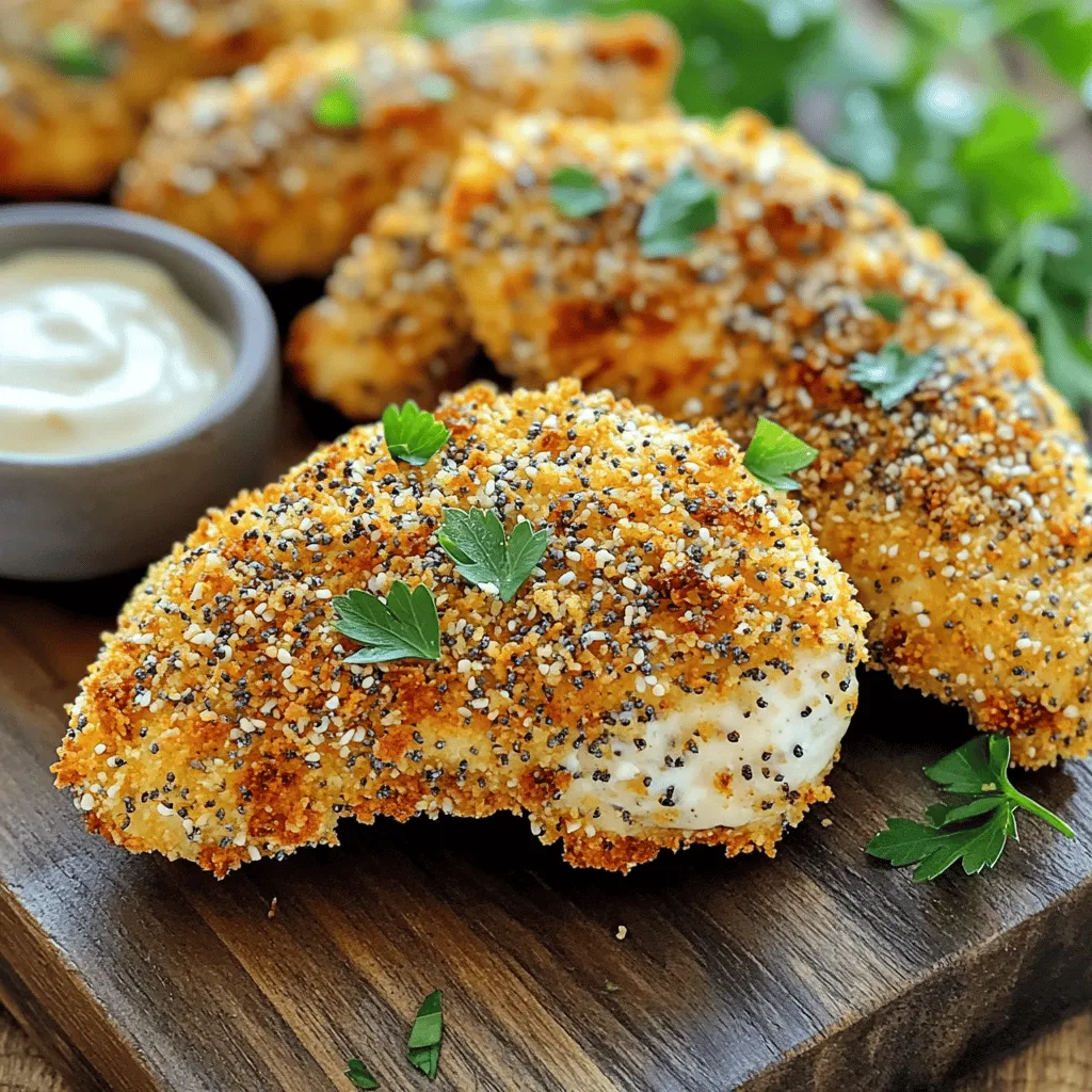 - 1 pound boneless chicken tenders - 1 cup panko breadcrumbs - 2 tablespoons everything bagel seasoning The main ingredients for this dish are simple yet flavorful. Boneless chicken tenders are the star. They cook quickly and stay juicy. The panko breadcrumbs add a nice crunch. Everything bagel seasoning brings all the flavors together. It has garlic, onion, sesame seeds, and poppy seeds. This mix makes each bite tasty and fun. - 1/2 cup all-purpose flour - 2 large eggs, beaten - Cooking spray Next, we need the coating essentials. All-purpose flour gives the chicken a base layer. It helps the egg and breadcrumbs stick. Beaten eggs act as glue for the breadcrumbs. They make sure every piece is well-covered. Cooking spray is key for crispiness. It helps the chicken turn golden brown in the air fryer. - Salt - Freshly ground black pepper Finally, we have the seasoning. A pinch of salt enhances the chicken's natural taste. Freshly ground black pepper adds a mild heat. Together, they boost the overall flavor of the dish. Set your air fryer to 400°F (200°C). Preheating helps the chicken cook evenly. This step is key for great results. - In one shallow dish, mix together: - 1/2 cup all-purpose flour - A pinch of salt - Freshly ground black pepper - In a second bowl, add: - 2 large eggs, beaten - In a third bowl, combine: - 1 cup panko breadcrumbs - 2 tablespoons everything bagel seasoning Take one chicken tender. First, dip it into the flour mixture. Make sure it is coated well. Shake off any extra flour. Next, dip it into the beaten eggs. Cover it fully so the breadcrumbs stick. Finally, press it into the panko mixture. Ensure a thick and even coating. Repeat this for all chicken tenders. Place the coated chicken tenders in a single layer in the air fryer basket. Do not overcrowd them. Lightly spray the tenders with cooking spray. Cook them at 400°F (200°C) for 10-12 minutes. Flip the tenders halfway through cooking. This helps them brown evenly. They are done when golden brown and reach an internal temperature of 165°F (75°C). Once cooked, let them cool for a few minutes before serving. Enjoy the crispy goodness! To get that perfect crispiness, cooking spray is key. A light spray helps the breadcrumbs turn golden and crunchy. Be sure to coat each tender lightly. This small step makes a big difference. Prevent overcrowding your air fryer basket. If you place too many tenders at once, they won’t cook evenly. Instead, cook in batches. This way, every piece gets the hot air needed for that nice, crispy finish. For dipping, I love ranch or honey mustard. These sauces pair well with the tasty, crunchy chicken. You can also try a spicy aioli for a kick. For presentation, garnish the chicken tenders with fresh herbs. Chopped parsley or dill adds color and flavor. Arrange them on a platter for a beautiful display. One common mistake is breading adherence. If the chicken is too wet, the crumbs won’t stick. Make sure to shake off excess flour and egg. Another issue is cooking time. Undercooking leaves the chicken raw inside. Overcooking makes it dry. Use a meat thermometer to check for doneness. The chicken should reach 165°F (75°C) for safe eating. {{image_4}} You can change the bagel seasoning to suit your taste. Try adding garlic powder or onion powder for a new twist. If you like heat, add some cayenne pepper or chili flakes to the mix. This will give your tenders a spicy kick. Experimenting with different herbs, like dill or parsley, can also add fresh flavor. Want to switch up the protein? You can use turkey tenders or tofu instead of chicken. They both work well with the same coating. If using turkey, cook for about 12-15 minutes. For tofu, use firm tofu and cook for 10-12 minutes. Make sure to press the tofu to remove excess moisture for the best results. Pair your tenders with a variety of sides for a complete meal. Try serving them with roasted veggies, rice, or a fresh salad. These sides add color and nutrition. For meal prep, you can cook extra tenders and pack them with your favorite sides. This makes for quick lunches or dinners during the week. To keep your chicken tenders fresh, store them in the fridge. Place them in an airtight container. This helps them stay juicy and tasty. Make sure they cool down before sealing to avoid steam build-up. You can keep them for up to three days in the fridge. To reheat and keep the crispiness, use your air fryer again. Set it to 350°F (175°C). Heat for about 5-7 minutes. This will help them regain their crunch. If you don’t have an air fryer, you can use the oven. Place them on a baking sheet and cover with foil. Bake at 350°F (175°C) for 10-15 minutes. Check them to ensure they are hot all the way through. If you want to freeze your cooked tenders, let them cool completely first. Then, wrap them tightly in plastic wrap. Place them in a freezer-safe bag or container. This keeps them safe from freezer burn. They can stay frozen for up to three months. To thaw, move them to the fridge overnight. Reheat them in the air fryer or oven for the best results. To check if your chicken tenders are done, use a meat thermometer. The internal temperature should reach 165°F (75°C). This ensures they are safe to eat. If you don’t have a thermometer, cut into a tender. The meat should be white, with no pink inside. Juices should run clear. This way, you can be sure you cooked them right. Yes, you can use regular breadcrumbs, but they change the texture. Panko breadcrumbs are lighter and crispier. They give the chicken tenders a nice crunch. Regular breadcrumbs are finer and may not create the same effect. If you want that extra crunch, stick with panko. It makes a big difference in the final dish. No, the air fryer is not a must. You can bake or fry the chicken tenders too. Baking will take longer, about 20-25 minutes at 400°F (200°C). Frying will give you a crispy texture but adds more oil. The air fryer cooks quickly and keeps things light. Choose the method that fits your kitchen and taste best. In this blog post, we explored making crispy air fryer chicken tenders. We discussed key ingredients, including boneless chicken, panko, and everything bagel seasoning. I shared steps to coat and cook the tenders perfectly. You also learned helpful tips to avoid common mistakes and enhance your dish. Remember, you can vary seasonings or proteins to keep meals exciting. Enjoy these tasty tenders with your favorite dipping sauces. They're easy to make and fun to eat!