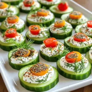 - 1 large cucumber - 4 oz cream cheese, softened - 1 tablespoon sour cream - 1 tablespoon fresh dill, chopped - 2 teaspoons lemon juice - 1/4 teaspoon garlic powder - 1/4 teaspoon onion powder - Everything bagel seasoning, to taste - Cherry tomatoes, halved To make Everything Bagel Cucumber Bites, you need just a few simple ingredients. Start with a large cucumber. Choose one that is firm and fresh. This is the base for your bites. Next, you’ll need cream cheese. Make sure it is softened for easy mixing. Sour cream adds a nice tang. Fresh dill gives a lovely herb taste. Lemon juice brightens the flavors. Garlic and onion powders add depth. Everything bagel seasoning is key to the flavor. It brings a mix of sesame, poppy, and garlic. Lastly, halved cherry tomatoes add color and sweetness. You can adjust the amount of seasoning to suit your taste. This recipe is all about balance and freshness! Slice the cucumber into 1-inch thick rounds. Use a sharp knife for clean cuts. This gives a nice shape and size for each bite. Arrange the cucumber slices on a serving platter. Spread them evenly so they look great when served. In a medium mixing bowl, add the softened cream cheese and sour cream. Use a spatula or hand mixer to mix them well. Then, add the chopped dill, lemon juice, garlic powder, and onion powder. Mix until the blend is smooth and creamy. This mixture gives a rich flavor to the bites. Take a spoon or a piping bag to dollop or pipe the creamy mixture onto each cucumber slice. Make sure to cover them well. Next, sprinkle everything bagel seasoning on top of each bite. Adjust the amount based on your taste. For a pop of color, place half of a cherry tomato on each cucumber bite. This adds sweetness and looks nice too. Chill the bites in the fridge for 15–30 minutes. This helps the flavors mix well and makes them extra refreshing. To make your Everything Bagel Cucumber Bites pop, adjust the seasoning to your taste. Start with a sprinkle of everything bagel seasoning, then add more if you like. Remember, fresh dill adds a bright note, so don't skip it. Chill the cucumber bites for about 15 to 30 minutes before serving. This step helps the flavors blend well, creating a tasty treat. The coolness also adds a refreshing touch to each bite, making them perfect for warm days or gatherings. Serve your cucumber bites on a bright platter. To make them eye-catching, add a sprinkle of extra dill around the edges. You can also place whole cherry tomatoes beside the bites. This adds color and a hint of sweetness. For a fun twist, cut the cherry tomatoes into different shapes. This small change can elevate your dish from simple to stunning. Your guests will love how beautiful and tasty these bites look on the table! {{image_4}} You can swap cream cheese with Greek yogurt for a lighter taste. You can also use ricotta or vegan cream cheese to fit your diet. Each option adds a unique twist to the recipe. For herbs, dill shines, but you can try chives or parsley. Fresh basil adds a sweet note, while cilantro gives a zesty kick. Pick the herb that matches your mood or meal theme. Garnish your bites with thin slices of radish for a spicy crunch. You could also use pickled red onion for a tangy flavor. A sprinkle of paprika adds color and a mild kick. For a creative twist, try adding crumbled bacon or smoked salmon on top. You can also drizzle a bit of balsamic glaze for sweetness. These tweaks will make your Everything Bagel Cucumber Bites stand out at any party! To keep your Everything Bagel Cucumber Bites fresh, store them in an airtight container. Place a damp paper towel inside the container. This helps keep the cucumbers crisp. You can also separate the cucumber slices from the cream cheese mix. This way, they stay fresh longer. These bites can last in the fridge for about two days. After that, they may lose their crunch and flavor. You can make these cucumber bites ahead of time. Prepare the cream cheese mixture and store it in the fridge. Cut your cucumber rounds the day you plan to serve. This keeps them fresh and crisp. If you make them a day early, don’t add the seasoning yet. Sprinkle it on just before serving. This helps keep the flavors bright and the texture perfect. Yes, you can make these cucumber bites vegan. To do this, replace the cream cheese with a plant-based cream cheese. You can also use vegan sour cream. These swaps keep the flavor while making them suitable for a vegan diet. Brands like Tofutti or Kite Hill offer tasty options. You can even make your own vegan cream cheese using soaked cashews blended with lemon juice, garlic, and herbs. To avoid soggy cucumber bites, dry the cucumber slices well. After slicing the cucumber, lay the rounds on paper towels. Let them sit for about 10 minutes to absorb excess water. This step keeps the bites crisp and fresh. You can also chill the cucumber slices before adding the filling. This gives a nice crunch when you serve them. You can serve these cucumber bites with a variety of appetizers. They pair well with smoked salmon or other seafood. You can also add cheese platters or charcuterie boards. Fresh veggies and hummus make a great side too. Consider serving them at parties or gatherings for a crowd-pleasing snack. In this post, we explored tasty Everything Bagel Cucumber Bites. We covered the ingredients, including fresh cucumbers and a creamy mix. You learned how to prepare, assemble, and present these treats. We also shared tips, variations, and storage advice to keep them fresh. These bites are simple, fun, and can impress guests. Feel free to get creative with flavors and toppings. Enjoy making this easy snack!