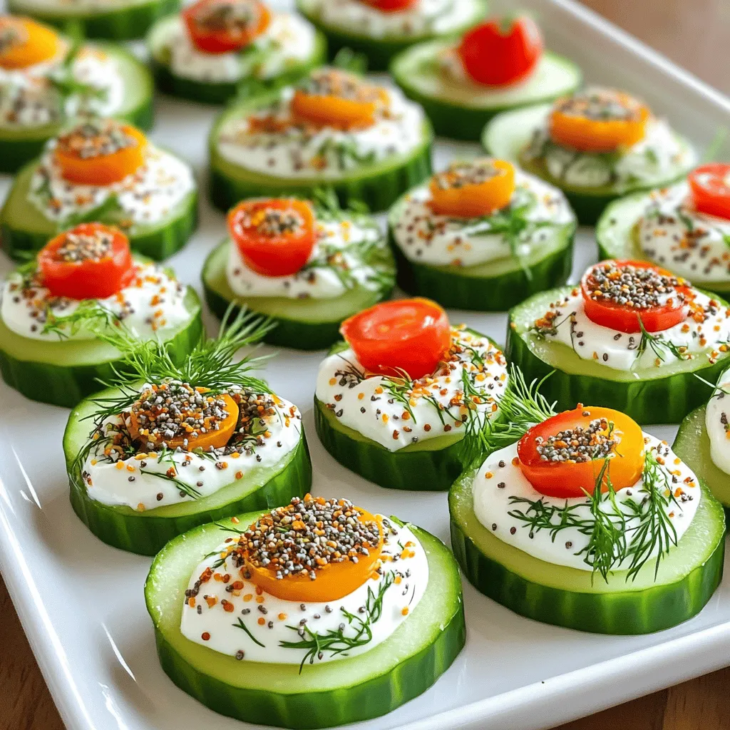 - 1 large cucumber - 4 oz cream cheese, softened - 1 tablespoon sour cream - 1 tablespoon fresh dill, chopped - 2 teaspoons lemon juice - 1/4 teaspoon garlic powder - 1/4 teaspoon onion powder - Everything bagel seasoning, to taste - Cherry tomatoes, halved To make Everything Bagel Cucumber Bites, you need just a few simple ingredients. Start with a large cucumber. Choose one that is firm and fresh. This is the base for your bites. Next, you’ll need cream cheese. Make sure it is softened for easy mixing. Sour cream adds a nice tang. Fresh dill gives a lovely herb taste. Lemon juice brightens the flavors. Garlic and onion powders add depth. Everything bagel seasoning is key to the flavor. It brings a mix of sesame, poppy, and garlic. Lastly, halved cherry tomatoes add color and sweetness. You can adjust the amount of seasoning to suit your taste. This recipe is all about balance and freshness! Slice the cucumber into 1-inch thick rounds. Use a sharp knife for clean cuts. This gives a nice shape and size for each bite. Arrange the cucumber slices on a serving platter. Spread them evenly so they look great when served. In a medium mixing bowl, add the softened cream cheese and sour cream. Use a spatula or hand mixer to mix them well. Then, add the chopped dill, lemon juice, garlic powder, and onion powder. Mix until the blend is smooth and creamy. This mixture gives a rich flavor to the bites. Take a spoon or a piping bag to dollop or pipe the creamy mixture onto each cucumber slice. Make sure to cover them well. Next, sprinkle everything bagel seasoning on top of each bite. Adjust the amount based on your taste. For a pop of color, place half of a cherry tomato on each cucumber bite. This adds sweetness and looks nice too. Chill the bites in the fridge for 15–30 minutes. This helps the flavors mix well and makes them extra refreshing. To make your Everything Bagel Cucumber Bites pop, adjust the seasoning to your taste. Start with a sprinkle of everything bagel seasoning, then add more if you like. Remember, fresh dill adds a bright note, so don't skip it. Chill the cucumber bites for about 15 to 30 minutes before serving. This step helps the flavors blend well, creating a tasty treat. The coolness also adds a refreshing touch to each bite, making them perfect for warm days or gatherings. Serve your cucumber bites on a bright platter. To make them eye-catching, add a sprinkle of extra dill around the edges. You can also place whole cherry tomatoes beside the bites. This adds color and a hint of sweetness. For a fun twist, cut the cherry tomatoes into different shapes. This small change can elevate your dish from simple to stunning. Your guests will love how beautiful and tasty these bites look on the table! {{image_4}} You can swap cream cheese with Greek yogurt for a lighter taste. You can also use ricotta or vegan cream cheese to fit your diet. Each option adds a unique twist to the recipe. For herbs, dill shines, but you can try chives or parsley. Fresh basil adds a sweet note, while cilantro gives a zesty kick. Pick the herb that matches your mood or meal theme. Garnish your bites with thin slices of radish for a spicy crunch. You could also use pickled red onion for a tangy flavor. A sprinkle of paprika adds color and a mild kick. For a creative twist, try adding crumbled bacon or smoked salmon on top. You can also drizzle a bit of balsamic glaze for sweetness. These tweaks will make your Everything Bagel Cucumber Bites stand out at any party! To keep your Everything Bagel Cucumber Bites fresh, store them in an airtight container. Place a damp paper towel inside the container. This helps keep the cucumbers crisp. You can also separate the cucumber slices from the cream cheese mix. This way, they stay fresh longer. These bites can last in the fridge for about two days. After that, they may lose their crunch and flavor. You can make these cucumber bites ahead of time. Prepare the cream cheese mixture and store it in the fridge. Cut your cucumber rounds the day you plan to serve. This keeps them fresh and crisp. If you make them a day early, don’t add the seasoning yet. Sprinkle it on just before serving. This helps keep the flavors bright and the texture perfect. Yes, you can make these cucumber bites vegan. To do this, replace the cream cheese with a plant-based cream cheese. You can also use vegan sour cream. These swaps keep the flavor while making them suitable for a vegan diet. Brands like Tofutti or Kite Hill offer tasty options. You can even make your own vegan cream cheese using soaked cashews blended with lemon juice, garlic, and herbs. To avoid soggy cucumber bites, dry the cucumber slices well. After slicing the cucumber, lay the rounds on paper towels. Let them sit for about 10 minutes to absorb excess water. This step keeps the bites crisp and fresh. You can also chill the cucumber slices before adding the filling. This gives a nice crunch when you serve them. You can serve these cucumber bites with a variety of appetizers. They pair well with smoked salmon or other seafood. You can also add cheese platters or charcuterie boards. Fresh veggies and hummus make a great side too. Consider serving them at parties or gatherings for a crowd-pleasing snack. In this post, we explored tasty Everything Bagel Cucumber Bites. We covered the ingredients, including fresh cucumbers and a creamy mix. You learned how to prepare, assemble, and present these treats. We also shared tips, variations, and storage advice to keep them fresh. These bites are simple, fun, and can impress guests. Feel free to get creative with flavors and toppings. Enjoy making this easy snack!