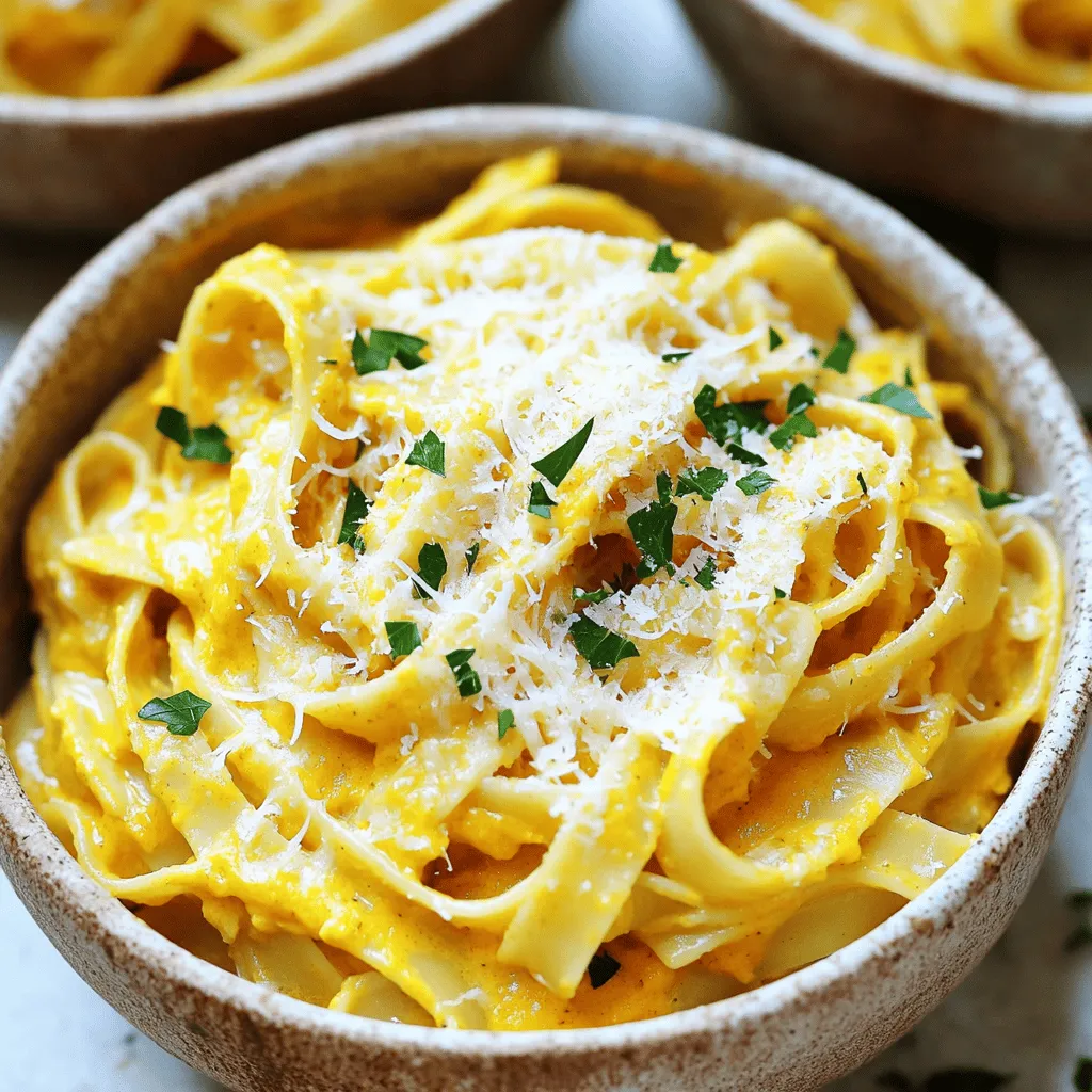 - 8 ounces fettuccine pasta - 1 cup canned pumpkin puree - 2 cups vegetable broth - 1 cup heavy cream - 1 cup finely grated Parmesan cheese - 2 tablespoons unsalted butter - 2 cloves garlic, minced - 1 teaspoon dried thyme - 1/2 teaspoon freshly grated nutmeg - Salt and black pepper to taste - Fresh parsley, chopped for garnish To make One-Pot Pumpkin Alfredo, you need key ingredients that bring warmth and flavor. Start with fettuccine pasta. It cooks well and absorbs sauces nicely. Use canned pumpkin puree for a creamy texture. It adds rich flavor and nutrients too. Vegetable broth provides depth and enhances the overall taste. Next, let’s talk about the cream. Heavy cream is essential for that smooth, rich sauce. It makes the dish feel indulgent. Don’t forget the Parmesan cheese. Grate it finely to help it melt easily into the sauce. Now, for flavor enhancers. Unsalted butter is perfect for sautéing garlic. It adds a lovely base flavor. Use minced garlic for that aromatic touch. The dried thyme adds an herbaceous note, while freshly grated nutmeg gives warmth and depth. Finally, season with salt and black pepper to taste. For garnish, use fresh parsley. It adds color and freshness to the dish when you serve it. Each ingredient plays a role in making this dish a savory and creamy delight. Start by melting 2 tablespoons of unsalted butter in a large pot over medium heat. Once the butter is melted, add 2 cloves of minced garlic. Sauté the garlic for about 1 minute. Stir constantly until the garlic smells good but does not brown. Brown garlic can taste bitter, and we want sweet flavors. Next, add 1 cup of canned pumpkin puree to the pot. Stir it well and heat it for about 2 minutes. This helps the pumpkin get warm and blend its flavor with the garlic. Now, it’s time to add the pasta. Pour in 8 ounces of fettuccine, 2 cups of vegetable broth, and 1 cup of heavy cream. Stir everything together to mix well. Bring this mixture to a gentle boil. It is key to ensure the pasta is fully submerged in the liquid to cook evenly. Once it reaches a boil, lower the heat. Cover the pot with a lid and let it simmer for about 12 to 15 minutes. Stir occasionally. This helps prevent sticking and ensures even cooking. When done, the pasta should be al dente and most of the liquid will be absorbed. After the pasta cooks, it’s time to make it creamy. Fold in 1 cup of finely grated Parmesan cheese. Add 1 teaspoon of dried thyme and 1/2 teaspoon of freshly grated nutmeg for extra flavor. Season with salt and black pepper to taste. Cook for another 2 to 3 minutes, stirring until the cheese melts. The sauce will become rich and creamy, giving your dish a wonderful texture. Remove the pot from the heat. Let it sit for a few minutes to thicken before serving. Enjoy your One-Pot Pumpkin Alfredo! To ensure your pasta cooks evenly, stir it well when you first add it to the pot. This helps separate any clumps. Stir occasionally while it simmers. This keeps the pasta from sticking together. If you notice it starting to stick, add a splash more broth or cream to loosen it up. Adjust the seasoning to your taste. I like to add a bit more nutmeg for warmth. You can also play with herbs. Try adding sage or rosemary for a different twist. Both herbs can bring out the pumpkin's flavor nicely. For an inviting dish, serve the pumpkin Alfredo in shallow bowls. This makes it look nice and allows for easy eating. Garnish with fresh parsley and extra Parmesan on top. Pair it with a simple green salad or crusty bread for a complete meal. {{image_4}} You can easily modify this dish to fit your needs. For gluten-free options, try using gluten-free fettuccine. Many brands offer great pasta that holds up well in sauces. If you need a dairy-free version, substitute heavy cream with coconut milk or a nut-based cream. Use nutritional yeast instead of Parmesan cheese for a cheesy flavor without dairy. Want to add some protein? Cooked chicken or sausage makes a great addition. Just toss it in when you mix the pasta, broth, and cream. You can also mix in vegetables. Spinach adds a nice color and flavor. Mushrooms bring earthiness to the dish, making it more hearty and delicious. Using fresh pumpkins can elevate your dish. Roasting the pumpkin first can add a new depth of flavor. You can also change the spices for a holiday touch. Cinnamon or cloves can give it a warm, festive taste perfect for autumn. Adjust the nutmeg and thyme to match your seasonal mood! To store your One-Pot Pumpkin Alfredo, let it cool first. Place it in an airtight container. This keeps the pasta fresh and helps it last longer. You can store the leftovers in the fridge for up to three days. After that, the flavor and texture may change. To reheat your pasta, use a skillet or a pot on low heat. Add a splash of milk or cream to keep it creamy. Stir often to heat it evenly and prevent burning. If using a microwave, place it in a bowl with a lid. Heat it in short bursts, stirring in between. This helps keep the flavor strong and the sauce smooth. Can I make One-Pot Pumpkin Alfredo ahead of time? Yes, you can make this dish ahead. Cook it fully and let it cool. Store it in an airtight container in the fridge for up to three days. When you are ready to eat, simply reheat it on the stove. Add a splash of cream if it seems too thick. What can I replace Parmesan cheese with? You can use nutritional yeast for a dairy-free option. Grated Pecorino Romano is a good substitute if you prefer a different cheese. Both options will add great flavor to your dish. How do I make a lighter version of this dish? Use whole wheat pasta to add fiber. Swap heavy cream for unsweetened almond milk or a low-fat cream. You can also use less cheese or skip it to reduce calories while keeping the flavor. Can I freeze One-Pot Pumpkin Alfredo? Yes, you can freeze it. Let the dish cool completely, then store it in a freezer-safe container. It will last for about one month. When ready to serve, thaw it in the fridge and reheat on the stove. What other pasta types work well for this recipe? Many pasta types fit well. You can use penne, rotini, or even whole wheat pasta. Choose a shape that holds sauce well for the best experience. In this blog post, we explored how to create a creamy One-Pot Pumpkin Alfredo. We covered the key ingredients like fettuccine, pumpkin puree, and Parmesan cheese. You learned step-by-step instructions to prepare and cook the dish. We also shared tips for flavor enhancements and storage details. Final thoughts: this recipe is versatile and perfect for any season. Try different ingredient swaps and variations to make it your own. Enjoy your cooking adventure!