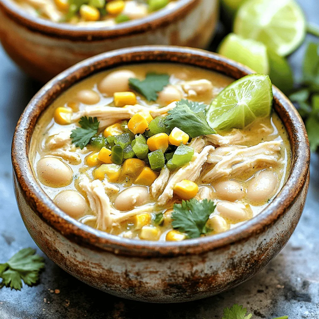 To make this creamy white chicken chili, you will need: - 1 pound boneless, skinless chicken breasts - 1 can (15 oz) white beans (cannellini or great northern), drained and rinsed - 1 can (10 oz) diced green chilies - 1 small onion, finely diced - 2 cloves garlic, minced - 4 cups low-sodium chicken broth - 1 teaspoon ground cumin - 1 teaspoon chili powder - ½ teaspoon smoked paprika - Salt and pepper, to taste - 1 cup heavy cream or coconut cream (for a dairy-free option) - 1 cup corn (fresh, frozen, or canned) - Fresh cilantro, chopped (for garnish) - Lime wedges (for serving) You can swap out some ingredients if needed. For the chicken, use turkey or tofu for a different taste. If you don’t have white beans, canned chickpeas work well. You can use fresh chilies or jalapeños if you prefer more heat. If you want a lighter chili, replace heavy cream with almond milk or skip it altogether. Using fresh ingredients can add great flavor. Fresh garlic and onion will taste better than dried. Fresh corn adds crunch, but frozen corn is still a good choice. Canned beans are quick and easy, but you can cook dried beans for a more homemade touch. Rinse canned beans well to remove extra salt. Start with 1 pound of boneless, skinless chicken breasts. Place these in the bottom of your slow cooker. Make sure they sit flat for even cooking. This step is key for a juicy chicken. Next, add the layers on top of the chicken. Pour in 1 can of drained white beans. Then, add 1 can of diced green chilies. After that, sprinkle in 1 small finely diced onion. Don’t forget the 2 minced garlic cloves and 1 cup of corn. This mix adds great flavor and texture. Now, carefully pour in 4 cups of low-sodium chicken broth. Add 1 teaspoon of ground cumin, 1 teaspoon of chili powder, and ½ teaspoon of smoked paprika. Season with salt and pepper to taste. Stir gently so you don’t disturb the chicken. Cover the slow cooker with the lid. Set it to low heat for 6-7 hours or high heat for 3-4 hours. When the chicken is fully cooked, it will be tender and easy to shred. To make your chili extra creamy, use heavy cream or coconut cream. I love coconut cream for a dairy-free twist. Add it after cooking, and stir it in well. This makes the chili rich and smooth. If you want a lighter version, try using half-and-half instead. Always adjust the cream to your taste. Want to kick up the flavor? Try adding fresh lime juice just before serving. It gives a fresh zing that brightens every bite. You can also toss in some diced avocado for creaminess. Another option is to add a handful of fresh cilantro at the end. This adds a burst of flavor and a pop of color. If your chili feels too thick, add more chicken broth. This helps loosen it up. If it tastes bland, add a pinch of salt or more spices. Sometimes, a dash of hot sauce can bring it to life. If your chicken is dry, make sure you shred it well and mix it back in with the cream. This helps keep it moist. {{image_4}} You can easily change the heat in this chili. To make it spicier, add chopped jalapeños or a dash of hot sauce. If you prefer it mild, skip the diced green chilies or use fewer spices. Adjusting the chili powder and cumin can also help. Taste as you go, so you find the perfect balance for your family. Want to make this chili vegetarian or vegan? Start by swapping the chicken for cooked lentils or extra beans. Use vegetable broth instead of chicken broth for a rich base. Replace heavy cream with coconut cream or a plant-based cream. You still get that creamy texture and yummy flavor while keeping it plant-based! Adding veggies boosts the nutrients and flavor. Try tossing in diced bell peppers, zucchini, or carrots. You can also add chopped spinach or kale toward the end of cooking for a fresh touch. More vegetables give you that hearty feel while keeping the dish colorful and fun to eat! After enjoying your chili, let it cool. Transfer the chili to an airtight container. You can store it in the fridge for up to four days. Make sure to label the container with the date. This helps you track how fresh it is. When it’s time to eat again, take the chili out of the fridge. Pour it into a pot over medium heat. Stir often until it heats through. If it’s too thick, add a splash of chicken broth to loosen it. You can also use the microwave. Heat it in short bursts, stirring in between. To freeze, use a freezer-safe container. Leave some space at the top, as the chili will expand. It can last up to three months in the freezer. When ready to eat, thaw it in the fridge overnight. Reheat it on the stove or in the microwave. Enjoy your creamy white chicken chili anytime! Yes, you can cook this chili on the stovetop. Start by heating a large pot over medium heat. Add the diced onion and garlic, cooking until soft. Then, add the chicken breasts, broth, beans, chilies, corn, and spices. Bring it to a boil, then lower the heat. Cover and simmer for about 30 minutes, or until the chicken is tender. Shred the chicken and stir in the cream, as you would in the slow cooker. To thicken your chili, you have a few options. One simple way is to mash some of the white beans. This adds body without changing the taste. You can also mix a tablespoon of cornstarch with water, then stir it in. Let it cook for a few more minutes until it thickens. If you prefer a creamier texture, add more heavy cream or coconut cream. Creamy white chicken chili pairs well with many sides. Warm tortillas or cornbread are great for dipping. You can also serve it with a fresh salad or rice for a filling meal. For an extra touch, add lime wedges and chopped cilantro on top for brightness. This blog covers key points to make creamy white chicken chili. We discussed ingredient choices, effective cooking steps, and tips to boost flavor. You also learned ways to adjust spice levels and the best storage methods. Remember, making chili can be fun and flexible. Experiment with your own twist! With practice, you'll create a dish that's tasty every time. Enjoy sharing your creamy chili with friends and family.