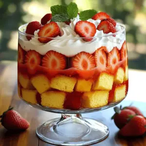 For the best flavor, use ripe strawberries. You need 2 cups of fresh strawberries, hulled and sliced. Hulling means removing the green tops. Slicing them helps release their sweet juices. To enhance their taste, sprinkle 1/4 cup of granulated sugar over the strawberries. Mix them gently and let them sit for 15 minutes. This step, known as macerating, creates a lovely syrup. Next, we need the cream! Use 1 cup of heavy whipping cream for a fluffy texture. Add 1/4 cup of powdered sugar to sweeten it. Don’t forget 1 teaspoon of vanilla extract for flavor. Whip these ingredients until soft peaks form. Be careful not to over-mix. You want the cream light and airy. For the trifle base, use 1 pound of store-bought pound cake. Cut it into cubes to make layers easy. You also need 1 cup of Greek yogurt. This adds a nice tang and creaminess. Combine the Greek yogurt with half of the whipped cream. Gently fold them together until smooth. This mixture will bring a lightness to the layers. With these ingredients ready, you can create a beautiful trifle that will impress everyone! To start, you need fresh strawberries. Hull and slice them thinly. In a medium bowl, mix the strawberries with granulated sugar. Toss them gently to coat. Let them sit for 15 minutes. This helps the strawberries release their juices. The result is a sweet syrup that adds flavor to the trifle. While your strawberries are macerating, grab another bowl. Pour in 1 cup of heavy whipping cream. Add 1/4 cup of powdered sugar and 1 teaspoon of vanilla extract. Use an electric mixer to beat the mixture. Mix at medium speed until soft peaks form. Be careful not to over-mix. You want your cream to stay light and fluffy. Next, take a new bowl and combine 1 cup of Greek yogurt with half of your whipped cream. Use a spatula to fold the whipped cream into the yogurt. Do this gently until it's well mixed. This creates a light and airy cream that adds a nice texture to your trifle. Now it's time to assemble. Choose a large trifle bowl or individual glasses. Start with a layer of pound cake cubes at the bottom. Use about a third of the cake for this layer. This base helps soak up the juices from the strawberries. Next, add a layer of your macerated strawberries along with their juices. After that, spoon in a layer of the yogurt and whipped cream mixture. Repeat the layers. Alternate between pound cake, strawberries, and cream until all ingredients are used. The top layer should be the remaining whipped cream mixture for a pretty look. For a beautiful finish, decorate the top with more sliced strawberries. Arrange them nicely and sprinkle some fresh mint leaves on top. This adds color and a hint of freshness to your trifle. Cover the assembled trifle with plastic wrap and place it in the fridge. Let it chill for at least 1 hour before serving. This helps the flavors blend together nicely. Each bite will be a delicious treat! To whip cream well, start with cold tools. Use a cold mixing bowl and beaters. Cold cream whips faster and stays fluffy. Pour in 1 cup of heavy whipping cream, 1/4 cup powdered sugar, and 1 teaspoon vanilla extract. Mix on medium speed. Watch for soft peaks to form. Stop mixing when you see peaks hold their shape. Over-mixing makes the cream grainy. Layering makes the trifle appealing. Begin with a layer of pound cake cubes at the base. Use about one-third of the cake for this layer. Next, add a layer of macerated strawberries with their juices. Spoon the yogurt and whipped cream mixture on top. Repeat this process until all ingredients are used. Always finish with whipped cream. This creates a lovely top. Presentation matters when serving trifle. Use clear glass dishes. This shows off the layers of strawberries, cake, and cream. For a final touch, place sliced strawberries on top. Add fresh mint leaves for color and a fresh taste. These small details make your trifle look fancy and inviting. {{image_4}} You can swap strawberries for other fruits. Try using blueberries, raspberries, or peaches. Each fruit brings a unique taste. For example, raspberries add a tart flavor. Blueberries offer a sweet burst. Peaches bring a soft, juicy touch. Mix and match fruits for fun combinations. Your trifle will look colorful and taste fresh. You can make a gluten-free version easily. Use gluten-free pound cake instead of regular cake. Many stores sell this option now. You can also make your own from gluten-free flour. This way, everyone can enjoy the treat. Just check the labels to ensure all ingredients are gluten-free, including the whipped cream and yogurt. Want to add a twist? Consider stirring in a splash of almond extract into the cream. It adds a lovely nutty flavor. You can also mix in some lemon zest for a fresh citrus note. If you like chocolate, try adding cocoa powder to the cream. This will give a rich, chocolatey taste. You can also sprinkle nuts or granola between layers for crunch. Each addition makes your trifle unique and fun! To store your strawberry shortcake trifle, cover it well with plastic wrap. Place it in the fridge. The trifle will stay fresh for up to 3 days. Chilling helps the flavors mix, making each bite even better. Keep it away from strong-smelling foods to avoid flavor transfer. I do not recommend freezing the trifle. The whipped cream and yogurt may change texture. If you freeze it, the cake may become soggy when thawed. Instead, save leftovers in the fridge for the best taste and texture. If you have leftovers, serve them in small bowls. This way, everyone can enjoy a tasty treat. If the trifle has been in the fridge for more than 3 days, check it for freshness. Discard any trifle that looks or smells off. Enjoy your sweet creation while it lasts! Yes, you can make this trifle ahead of time. It’s best to assemble it a few hours before you serve. This gives the layers time to blend. The flavors will mix well, making it taste even better. Just remember to cover it tightly with plastic wrap. You can use different types of cake for your trifle. Angel food cake works well and adds a light touch. You can also try sponge cake for a softer bite. Even chocolate cake can create a fun twist. To make a dairy-free trifle, swap the heavy cream with coconut cream. Use dairy-free yogurt instead of Greek yogurt. You can also find dairy-free whipped cream at stores. This way, you keep all the creaminess without dairy. Yes, you can use frozen strawberries. Just make sure to thaw and drain them first. This will help prevent excess water in your trifle. Frozen strawberries may be softer, but they still taste great and add flavor. This blog shared how to make a tasty strawberry shortcake trifle. We discussed fresh strawberries, cream, and cake layers. You learned how to prepare, whip, and assemble ingredients step by step. I offered tips for perfect layers and fun variations. Remember to store your trifle properly to enjoy it longer. Now, you can impress your family and friends with this easy dessert. Enjoy your delicious creation!