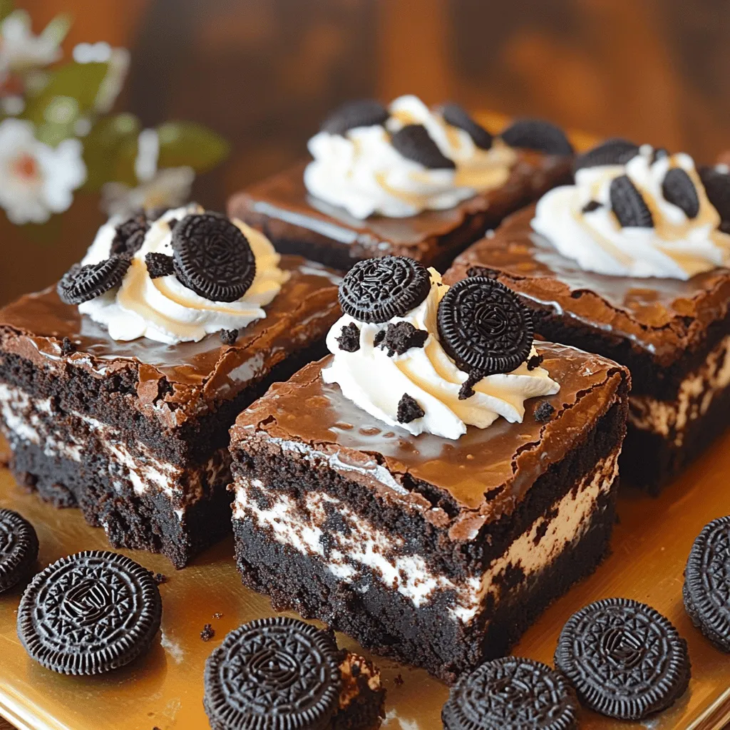 - 1 cup unsalted butter - 2 cups granulated sugar - 1 cup packed brown sugar - 4 large eggs - 2 teaspoons vanilla extract - 1 cup all-purpose flour - 1 cup unsweetened cocoa powder - 1 teaspoon baking powder - 1/2 teaspoon salt - 1 cup semi-sweet chocolate chips - 15 Oreo cookies, coarsely chopped - 1 cup heavy cream - 8 oz cream cheese - Additional Oreo cookies for topping Use dry measuring cups for flour and cocoa powder. Fill the cup, then level it off. For sticky ingredients like brown sugar, pack it tightly into the cup. Use liquid measuring cups for liquids. Pour in heavy cream and check at eye level for accuracy. You can swap unsalted butter for coconut oil for a dairy-free version. For a lower sugar option, use a sugar substitute like monk fruit sweetener. Substitute gluten-free all-purpose flour for regular flour to make this recipe gluten-free. For a lighter topping, use Greek yogurt instead of cream cheese. First, preheat your oven to 350°F (175°C). This step warms up the oven for even baking. Next, take a 9x13-inch baking pan. You can grease it lightly or line it with parchment paper. This helps the brownies come out easily after baking. In a medium saucepan, melt 1 cup of unsalted butter over low heat. Once melted, remove it from heat. Now, stir in 2 cups of granulated sugar and 1 cup of packed brown sugar. Mix until it looks smooth and glossy. Next, add 4 large eggs to the butter and sugar mix. Do this one at a time, mixing well after each. Finally, stir in 2 teaspoons of vanilla extract to add flavor. In another bowl, whisk together 1 cup of all-purpose flour, 1 cup of unsweetened cocoa powder, 1 teaspoon of baking powder, and 1/2 teaspoon of salt. This mix adds structure and flavor to your brownies. Now, gently mix the dry ingredients into the wet mix. Do this just until combined. Remember, you want a thick and fudgy batter, not over-mixed. Next, gently fold in 1 cup of semi-sweet chocolate chips and 15 coarsely chopped Oreo cookies. This adds extra chocolate and fun texture. Pour the brownie batter into your prepared pan. Use a spatula to spread it out evenly. Bake in the preheated oven for 30-35 minutes. To check if they are done, insert a toothpick into the center. It should come out with a few moist crumbs. While the brownies bake, prepare the cookies and cream topping. In a clean bowl, beat 1 cup of heavy cream until soft peaks form. In another bowl, beat 8 oz of softened cream cheese until smooth. Next, fold the whipped cream into the cream cheese mix until creamy and well combined. After the brownies cool for about 10 minutes, transfer them to a wire rack to cool completely. Once cool, spread the cookies and cream topping over the brownies. Top with extra crushed Oreo cookies for a tasty crunch. Now, cut into squares and enjoy your rich and decadent Oreo Cookies and Cream Brownies! To get the perfect fudgy texture, focus on mixing. Combine the wet and dry ingredients just until they blend. If you mix too long, the brownies become tough. Aim for a thick and rich batter. For a beautiful display, arrange the brownies on a large platter. Drizzle warm chocolate sauce over the top. It adds a nice touch. You can also place whole Oreo cookies around the brownies. This makes for a fun and inviting look. Store brownies in an airtight container at room temperature. They stay fresh for about four days. To keep the cookies and cream topping fresh, cover it lightly. If you want to save them longer, refrigerate. Just remember to let them warm up a bit before serving. {{image_4}} You can easily add fun twists to your Oreo Cookies and Cream Brownies. Here are some ideas: - Adding nuts or other mix-ins: Chopped walnuts or pecans can add a nice crunch. For a fun twist, try adding mini marshmallows or peanut butter chips. Just make sure to mix them in gently so they stay distributed. - Alternative cream cheese flavors: Want to change up the topping? Use flavored cream cheese. Try strawberry or vanilla cream cheese for a new taste. This keeps the brownies fresh and exciting. If you want a lighter version of these brownies, consider these swaps: - Using whole wheat flour or sugar substitutes: Whole wheat flour can make your brownies a bit healthier. It adds fiber, too. You can also use sugar substitutes like stevia or coconut sugar to cut down on calories. - Vegan version suggestions: To make these brownies vegan, swap the eggs for flax eggs (1 tablespoon of ground flaxseed mixed with 2.5 tablespoons of water for each egg). Use coconut oil in place of butter and almond milk for the cream. You can find vegan cream cheese to keep the topping creamy and delicious. To store brownies at room temperature, place them in an airtight container. This keeps them fresh and prevents them from drying out. You can also cover them with plastic wrap for extra protection. The shelf life of brownies at room temperature is about 3 to 4 days. After that, they may lose their soft texture. For refrigeration, first let the brownies cool completely. Then, wrap them tightly in plastic wrap or foil. This helps keep the cream topping fresh. You can also place them in an airtight container. The brownies will last for about a week in the fridge. If you notice any separation in the cream, gently stir it before serving. To freeze brownies, cut them into squares first. Wrap each square in plastic wrap or aluminum foil. Then, place them in a freezer-safe bag or container. This way, you can grab just what you need later. They can be frozen for up to 3 months. When you're ready to enjoy, thaw them in the fridge overnight. For the best texture, let them come to room temperature before serving. Bake the brownies for 30 to 35 minutes. I recommend checking them at 30 minutes. Insert a toothpick in the center. If it comes out with a few moist crumbs, they are done. If it comes out clean, they may be overbaked. Yes, you can use gluten-free flour. I suggest using a gluten-free all-purpose blend. This works well in most brownie recipes. Just be sure it has xanthan gum for better texture. Look for the edges to pull away from the pan slightly. The center should be set but still soft. A toothpick test is best. A few moist crumbs mean they are perfect. Absolutely! You can prepare the brownies a day in advance. Store them in an airtight container. For the best taste, add the cookies and cream topping just before serving. You now have everything needed to make delicious Oreo Cookies and Cream Brownies. We covered the ingredients, measuring tips, and step-by-step instructions for your baking journey. Plus, we shared helpful storage tips and creative variations to keep things fun. Remember, baking is all about practice and finding your style. Don't be afraid to experiment and make this recipe your own. Enjoy your brownies and impress your friends with your new skills!