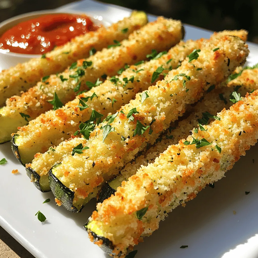 To make crispy Parmesan zucchini fries, gather these key items: - 2 medium zucchinis, cut into thin fries - 1 cup all-purpose flour - 2 large eggs, beaten - 1 cup breadcrumbs (panko preferred for extra crunch) - 1/2 cup grated Parmesan cheese - 1 teaspoon garlic powder - 1 teaspoon onion powder - 1/2 teaspoon salt - 1/4 teaspoon black pepper - Olive oil spray or vegetable oil for frying You might already have some of these staples in your kitchen. They enhance flavor and texture: - Garlic powder adds a nice kick. - Onion powder gives a savory depth. - Salt and black pepper balance the dish. Both garlic and onion powder help make the fries tasty without extra steps. Using the right tools makes cooking easier and more fun. Here are some must-haves: - Baking sheet: Use one lined with parchment paper for easy cleanup. - Shallow bowls: You'll need these for breading the fries. - Whisk: Great for mixing the egg wash and dry ingredients. - Tongs or a fork: Use these to handle the zucchini fries without making a mess. With these ingredients and tools, you're ready to create crispy, delicious zucchini fries! Start by preheating your oven to 425°F (220°C). This step is key for making the fries crispy. Next, line a baking sheet with parchment paper. This keeps the fries from sticking and makes cleaning easier. Now, set up your breading stations. In a shallow bowl, mix 1 cup of flour, 1 teaspoon of garlic powder, 1 teaspoon of onion powder, 1/2 teaspoon of salt, and 1/4 teaspoon of black pepper. This is your coating station. In another bowl, beat 2 large eggs. This will be your egg wash. For the last bowl, mix 1 cup of breadcrumbs with 1/2 cup of grated Parmesan cheese. Make sure everything is well combined for even flavor. Take a zucchini fry and dip it into the seasoned flour. Make sure to coat it evenly. Shake off any extra flour to avoid clumps. Next, dip the floured fry into the egg wash. Let any excess egg drip back into the bowl. This helps the next coating stick better. Finally, roll the fry in the breadcrumb and Parmesan mix. Press gently to ensure a good coat. Repeat this for all your zucchini fries. Arrange the coated fries in a single layer on your prepared baking sheet. To get that perfect crunch, spray them lightly with olive oil or vegetable oil. Bake them in the preheated oven for about 20-25 minutes. Flip the fries halfway through to ensure they cook evenly. When they come out, they should be golden brown and crispy. Let them cool for a few minutes before serving. To make your zucchini fries extra crispy, use panko breadcrumbs. They add that great crunch. Coat the fries well. Press the breadcrumbs onto the zucchini to help them stick. This step is key. Also, don't skip spraying them with oil before baking. This helps them brown nicely. One common mistake is cutting the zucchini too thick. Thin fries cook faster and get crispier. Another mistake is overcrowding the baking sheet. Spread the fries out in a single layer. This gives them room to crisp up. Lastly, don’t skip flipping them halfway. This ensures even cooking on both sides. Serve your crispy zucchini fries with marinara sauce or garlic aioli. They complement the crispy texture well. You can also pair them with a fresh salad for a light meal. For a fun twist, add a sprinkle of chili flakes for heat. Enjoy these fries as a snack or a tasty side dish! {{image_4}} You can easily change the flavor of your zucchini fries. Want some heat? Add cayenne pepper or chili powder to the flour mix. For a fresh taste, mix dried herbs like oregano or thyme into your breadcrumbs. You can also use fresh herbs like basil or parsley for a bright kick. Experiment with garlic or onion powder for different flavor notes, too. Your taste buds will love these fun twists! If you want a faster method, try an air fryer. Preheat it to 400°F (200°C) and cook the fries for about 15 minutes. Shake the basket halfway for even cooking. If you prefer frying, heat oil in a pan over medium heat. Fry the zucchini until golden brown, flipping them often. Both methods give you crunchy fries, so pick what works for you. You can make this recipe fit your needs easily. For a gluten-free option, use almond flour or a gluten-free breadcrumb mix. If you are vegan, replace eggs with a flaxseed mixture. Just mix one tablespoon of ground flaxseed with three tablespoons of water and let it sit for a few minutes. You can also swap Parmesan for nutritional yeast for a cheesy flavor that’s plant-based. These swaps keep your dish tasty and suitable for everyone! To keep your leftover zucchini fries fresh, store them in an airtight container. Let them cool down first. Place a paper towel at the bottom of the container to absorb moisture. This helps keep them crispy. Store in the fridge for up to three days. When you’re ready to enjoy your leftover fries, reheating them right is key. Preheat your oven to 400°F (200°C). Spread the fries on a baking sheet in a single layer. Bake for about 10 minutes or until they are hot and crispy again. This method keeps the fries crunchy, unlike the microwave, which can make them soggy. If you want to freeze zucchini fries, follow these steps. First, bake the fries as directed and let them cool completely. Next, arrange them in a single layer on a baking sheet and freeze for a few hours. Once frozen, transfer them to a freezer-safe bag. They can last up to three months in the freezer. When ready to eat, bake from frozen without thawing for about 25-30 minutes at 425°F (220°C). Enjoy your crispy treat anytime! Yes, you can use other veggies! Carrots, eggplant, or sweet potatoes work well. Just cut them into similar fry shapes. Adjust the cooking time based on the veggie you choose. This keeps your meal fresh and exciting. I love serving these fries with marinara sauce or creamy garlic aioli. Ranch dressing also makes a great choice. You can even try spicy ketchup for a kick. Pick your favorite sauce to make your fries even tastier! To keep your fries crispy, make sure to coat them well. Spray them with oil before baking. Baking them in a single layer helps too. Flipping them halfway through cooking gives them that perfect crunch. Enjoy the crispiness with each bite! You learned about making crispy Parmesan zucchini fries from start to finish. Key ingredients, tools, and steps are vital for success. Remember to preheat your oven and set up your breading stations. Use tips to avoid common mistakes and enhance crispiness. You can try different flavors and cooking methods for variety. Store leftovers properly to keep them fresh. This dish is fun and tasty, so dig in and enjoy your fries!
