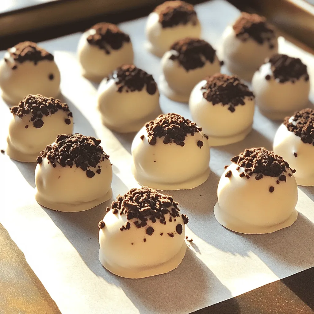 - 36 Oreo cookies - 8 oz cream cheese, softened to room temperature - 1 cup white chocolate chips - 1 tablespoon coconut oil (optional, for a smoother chocolate coating) - 1/4 cup crushed Oreo cookies (for garnish) - Food processor or rolling pin - Large mixing bowl - Baking sheet - Parchment paper - Microwave-safe bowl - Fork You need these main ingredients to make No Bake Oreo Truffles. First, Oreo cookies are the base. Their chocolatey taste gives the truffles a rich flavor. Cream cheese adds creaminess and binds everything together. White chocolate chips create a sweet coating. Coconut oil helps the chocolate melt smooth. Crushed Oreos sprinkle on top make it pretty. For tools, a food processor is best to crush the cookies. If you don't have one, a rolling pin and a plastic bag work too. A large mixing bowl mixes the ingredients. You will need a baking sheet lined with parchment paper to hold the truffles. A microwave-safe bowl melts the chocolate. Lastly, a fork helps dip the truffles into the chocolate. Gather these items, and you’ll be ready to create a sweet treat that everyone will love! - Crush the Oreos: Start by placing 36 Oreo cookies in a food processor. Pulse them until they are finely crushed. If you do not have a processor, use a rolling pin on a resealable bag. You want a texture that feels like sand. - Mix in the cream cheese: Next, pour the crushed Oreos into a large mixing bowl. Add 8 oz of softened cream cheese. Use your hands or a spatula to mix well. Aim for a thick dough that holds together firmly. - Shape the truffles into balls: Now, take small pieces of the Oreo-cream cheese mix. Roll them into balls about 1 inch wide. Place these on a parchment-lined baking sheet to catch drips. - Chill the truffles in the refrigerator: Place the baking sheet in the fridge for about 30 minutes. This helps the truffles firm up, making them easier to coat in chocolate. - Melt the white chocolate: While your truffles chill, melt 1 cup of white chocolate chips. In a microwave-safe bowl, mix the chocolate chips with 1 tablespoon of coconut oil if you want a smoother coat. Heat for 30 seconds and stir until smooth. - Coat the truffles in chocolate: After chilling, take the truffles out. Use a fork to dip each ball into the melted chocolate. Make sure each truffle gets an even coat. Let any extra chocolate drip off before placing them back on the baking sheet. - Add the topping before chocolate sets: Before the chocolate hardens, sprinkle a little crushed Oreo cookies on top. This gives your truffles a nice finish and extra crunch. To make the best Oreo truffles, get the right Oreo to cream cheese ratio. Use 36 Oreos and 8 oz of softened cream cheese. This mix gives you a rich and creamy texture. If the dough feels too dry, add a bit more cream cheese. For a smoother mix, make sure your cream cheese is at room temperature. When rolling the truffles, make them about 1 inch wide. If they stick to your hands, dampen your hands slightly. This keeps them smooth and round. If you find the mixture too soft, chill it for a bit before rolling. For a smooth chocolate finish, melt your white chocolate slowly. Heat it in a microwave-safe bowl in 30-second bursts. Stir often to avoid burning. If you want an extra smooth coating, add 1 tablespoon of coconut oil to the chocolate. This will help the chocolate glide on easily. If you don't like white chocolate, you can try dark chocolate or milk chocolate. Just melt it the same way. Each type will give your truffles a different flavor. To show off your truffles, place them on a pretty plate. Use a cupcake liner for each one to make them pop. You can also sprinkle some crushed Oreos on top for a fun look. For drinks, pair these truffles with milk, coffee, or even a sweet dessert wine. Each option brings out the Oreo flavor and makes your treat even better! {{image_4}} You can easily change the taste of your Oreo truffles! Adding flavor extracts like vanilla or almond gives them a new twist. Just a small amount can make a big difference. You can also try using different types of chocolate. Dark chocolate gives a rich flavor, while milk chocolate is sweeter. Experiment with what you love! Garnishing can make these truffles even more fun. You can add sprinkles for color or crushed nuts for crunch. Try using flavored chocolate coatings, too! For example, a mint chocolate coating can give a fresh taste. Get creative and make them your own! If you follow a special diet, don't worry! You can swap out the cream cheese for vegan options, like cashew cream. For chocolate, look for dairy-free versions. If you need gluten-free treats, check that your Oreos are certified gluten-free. These simple changes let everyone enjoy your delicious truffles! To keep your truffles fresh, use an airtight container. A glass or plastic container works well. Line the bottom with parchment paper. This helps to absorb any moisture. Store the container in the refrigerator. This keeps the truffles firm and tasty. In the refrigerator, these truffles last about one week. If you want to keep them longer, freezing is a great option. Properly stored, truffles can last up to three months in the freezer. Just ensure they are well-wrapped to avoid freezer burn. To thaw frozen truffles, move them to the fridge. Let them sit overnight for best results. If you need them faster, you can leave them at room temperature for about 30 minutes. Avoid using the microwave, as it can change the texture of the chocolate. Yes, you can use regular cream cheese. However, softened cream cheese mixes much better. It combines smoothly with the crushed Oreos. This mix creates a nice dough that holds together well. It also helps the truffles be creamy and rich. To keep the white chocolate from hardening too fast, use a microwave-safe bowl. Melt the chocolate in short bursts, stirring often. You can also add a tablespoon of coconut oil. This helps the chocolate stay smooth and easy to work with. You can use other cookies if you like. Chocolate wafer cookies or even gluten-free cookies work well. Just make sure they are similar in texture. This way, the truffles still taste great. Yes, you can make these truffles a day ahead. Just keep them in the fridge in an airtight container. This helps the flavors blend better. Plus, it saves you time if you have a busy day ahead. To stop the truffles from sticking, chill them well. After rolling them, place them on parchment paper. You can also dust them lightly with cocoa powder. This adds flavor and keeps them from sticking. Making Oreo truffles is a fun and simple process. We covered key ingredients like Oreos and cream cheese, along with easy steps to prepare and chill. I shared tips for the perfect texture and suggested storage for freshness. You can even vary flavors or make them vegan. With these methods, you'll impress anyone with delicious treats. Enjoy crafting your own truffles whenever you crave a sweet snack!