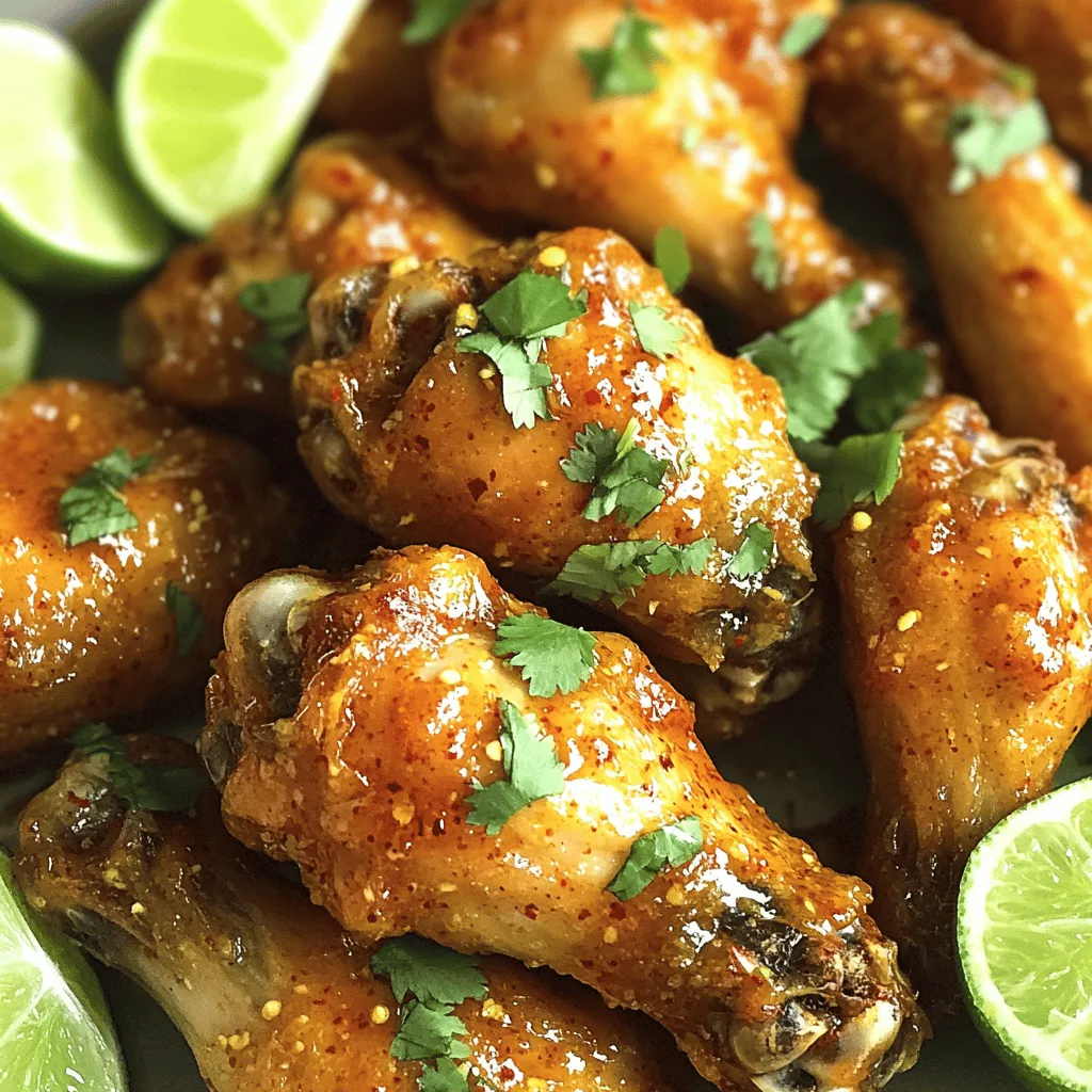 - 2 pounds chicken wings - 1/2 cup sweet chili sauce - 2 tablespoons low sodium soy sauce - 1 tablespoon garlic powder - 1 teaspoon smoked paprika - 1/2 teaspoon black pepper - 1/2 teaspoon salt - 1 tablespoon cornstarch - Fresh cilantro, finely chopped - Lime wedges When making Air Fryer Sweet Chili Chicken Wings, you need a few key items. First, chicken wings are the star. They should weigh about 2 pounds. Next, sweet chili sauce adds a nice kick. You will want half a cup of it. The low sodium soy sauce is a must too. Use two tablespoons to enhance the flavor. Now, for the seasonings. Garlic powder, smoked paprika, black pepper, and salt make the wings pop. You will need one tablespoon of garlic powder, one teaspoon of smoked paprika, and half a teaspoon each of black pepper and salt. To make them extra crispy, sprinkle one tablespoon of cornstarch on the wings. Lastly, for garnish, fresh cilantro adds a bright touch. Don't forget lime wedges! They give a nice zing when squeezed over the wings. This simple list of ingredients yields a flavorful delight that everyone will enjoy. First, you need to pat the wings dry using paper towels. This step is very important. Removing moisture helps the wings get crispy in the air fryer. If they are wet, they will steam and not get that nice crunch. Next, mix the marinade. In a bowl, combine the sweet chili sauce, low sodium soy sauce, garlic powder, smoked paprika, black pepper, and salt. Stir it well until everything blends nicely. Now, add the chicken wings to the bowl. Make sure each wing is covered in the sauce. Cover the bowl with plastic wrap. Let it sit for at least 30 minutes at room temperature. For a stronger flavor, you can refrigerate it for up to 2 hours. After marinating, sprinkle cornstarch over the wings. Toss them gently to coat evenly. The cornstarch is key for achieving that delightful crunch when cooking. Before you start cooking, preheat your air fryer to 400°F (200°C). This helps the wings cook evenly. Once preheated, arrange the wings in a single layer in the basket. If your air fryer is small, you may need to cook them in batches. Cook the wings for about 25 to 30 minutes. Flip them halfway through so they brown evenly. They should be golden brown and reach an internal temperature of 165°F (74°C). In the last 5 minutes of cooking, drizzle more sweet chili sauce over the wings. Let them cook for five more minutes. This adds a sticky glaze that makes the wings extra tasty. When done, carefully take the wings out of the air fryer. Sprinkle chopped cilantro on top for a fresh touch. Serve the wings right away with lime wedges on the side. Squeezing lime over the wings adds a bright flavor. For an appealing look, arrange the wings on a platter and add the lime wedges and cilantro. This makes the dish inviting for everyone! Marinating your wings is key. It helps them soak up flavor and moisture. I recommend marinating for at least 30 minutes. For more flavor, leave them in the fridge for up to 2 hours. This time makes a big difference! Set your air fryer to 400°F (200°C). Preheating is essential. It ensures the wings start cooking right away. This step helps create that crispy outer layer. If your wings are not crispy enough, check the drying process. Pat them dry well before marinating. Also, ensure you coat them evenly with cornstarch. This helps create that perfect crunch. For overcooked or undercooked wings, keep an eye on the time. Cooking for 25-30 minutes is ideal. Flip the wings halfway through for even cooking. Use a meat thermometer to check if they reach 165°F (74°C). You can mix up the marinade too! Try adding some hot sauce for a spicy kick. A splash of lime juice brings a fresh twist. You can also experiment with different sauces, like teriyaki or BBQ. For dips, I suggest ranch or blue cheese dressing. They pair well with the sweet chili wings. Serve with crunchy veggies or fries on the side for a full meal! {{image_4}} You can change the flavor of your wings easily. Here are two tasty options: - Spicy Variations with Added Heat Add some heat to your sweet chili wings. Mix in red pepper flakes or sriracha with the marinade. This gives a nice kick and adds depth. You can also use spicy chili sauce instead of sweet chili sauce for more heat. - Sweet and Tangy Alternatives For a sweeter taste, mix honey or maple syrup with the sweet chili sauce. You can also add lime juice for a tangy twist. This combo makes the wings bright and refreshing. If you want to try cooking your wings in a different way, here are two options: - Oven-Baked Version Preheat your oven to 425°F (220°C). Place the marinated wings on a baking sheet lined with parchment paper. Bake for about 30-35 minutes. Flip them halfway through for even cooking. This method gives crispy wings too! - Traditional Deep-Frying Approach Heat oil in a deep fryer or large pot to 375°F (190°C). Carefully add the marinated wings in batches. Fry for about 8-10 minutes or until golden brown. Drain on paper towels to remove excess oil. This method makes the wings super crispy! How you serve your wings can change the vibe of your meal. Here are some ideas: - Tailgate Recipe Suggestions Serve these wings at your next tailgate! Pair them with cold drinks and sides like coleslaw or chips. They are perfect for sharing and will be a hit! - Serving as Appetizers vs. Main Dishes You can serve the wings as appetizers for a party or as a main dish at dinner. If using them as a main, add rice or a salad on the side. This makes the meal more filling and balanced. To keep your wings fresh, store them in the fridge. Place them in an airtight container. They can last up to three days this way. If you want to keep them longer, freeze the wings. Wrap them in plastic wrap and place them in a freezer bag. They can stay good for up to three months in the freezer. When it’s time to enjoy leftovers, reheating is key. The best method is to use an air fryer. Set it to 350°F (175°C) and heat for about 5 to 7 minutes. This keeps the wings crispy. You can also use an oven. Preheat to 375°F (190°C) and bake for about 10 minutes. For safe eating, enjoy your wings within three days if refrigerated. If frozen, they stay good for up to three months. Check for signs of spoilage before eating. If they smell off or have a strange color, it’s best to throw them away. You should marinate chicken wings for at least 30 minutes. For the best taste, try to marinate them for 2 hours. This gives the sauce time to seep in and flavor the meat. If you do not have much time, even a quick 30-minute soak will still add flavor. Yes, you can use frozen wings, but I recommend thawing them first. This helps the marinade stick better and ensures even cooking. If you are in a rush, you can cook frozen wings, but they will take longer to reach the right temperature. You can use honey mixed with soy sauce for a quick swap. Another option is to combine ketchup with a bit of hot sauce. This mixture gives a sweet and spicy taste similar to sweet chili sauce. To make the wings healthier, use less sweet chili sauce or a low-sugar version. You can also skip the cornstarch for a lighter texture. Bake the wings instead of frying them for a healthier option. Yes, air fryer sweet chili chicken wings can be gluten-free. Just use gluten-free soy sauce. Always check the sauce label to ensure it does not contain gluten. By doing this, you keep the dish safe for those with gluten sensitivities. You learned how to make delicious sweet chili chicken wings in an air fryer. We covered the key ingredients, from chicken wings to sweet chili sauce. You also got step-by-step instructions to ensure crispy results. Plus, we explored tips for flavor and variations like spicy options. Don’t forget to store your leftovers properly to enjoy later. Now, it's time to gather friends or family and enjoy your tasty wings!