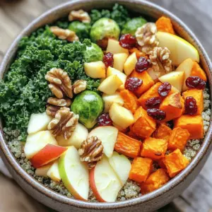 - 1 cup quinoa - 2 cups vegetable broth - 1 medium sweet potato - 1 cup Brussels sprouts - 1 cup kale - 1 crisp apple - ½ cup dried cranberries - ½ cup walnuts - 2 tablespoons olive oil - 1 teaspoon ground cinnamon - 1 tablespoon maple syrup (optional) - Juice of 1 fresh lemon - Salt and pepper Each serving has about 400 calories. This bowl is rich in fiber, protein, and healthy fats. The quinoa gives you protein, while the sweet potato adds vitamins. Brussels sprouts bring antioxidants, and kale is packed with nutrients. Apples add a touch of sweetness, and walnuts give crunch and healthy fats. Dried cranberries add flavor and antioxidants. This bowl fuels your body and supports your health. Preheating your oven helps cook food evenly. Set your oven to 400°F (200°C). This heat is perfect for roasting vegetables. To cook fluffy quinoa, rinse it well under cold water. In a medium pot, mix 1 cup of quinoa with 2 cups of vegetable broth. Bring it to a boil over medium-high heat. Once boiling, lower the heat to simmer. Cover the pot and let it cook for about 15 minutes. All the liquid should absorb when it’s ready. After cooking, let it sit covered for 5 more minutes. This step helps make it fluffy. While the quinoa cooks, prepare the veggies. Peel and cut the sweet potato into 1-inch cubes. Trim and halve the Brussels sprouts. On a large baking sheet, mix the sweet potato and Brussels sprouts. Drizzle with olive oil and sprinkle ground cinnamon, salt, and pepper on top. Toss them well to coat evenly. Roast the veggies for 25-30 minutes. Check for doneness by ensuring the sweet potatoes are fork-tender and starting to caramelize. Stir them halfway through for even cooking. In a large bowl, combine the cooked quinoa, roasted sweet potatoes, Brussels sprouts, chopped kale, diced apple, dried cranberries, and chopped walnuts. Drizzle fresh lemon juice over the mixture. If you like, add maple syrup for sweetness. Toss everything gently to mix without breaking the veggies. Scoop the warm mixture into individual bowls. For a nice touch, top with extra walnuts and cranberries. This adds crunch and color to your meal. Enjoy every bite of this nourishing dish! To make your Autumn Harvest Buddha Bowl shine, avoid a few common mistakes: - Overcooking the quinoa: This can make it mushy. Keep an eye on the time. - Not seasoning enough: A little salt and pepper can boost flavors. - Skipping the lemon juice: This adds brightness and balances the sweetness. Enhance flavors with these tricks: - Use fresh herbs like parsley or cilantro for a pop of flavor. - Add a sprinkle of feta cheese for a creamy touch. - Try roasting the vegetables longer for more caramelization. You can easily add protein to your bowl. Here are some great options: - Chickpeas: Roast them for crunch. - Tofu: Marinate and bake for extra flavor. - Grilled chicken: For a heartier option. Feel free to swap in different seasonal veggies: - Butternut squash: Sweet and creamy, perfect for fall. - Beets: Earthy and colorful, they add great texture. - Carrots: Sweet and crunchy, they work well roasted. To dress up your Buddha bowl, consider these dressings: - Balsamic vinaigrette: Tangy and sweet, it complements the dish well. - Tahini dressing: Rich and nutty, it adds creaminess. - Honey mustard dressing: Sweet and zesty, it brings a nice kick. For side dishes, I recommend: - A light soup: Like pumpkin or lentil, perfect for fall. - A simple green salad: Adds freshness and crunch. - Whole grain bread: Great for dipping and soaking up flavors. {{image_4}} You can change up the vegetables in your Autumn Harvest Buddha Bowl based on what’s in season. Try using butternut squash or carrots instead of sweet potatoes. These options also add nice sweetness and texture. For greens, use spinach or Swiss chard if kale is not available. You can also swap out Brussels sprouts for cauliflower or broccoli. When it comes to fruits, think about using pears instead of apples for a softer taste. You can also add pomegranate seeds for a pop of color and flavor. Each swap gives a new twist to the dish, keeping it fresh and exciting. If you need gluten-free options, use rice or millet in place of quinoa. Both add a great base to your bowl without gluten. For those who follow a vegan diet, simply skip the maple syrup or replace it with agave nectar. This keeps the bowl sweet without using animal products. If you want to make it vegetarian, just avoid adding meats. Instead, add chickpeas or tofu for protein. These ingredients make your bowl hearty and filling while still being meat-free. Buddha bowls can be served hot or cold, depending on your preference. If you want a warm meal, serve it right after mixing the ingredients. If you prefer a cold dish, let it chill in the fridge for a bit. These bowls are perfect for meal prep. You can make a big batch and store it in containers. They work great for potlucks too. Just pack them up and share with friends. The colors and flavors always impress! To keep your Autumn Harvest Buddha Bowl fresh, follow these tips: - Cool the bowl: Let it cool completely before storing. - Use airtight containers: Glass or plastic containers work well. - Separate ingredients: Store the quinoa and veggies apart from the dressing. This helps keep each component fresh and tasty. When you're ready to enjoy leftovers, use these safe methods: - Microwave: Place in a bowl and cover loosely. Heat for 1-2 minutes. - Stovetop: Heat in a skillet over low heat. Add a splash of water to steam. To keep the texture and flavor, do not overheat. Stir gently while warming. Some ingredients freeze well, while others do not. Here’s how to do it right: - Best for freezing: Quinoa and roasted sweet potatoes freeze well. - Not ideal for freezing: Fresh kale, apples, and walnuts lose texture. To freeze, place cooled quinoa and sweet potatoes in freezer bags. Remove excess air and seal. Thaw in the fridge overnight before reheating. To make your Buddha bowl vegan, you can swap out certain ingredients. Use vegetable broth instead of chicken broth. For a protein boost, add chickpeas or tofu. You can also skip the maple syrup if you prefer. Most ingredients are already vegan, like quinoa, sweet potatoes, and kale. Yes, you can use other grains! Good options include brown rice, farro, or barley. Each grain has a unique texture and flavor. Adjust cooking times as needed. For example, brown rice takes longer to cook than quinoa. You can pair your Buddha bowl with a variety of sides. Grilled tofu or tempeh adds protein. A simple green salad or roasted veggies work well too. If you want something warm, serve a cup of soup alongside. The total time is about 50 minutes. You need 15 minutes for prep and 35 minutes for cooking. Cooking the quinoa takes about 20 minutes, while roasting the veggies takes 25-30 minutes. Yes, you can meal prep this dish! Cook the quinoa and roast the veggies in advance. Store them in the fridge for up to three days. Mix everything together just before serving for the best taste and texture. The Autumn Harvest Buddha Bowl offers a taste of seasonal flavors and healthy ingredients. We covered everything from the core ingredients, like quinoa and sweet potato, to easy cooking and serving tips. Remember, customize it to fit your tastes and dietary needs. Keep experimenting with new flavors and ingredients. Whether you enjoy it warm or cold, this bowl is a versatile meal. Enjoy creating a dish that nourishes both body and spirit.