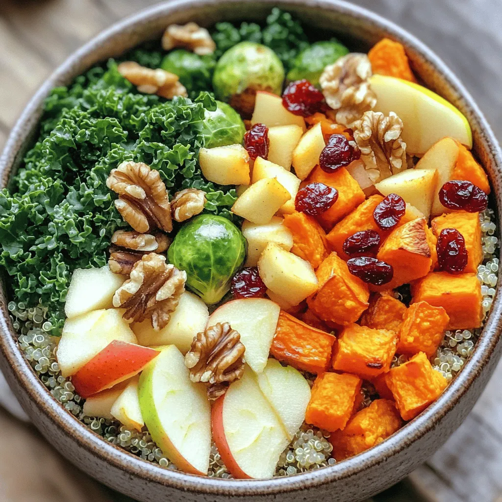 - 1 cup quinoa - 2 cups vegetable broth - 1 medium sweet potato - 1 cup Brussels sprouts - 1 cup kale - 1 crisp apple - ½ cup dried cranberries - ½ cup walnuts - 2 tablespoons olive oil - 1 teaspoon ground cinnamon - 1 tablespoon maple syrup (optional) - Juice of 1 fresh lemon - Salt and pepper Each serving has about 400 calories. This bowl is rich in fiber, protein, and healthy fats. The quinoa gives you protein, while the sweet potato adds vitamins. Brussels sprouts bring antioxidants, and kale is packed with nutrients. Apples add a touch of sweetness, and walnuts give crunch and healthy fats. Dried cranberries add flavor and antioxidants. This bowl fuels your body and supports your health. Preheating your oven helps cook food evenly. Set your oven to 400°F (200°C). This heat is perfect for roasting vegetables. To cook fluffy quinoa, rinse it well under cold water. In a medium pot, mix 1 cup of quinoa with 2 cups of vegetable broth. Bring it to a boil over medium-high heat. Once boiling, lower the heat to simmer. Cover the pot and let it cook for about 15 minutes. All the liquid should absorb when it’s ready. After cooking, let it sit covered for 5 more minutes. This step helps make it fluffy. While the quinoa cooks, prepare the veggies. Peel and cut the sweet potato into 1-inch cubes. Trim and halve the Brussels sprouts. On a large baking sheet, mix the sweet potato and Brussels sprouts. Drizzle with olive oil and sprinkle ground cinnamon, salt, and pepper on top. Toss them well to coat evenly. Roast the veggies for 25-30 minutes. Check for doneness by ensuring the sweet potatoes are fork-tender and starting to caramelize. Stir them halfway through for even cooking. In a large bowl, combine the cooked quinoa, roasted sweet potatoes, Brussels sprouts, chopped kale, diced apple, dried cranberries, and chopped walnuts. Drizzle fresh lemon juice over the mixture. If you like, add maple syrup for sweetness. Toss everything gently to mix without breaking the veggies. Scoop the warm mixture into individual bowls. For a nice touch, top with extra walnuts and cranberries. This adds crunch and color to your meal. Enjoy every bite of this nourishing dish! To make your Autumn Harvest Buddha Bowl shine, avoid a few common mistakes: - Overcooking the quinoa: This can make it mushy. Keep an eye on the time. - Not seasoning enough: A little salt and pepper can boost flavors. - Skipping the lemon juice: This adds brightness and balances the sweetness. Enhance flavors with these tricks: - Use fresh herbs like parsley or cilantro for a pop of flavor. - Add a sprinkle of feta cheese for a creamy touch. - Try roasting the vegetables longer for more caramelization. You can easily add protein to your bowl. Here are some great options: - Chickpeas: Roast them for crunch. - Tofu: Marinate and bake for extra flavor. - Grilled chicken: For a heartier option. Feel free to swap in different seasonal veggies: - Butternut squash: Sweet and creamy, perfect for fall. - Beets: Earthy and colorful, they add great texture. - Carrots: Sweet and crunchy, they work well roasted. To dress up your Buddha bowl, consider these dressings: - Balsamic vinaigrette: Tangy and sweet, it complements the dish well. - Tahini dressing: Rich and nutty, it adds creaminess. - Honey mustard dressing: Sweet and zesty, it brings a nice kick. For side dishes, I recommend: - A light soup: Like pumpkin or lentil, perfect for fall. - A simple green salad: Adds freshness and crunch. - Whole grain bread: Great for dipping and soaking up flavors. {{image_4}} You can change up the vegetables in your Autumn Harvest Buddha Bowl based on what’s in season. Try using butternut squash or carrots instead of sweet potatoes. These options also add nice sweetness and texture. For greens, use spinach or Swiss chard if kale is not available. You can also swap out Brussels sprouts for cauliflower or broccoli. When it comes to fruits, think about using pears instead of apples for a softer taste. You can also add pomegranate seeds for a pop of color and flavor. Each swap gives a new twist to the dish, keeping it fresh and exciting. If you need gluten-free options, use rice or millet in place of quinoa. Both add a great base to your bowl without gluten. For those who follow a vegan diet, simply skip the maple syrup or replace it with agave nectar. This keeps the bowl sweet without using animal products. If you want to make it vegetarian, just avoid adding meats. Instead, add chickpeas or tofu for protein. These ingredients make your bowl hearty and filling while still being meat-free. Buddha bowls can be served hot or cold, depending on your preference. If you want a warm meal, serve it right after mixing the ingredients. If you prefer a cold dish, let it chill in the fridge for a bit. These bowls are perfect for meal prep. You can make a big batch and store it in containers. They work great for potlucks too. Just pack them up and share with friends. The colors and flavors always impress! To keep your Autumn Harvest Buddha Bowl fresh, follow these tips: - Cool the bowl: Let it cool completely before storing. - Use airtight containers: Glass or plastic containers work well. - Separate ingredients: Store the quinoa and veggies apart from the dressing. This helps keep each component fresh and tasty. When you're ready to enjoy leftovers, use these safe methods: - Microwave: Place in a bowl and cover loosely. Heat for 1-2 minutes. - Stovetop: Heat in a skillet over low heat. Add a splash of water to steam. To keep the texture and flavor, do not overheat. Stir gently while warming. Some ingredients freeze well, while others do not. Here’s how to do it right: - Best for freezing: Quinoa and roasted sweet potatoes freeze well. - Not ideal for freezing: Fresh kale, apples, and walnuts lose texture. To freeze, place cooled quinoa and sweet potatoes in freezer bags. Remove excess air and seal. Thaw in the fridge overnight before reheating. To make your Buddha bowl vegan, you can swap out certain ingredients. Use vegetable broth instead of chicken broth. For a protein boost, add chickpeas or tofu. You can also skip the maple syrup if you prefer. Most ingredients are already vegan, like quinoa, sweet potatoes, and kale. Yes, you can use other grains! Good options include brown rice, farro, or barley. Each grain has a unique texture and flavor. Adjust cooking times as needed. For example, brown rice takes longer to cook than quinoa. You can pair your Buddha bowl with a variety of sides. Grilled tofu or tempeh adds protein. A simple green salad or roasted veggies work well too. If you want something warm, serve a cup of soup alongside. The total time is about 50 minutes. You need 15 minutes for prep and 35 minutes for cooking. Cooking the quinoa takes about 20 minutes, while roasting the veggies takes 25-30 minutes. Yes, you can meal prep this dish! Cook the quinoa and roast the veggies in advance. Store them in the fridge for up to three days. Mix everything together just before serving for the best taste and texture. The Autumn Harvest Buddha Bowl offers a taste of seasonal flavors and healthy ingredients. We covered everything from the core ingredients, like quinoa and sweet potato, to easy cooking and serving tips. Remember, customize it to fit your tastes and dietary needs. Keep experimenting with new flavors and ingredients. Whether you enjoy it warm or cold, this bowl is a versatile meal. Enjoy creating a dish that nourishes both body and spirit.