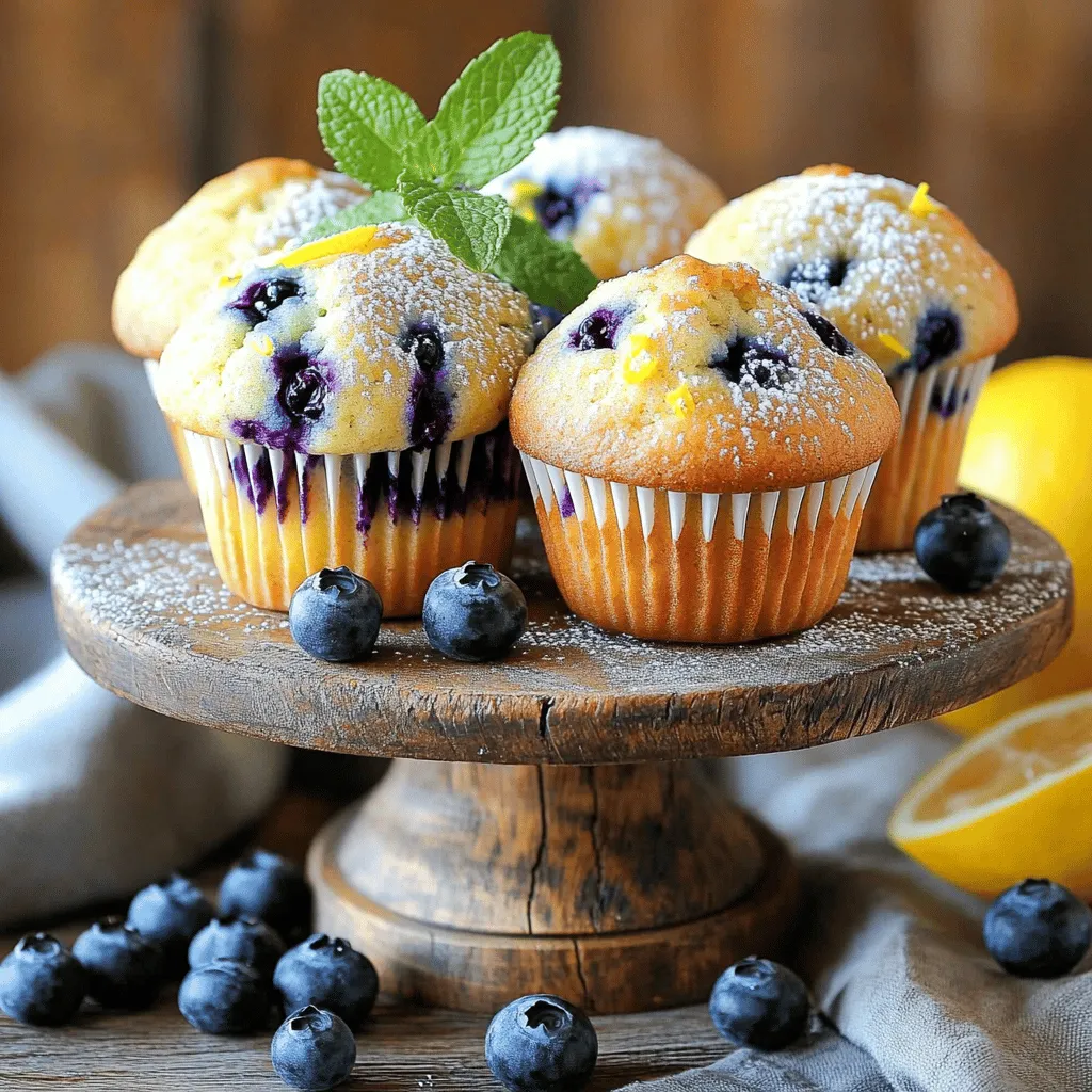- 1 cup all-purpose flour - 1 cup whole wheat flour - 1 teaspoon baking powder - 1 teaspoon baking soda - ½ teaspoon salt - 1 cup plain Greek yogurt - ¾ cup granulated sugar - 2 large eggs - ⅓ cup vegetable oil - 1 tablespoon fresh lemon zest - 2 tablespoons fresh lemon juice - 1 cup fresh blueberries These ingredients create a wonderful blend. The all-purpose flour gives a soft texture. Whole wheat flour adds a bit of nuttiness and fiber. Baking powder and baking soda help the muffins rise. Greek yogurt makes the muffins moist and adds protein. Sugar adds sweetness and helps with browning. Eggs bind the mixture and create fluffiness. Lemon zest and juice add bright, fresh flavor. Blueberries bring sweetness and bursts of juice. Vegetable oil keeps the muffins tender. You can switch ingredients if needed. For example, use almond flour for a gluten-free option. Make sure to adjust the liquid for the texture. Gather these ingredients, and you’re ready to bake! Preheat your oven to 375°F (190°C). This step ensures even baking. Prepare your muffin tin by lining it with paper liners. You can also use cooking spray to prevent sticking. In a medium bowl, combine 1 cup of all-purpose flour and 1 cup of whole wheat flour. Add 1 teaspoon of baking powder, 1 teaspoon of baking soda, and ½ teaspoon of salt. Whisk these dry ingredients together well. This step is key for even rising. In a large bowl, mix 1 cup of plain Greek yogurt, ¾ cup of granulated sugar, and 2 large eggs. Pour in ⅓ cup of vegetable oil, 1 tablespoon of fresh lemon zest, and 2 tablespoons of fresh lemon juice. Blend these until smooth. This mixture adds moisture and flavor to your muffins. Gradually add the dry ingredients to the wet mixture. Use a spatula or wooden spoon to stir gently. Stop mixing as soon as you see no dry flour. It's okay if the batter has some lumps. This keeps the muffins fluffy. Gently fold in 1 cup of fresh blueberries. Be careful not to crush them. Spoon the batter into your prepared muffin cups, filling each about two-thirds full. This helps the muffins rise nicely. Place your muffin tin in the oven. Bake for 18-20 minutes. Check for doneness by inserting a toothpick into the center. It should come out clean or with a few moist crumbs. After baking, let the muffins cool in the tin for 5 minutes. Then, transfer them to a wire rack to cool completely. Enjoy the wonderful aroma! To make your muffins fluffy, avoid overmixing the batter. After you add the dry mix to the wet mix, gently fold them together. You want to mix just until you no longer see dry flour. Some lumps are okay; they help keep your muffins light and airy. If you mix too much, your muffins will be dense. Remember, less is more when it comes to mixing. If you don’t have Greek yogurt, you can use regular yogurt. You can also try sour cream for a richer taste. For flour, feel free to mix all-purpose flour with whole wheat flour, as the recipe suggests. You can even try oat flour or almond flour for a gluten-free option. Adjust the liquid if you switch flours, since they absorb moisture differently. Adding spices can make your muffins pop! Try cinnamon for warmth or nutmeg for a cozy flavor. You can also boost the lemon taste by adding more lemon zest or juice. For toppings, a sprinkle of coarse sugar before baking adds a sweet crunch. You could even top your muffins with a simple glaze made from lemon juice and powdered sugar after they cool. {{image_4}} You can swap blueberries for other fruits in this recipe. Raspberries, chopped strawberries, or diced peaches all work well. Each fruit brings a unique flavor. Use what you like or have at home. Make sure the fruit is fresh, or if frozen, thaw and drain excess water. This keeps your muffins nice and fluffy. For a gluten-free version, replace all-purpose flour with a gluten-free blend. Look for blends that include xanthan gum. This helps with texture and rise. Be mindful of the measurements, as gluten-free flour can behave differently. Adjust as needed, and enjoy the same tasty muffins! You can make these muffins vegan by swapping out the eggs and dairy. Use flax eggs instead of regular eggs. Mix one tablespoon of flaxseed meal with three tablespoons of water. Let it sit for five minutes to thicken. For yogurt, opt for a plant-based alternative. Almond or coconut yogurt works great. These changes keep the muffins soft and delicious! To keep your blueberry lemon yogurt muffins fresh, store them in an airtight container. This method helps maintain moisture and flavor. You can also use a resealable plastic bag. Just remember to squeeze out the air before sealing. Place the muffins in a cool, dry spot in your kitchen. Avoid direct sunlight or heat sources, as they can dry out your muffins. Freezing muffins is a great way to enjoy them later. First, allow the muffins to cool completely. Then, wrap each muffin in plastic wrap. For extra protection, place the wrapped muffins in a freezer-safe bag or container. When you are ready to eat them, take out a muffin and let it thaw at room temperature. You can also warm it in the microwave for about 15-20 seconds for a fresh-baked taste. At room temperature, your blueberry lemon yogurt muffins can last about 2-3 days. If you keep them in the fridge, they can last up to one week. Just remember to check for any signs of spoilage, like mold or an off smell. Storing them properly helps keep them tasty and safe to enjoy! You can make these muffins healthier by reducing the sugar and fat. Here are some tips: - Use less sugar. Try cutting the granulated sugar to ½ cup. - Substitute some oil with unsweetened applesauce. This adds moisture without extra fat. - Choose low-fat or fat-free Greek yogurt. This keeps the creaminess while cutting calories. - Add more whole wheat flour for fiber. You can swap out half of the all-purpose flour. Yes, you can use frozen blueberries! They are a great option. Here are some best practices: - Do not thaw the blueberries before adding them. This helps keep the muffins from turning blue. - Toss the frozen blueberries in a bit of flour before folding them in. This helps them stay suspended in the batter. - Bake the muffins a minute or two longer if using frozen berries. This gives them time to cook through. These muffins pair well with many items. Here are some suggestions: - Serve them with a dollop of whipped cream for a treat. - Add a side of yogurt for extra creaminess and protein. - Pair with fresh fruit for a colorful breakfast plate. - Drizzle with honey or maple syrup for added sweetness. Yes, you can make mini muffins! Here’s what to do: - Use a mini muffin tin instead of a regular one. - Fill each cup about halfway to allow for rising. - Bake for 10-12 minutes. Check with a toothpick to see if they are done. You can create tasty blueberry lemon yogurt muffins using simple ingredients and clear steps. First, gather all the items you need. Then, follow the step-by-step guide to mix, bake, and cool your muffins. Remember to avoid overmixing for a light texture. Consider variations like different fruits and gluten-free options. Proper storage keeps them fresh longer. With these tips, you can enjoy great muffins anytime. Happy baking!