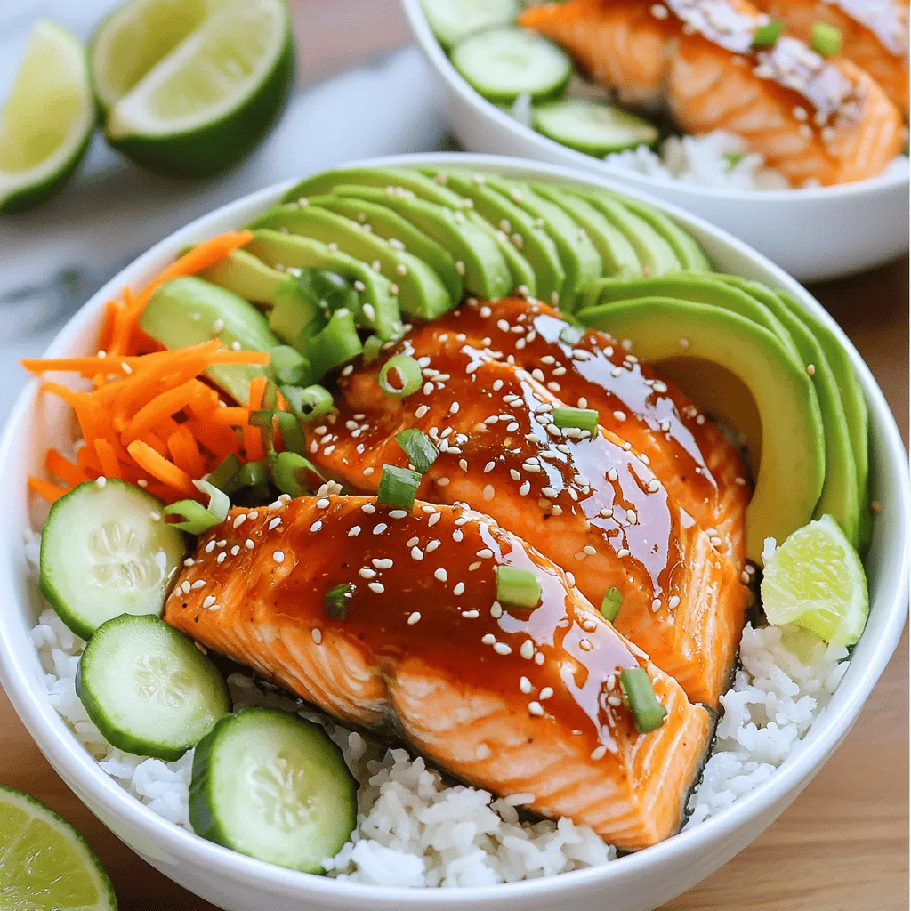- 2 fresh salmon fillets - 2 tablespoons honey - 2 tablespoons sriracha sauce - 1 tablespoon soy sauce - 1 tablespoon olive oil - 1 cup cooked jasmine rice - 1 ripe avocado, sliced - ½ cucumber, thinly sliced - 1 carrot, julienned - 2 green onions, finely chopped - Sesame seeds for garnishing - Lime wedges, for serving You need a few simple tools to make this dish. First, grab a mixing bowl for the sauce. A skillet is key for cooking the salmon. Use a spatula to flip the fish safely. You will also want a cutting board and knife for the veggies. Finally, have measuring spoons on hand for accuracy. If you don't have all the ingredients, no worries! Here are some swaps: - Salmon can be replaced with chicken or tofu. - Use maple syrup instead of honey for a vegan option. - Any rice type can work, like brown rice or quinoa. - If you lack sriracha, try another hot sauce or chili paste. - Avocado can be swapped for guacamole or omitted if you're not a fan. - You can use any crunchy vegetables you like, such as bell peppers or radishes. These options help you personalize your bowl while keeping the tasty flavors! Start by making the sauce. Grab a small mixing bowl. Add 2 tablespoons of honey. Next, pour in 2 tablespoons of sriracha sauce. Then, add 1 tablespoon of soy sauce. Use a whisk to mix them well until smooth. Make sure it blends nicely. Set this sauce aside for later. This sweet and spicy mix will add great flavor. Next, we cook the salmon. Heat 1 tablespoon of olive oil in a skillet over medium-high heat. Wait until the oil shimmers. Then, gently place the 2 salmon fillets in the skillet, skin-side down. Make sure they fit well and do not crowd each other. Let the salmon cook for about 4 minutes. The skin should become crispy and golden brown. Carefully flip the salmon using a spatula to avoid breaking it. Once flipped, pour the honey-sriracha sauce over the salmon. Let it cook for another 2-3 minutes. Baste the salmon with the sauce as it cooks. This step is key for a shiny, caramelized finish. The salmon is done when it flakes easily with a fork. Now, it’s time to assemble the bowls. Take 1 cup of cooked jasmine rice and divide it between two bowls. This rice creates a fluffy base. Next, add colorful toppings. Slice a ripe avocado and add it to each bowl. Then, place thin cucumber slices and julienned carrot on top. These veggies add fresh flavor and crunch. Once your salmon is ready, remove it from the skillet. Place a salmon fillet on top of the arranged veggies in each bowl. Drizzle any leftover honey-sriracha sauce from the skillet over the bowls. This adds extra flavor and looks great. Finally, sprinkle chopped green onions and sesame seeds on top. Serve with lime wedges on the side. Squeezing fresh lime juice adds a zesty touch. Enjoy your colorful and tasty salmon bowls! To get salmon just right, focus on the heat. Use medium-high heat for cooking. This helps the skin crisp up nicely. Cook the salmon skin-side down first. This keeps the fish moist and tasty. Watch the time; about four minutes on one side is best. When you flip it, be gentle to avoid breaking it. The salmon is done when it flakes easily with a fork. To boost the taste, use fresh ingredients. Fresh lime juice adds a nice zing. You can adjust the honey and sriracha mix too. Want it sweeter? Add more honey. Prefer it spicier? Just add extra sriracha. This sauce really brings out the salmon flavor. Don’t skip the green onions and sesame seeds. They add crunch and extra taste to every bite. Make your bowls look great by layering the ingredients. Start with fluffy jasmine rice as the base. Then, arrange the vegetables in a colorful way. Place the salmon on top for a beautiful finish. Drizzle the extra sauce over the salmon and veggies. This adds shine and flavor. Finally, serve with lime wedges on the side. This way, each person can add their own zesty touch. {{image_4}} You can easily swap salmon for other proteins. Chicken works great and cooks quickly too. Firm tofu is a fantastic choice for a plant-based option. Shrimp adds a nice twist and cooks in just a few minutes. Each protein will absorb the honey sriracha sauce, creating a delicious meal. Feel free to change up the veggies in your bowls. Bell peppers add a sweet crunch. Broccoli brings a nice texture and pairs well with the sauce. Snow peas or snap peas offer a fresh and crisp bite. Get creative! Use whatever veggies you have on hand. You can tweak the sauce to fit your taste. Try adding lime juice for a zesty kick. Use garlic for extra flavor. Want it sweeter? Add more honey! If you love heat, throw in some chili flakes. Adjusting these ingredients makes the dish truly yours. To store your leftover salmon bowls, let the dish cool first. Place the salmon and rice in an airtight container. Make sure to keep the veggies separate. This way, they stay fresh and crunchy. You can store the salmon bowls in the fridge for up to three days. When you are ready to eat, take the salmon and rice out of the fridge. Place them on a microwave-safe plate. Heat them for about one to two minutes. Check to see if they are warm enough. Add the veggies after reheating. This keeps them fresh and crisp. You can also reheat the salmon in a skillet. Heat it over medium-low heat for about three to four minutes. You can keep cooked salmon in the fridge for up to three days. If you need to store it longer, freeze it. Wrap each piece tightly in plastic wrap, then place it in a freezer bag. Frozen salmon can stay good for up to three months. Just remember to label the bags with the date. This helps you keep track of how long it has been stored. Yes, you can use frozen salmon. Just make sure to thaw it first. Place the salmon in the fridge overnight or run it under cold water. Once thawed, pat it dry with a paper towel. This helps the salmon sear better. Cook it just like fresh salmon. Follow the same cooking times for crispy skin and juicy fish. You can serve many sides with Honey Sriracha Salmon Bowls. Here are some ideas: - Steamed broccoli or green beans - A fresh salad with mixed greens - Roasted sweet potatoes for a hearty addition - Quinoa instead of rice for a different grain These sides add texture and flavor. They also make the meal more colorful and healthy. To adjust the spice level, you have a few options. If you want less heat, reduce the sriracha sauce. Start with one tablespoon instead of two. You can also add more honey to balance it out. If you like it spicier, add more sriracha or some chili flakes. Taste as you go to find your perfect level of heat. This guide covered all you need to make tasty Honey Sriracha Salmon Bowls. You learned about key ingredients, tools, and yummy swaps. We also shared simple steps for prepping, cooking, and plating. Don't forget the tips for perfect salmon and appealing presentation. Explore variations with different proteins and veggies for fun twists. Store your leftovers correctly for later enjoyment. With these insights, you’re set to create flavorful bowls that impress. Enjoy experimenting and savor each bite!