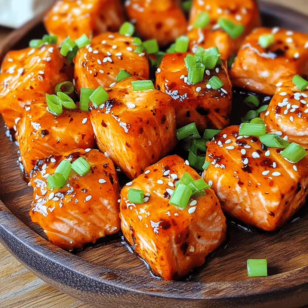 - 1 lb salmon fillet, skin removed and cut into bite-sized cubes - 2 tablespoons honey - 2 tablespoons sriracha sauce - 1 tablespoon soy sauce - 1 teaspoon garlic powder - 1 teaspoon fresh ginger, grated - 1 tablespoon olive oil - Salt and pepper to taste - Chopped green onions for garnish - Sesame seeds for garnish You can add a splash of lime juice for a zesty kick. Fresh cilantro adds a nice herb flavor too. For those who like it spicy, include extra sriracha or a pinch of cayenne pepper. If you don’t have honey, maple syrup works well. For a gluten-free option, use tamari instead of soy sauce. No fresh ginger? Ground ginger can be a good substitute, just use less. To start, grab a medium bowl. In it, whisk together these key ingredients: - 2 tablespoons honey - 2 tablespoons sriracha sauce - 1 tablespoon soy sauce - 1 teaspoon garlic powder - 1 teaspoon fresh ginger, grated Mix until everything is smooth. The honey gives sweetness, while the sriracha adds heat. The soy sauce brings depth, and the garlic and ginger add flavor. This marinade makes your salmon bites pop! Now, take your 1 lb salmon fillet. Cut it into bite-sized cubes. Add the salmon cubes to the marinade. Gently toss them to coat each piece well. Let the salmon marinate at room temperature for 15 minutes. This wait allows the flavors to soak in deeply. While the salmon marinates, preheat your air fryer to 400°F (200°C). This usually takes about 5 minutes. After that, drizzle 1 tablespoon of olive oil over the marinated salmon. Lightly season it with salt and pepper. Place the salmon bites in the air fryer basket. Make sure they are in a single layer. Leave some space between each piece for even cooking. You may need to work in batches if your air fryer is small. Air fry the salmon bites for 8-10 minutes. Shake the basket halfway through to help them cook evenly. The salmon should be tender and crispy. Once they are done, carefully remove them using tongs and let them rest for a minute. Finally, transfer your salmon bites to a serving plate. Garnish them with chopped green onions and sesame seeds for a nice touch. Enjoy your tasty and quick air fryer honey sriracha salmon bites! To cook your salmon bites evenly, place them in a single layer in the air fryer. This allows hot air to circulate around each piece. If your air fryer is small, cook in batches. Shaking the basket halfway through helps too. This keeps the salmon from sticking and ensures even cooking. To get that crispy exterior, coat the salmon bites lightly with olive oil. The oil helps create a nice crust during cooking. Make sure to avoid overcrowding in the basket. The more space each piece has, the crispier they will get. Cook for 8-10 minutes, checking for that beautiful golden color. These salmon bites are great on their own, but you can add fun sides. Try serving them with rice or a fresh salad. You can also drizzle more honey sriracha sauce on top for extra flavor. Garnish with chopped green onions and sesame seeds for added crunch and color. Enjoy your meal with friends or family for a fun dinner night! {{image_4}} You can change the flavor of your salmon bites by using different marinades. Here are a few ideas: - Teriyaki Marinade: Swap honey and sriracha for teriyaki sauce. This gives a sweet and savory taste. - Lemon Garlic Marinade: Mix lemon juice, garlic, and olive oil. This adds a fresh zing. - Herb Marinade: Use fresh herbs like dill and parsley with olive oil. This brings a vibrant flavor. Each marinade offers a unique twist. Feel free to mix and match flavors based on your taste. If you don’t have an air fryer, you can still enjoy these salmon bites. Here are other cooking methods: - Oven Baking: Preheat your oven to 400°F (200°C). Place the salmon bites on a baking sheet lined with parchment paper. Bake for 12-15 minutes until cooked through. - Grilling: Preheat your grill to medium heat. Thread the salmon onto skewers and grill for 8-10 minutes, flipping halfway. - Pan-Searing: Heat a skillet over medium-high heat. Cook the salmon bites for 3-4 minutes on each side until crispy. These methods will give you delicious results too! Pairing these salmon bites with the right sides can elevate your meal. Here are some great options: - Steamed Broccoli: This adds a healthy crunch and bright color. - Rice: Serve with jasmine or brown rice to soak up the flavors. - Salad: A fresh green salad with a light vinaigrette complements the rich salmon taste. Mix and match these sides to create a balanced and tasty meal that everyone will love. After enjoying your Air Fryer Honey Sriracha Salmon Bites, you might have some left. Store them in an airtight container. Place them in the fridge. They stay fresh for up to three days. Make sure to let the salmon cool before sealing. This keeps the flavors intact. When you're ready to eat leftovers, reheating is easy. Use your air fryer for the best results. Preheat it to 350°F (175°C). Place the salmon bites in the basket. Heat them for about 5 minutes. This warms them up and keeps them crispy. You can also use a microwave if you’re in a hurry. Just heat them for 30 seconds at a time until warm. If you want to save some for later, freezing is a great option. Let the salmon bites cool completely. Arrange them in a single layer on a baking sheet. Freeze them for about an hour. Once frozen, transfer them to a freezer-safe bag. Remove as much air as possible. They can last up to three months in the freezer. When ready to cook, thaw them in the fridge overnight and reheat. You should marinate the salmon for at least 15 minutes. This time allows the flavors to soak into the fish. If you have time, marinating for 30 minutes or even an hour can enhance the taste. Just cover the bowl and keep it in a cool place while it marinates. Yes, you can use frozen salmon. Just make sure to thaw it first. You can do this by placing it in the fridge overnight or using a microwave in defrost mode. After thawing, remove the skin and cut it into bite-sized cubes before marinating. This way, the marinade will coat the salmon well. These salmon bites pair well with many sides. Here are a few ideas: - Steamed rice or quinoa for a filling base. - A fresh salad with mixed greens and a light dressing. - Roasted vegetables like broccoli or carrots for added color and nutrition. - Noodles tossed in a light soy or sesame sauce for a fun twist. Choose the sides that you love most! You now have a clear guide on making delicious honey sriracha salmon bites. We covered key ingredients, marinating steps, and cooking tips for perfect results. Remember to try different marinades for new flavors and use the right methods for cooking and serving. Storing leftovers properly also helps you enjoy these bites later. Overall, I hope you feel inspired to create your own tasty salmon dish. Happy cooking!