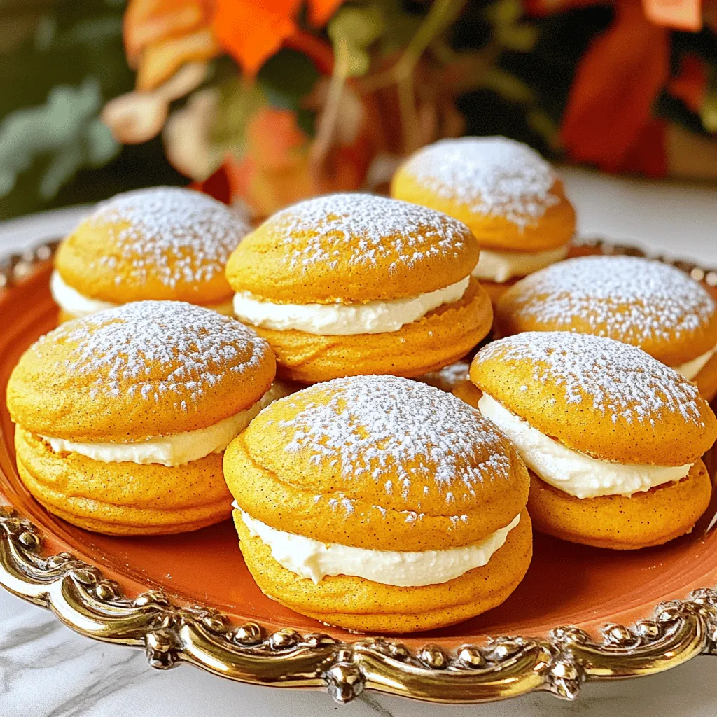 To make these tasty whoopie pies, gather these ingredients: - 2 cups all-purpose flour - 1 teaspoon baking powder - 1 teaspoon baking soda - 1 teaspoon ground cinnamon - 1 teaspoon ground nutmeg - 1/2 teaspoon ground ginger - 1/2 teaspoon salt - 1 cup granulated sugar - 1/2 cup packed brown sugar - 1 cup pumpkin puree (canned or homemade) - 1/2 cup vegetable oil - 2 large eggs - 1 teaspoon vanilla extract For the creamy filling, you will need: - 8 ounces cream cheese, at room temperature - 1/2 cup unsalted butter, at room temperature - 4 cups powdered sugar - 1 teaspoon vanilla extract - Pinch of salt You can easily swap some ingredients if needed: - Use whole wheat flour for a healthier option. - Substitute coconut oil for vegetable oil. - Applesauce can replace half the oil for less fat. - Use dairy-free cream cheese for a vegan filling. - Maple syrup can stand in for granulated sugar if you want. These substitutions allow you to tailor the recipe to your taste. Feel free to mix and match based on what you have! First, heat your oven to 350°F (175°C). Line a baking sheet with parchment paper. In a medium bowl, mix these dry ingredients: - 2 cups all-purpose flour - 1 teaspoon baking powder - 1 teaspoon baking soda - 1 teaspoon ground cinnamon - 1 teaspoon ground nutmeg - 1/2 teaspoon ground ginger - 1/2 teaspoon salt Whisk them together well and set aside. In a large bowl, combine these wet ingredients: - 1 cup granulated sugar - 1/2 cup packed brown sugar - 1 cup pumpkin puree - 1/2 cup vegetable oil Mix until smooth. Now, add in 2 large eggs, one at a time. Beat well after each egg. Finally, stir in 1 teaspoon vanilla extract. Gradually add the dry mix to the wet mix. Stir until just combined. Don’t overmix; lumps are okay. Now, use a tablespoon or cookie scoop to drop the dough onto your prepared baking sheet. Space them about 2 inches apart. Bake for 12 to 15 minutes. They should spring back when lightly touched. Let the pies cool on the sheet for a few minutes. Then, move them to a wire rack to cool completely. While the cookies cool, let’s make the filling. In a mixing bowl, beat together: - 8 ounces cream cheese, softened - 1/2 cup unsalted butter, softened Mix until smooth and creamy. Gradually add in: - 4 cups powdered sugar - 1 teaspoon vanilla extract - A pinch of salt Beat until fluffy and well combined. This will be your sweet cream filling. Once the cookies are cool, take one cookie and spread a generous tablespoon of filling on its flat side. Top it with another cookie, flat side down. Gently press them together to make a sandwich. Repeat this with all cookies. For a fun touch, dust with powdered sugar or a sprinkle of cinnamon. Enjoy your homemade pumpkin spice whoopie pies! To get the best texture for your Pumpkin Spice Whoopie Pies, several key points matter. First, be gentle when mixing. Overmixing can lead to tough pies. Mix just until wet and dry ingredients combine. Second, use room-temperature ingredients. This helps the batter blend smoothly. Third, keep an eye on baking time. Every oven is unique, so start checking at the 12-minute mark. The pies should spring back when touched. Avoid these common pitfalls for perfect Whoopie Pies. First, don't skip the measuring. Accurate measurements ensure the right balance of flavors and textures. Second, use fresh spices. Old spices lose their flavor, making your pies taste flat. Third, don’t rush the cooling process. Letting the cookies cool on the sheet for a few minutes helps them set. Skipping this step can lead to messy filling. Having the right tools makes baking easier and more fun. Here are some must-haves for making these pies: - Mixing bowls (one large, one medium) - Electric mixer for creamy filling - Baking sheets lined with parchment paper - Cookie scoop for even portions - Cooling rack to let cookies cool properly Using these tools helps you stay organized and keep your kitchen tidy. Plus, they make baking a breeze! {{image_4}} You can make gluten-free pumpkin spice whoopie pies. Just swap regular flour for gluten-free flour. Use a blend that works well for baking. This keeps the pies soft and tasty. You may need to adjust baking time slightly. Keep an eye on them as they bake. Want to switch things up? Try different fillings! You can use vanilla, maple, or even chocolate. Each filling gives a unique flavor. Vanilla adds a classic taste. Maple brings a sweet twist. Chocolate fills your pie with richness. Mix and match to find your favorite! Fall is a great time to get creative! Add nuts like walnuts or pecans for crunch. Dried fruits like cranberries or raisins can bring a sweet surprise. These additions make your whoopie pies even more special. They also add great texture and flavor. Feel free to experiment and enjoy! To keep your whoopie pies fresh, place them in an airtight container. This will lock in moisture and flavor. If you stack them, put parchment paper between layers. This prevents them from sticking together. Store them at room temperature for up to three days. If you live in a humid area, consider the fridge. Freezing whoopie pies is a great option for longer storage. Start by placing the cooled pies in a single layer on a baking sheet. Freeze them for about two hours. Once they are firm, transfer them to a freezer bag. Press out as much air as possible. They can stay frozen for up to three months. When you're ready, let them thaw in the fridge overnight. Whoopie pies stay fresh for three days at room temperature. If stored in the fridge, they last about a week. After freezing, consume them within a month for the best taste. Always check for any signs of spoilage before eating. If they look or smell off, it’s best to toss them. Enjoy your tasty fall delight! The best way to make pumpkin puree is simple. Start with a small pumpkin, often called a sugar pumpkin. Cut it in half and remove the seeds. Place the halves cut side down on a baking sheet. Roast it in the oven at 350°F (175°C) for about 45 minutes, or until soft. Let it cool, then scoop out the flesh and blend until smooth. This homemade puree is fresh and tasty. You can also use canned puree, but make sure it is 100% pumpkin. Yes, you can make whoopie pies ahead of time. Bake the cookies and let them cool completely. Store them in an airtight container. You can make the cream cheese filling a day before. Just keep it in the fridge. Assemble the pies the day you want to serve them. This keeps the cookies soft and the filling fresh. To make less sweet whoopie pies, cut back on the sugars. Use only 3/4 cup of each sugar instead of a full cup. You can also add a pinch of salt to balance the flavors. Adding spices like more cinnamon or nutmeg can enhance taste without extra sugar. Pumpkin spice whoopie pies go well with many drinks. A warm cup of coffee or hot chocolate pairs nicely. You can also serve them with a scoop of vanilla ice cream for a special treat. If you want a festive touch, add whipped cream and a sprinkle of cinnamon on top. We explored the delightful world of pumpkin spice whoopie pies. You learned the key ingredients, how to prepare and bake them, and tips for great results. We also discussed fun variations and how to store your treats. Now, you can confidently make these tasty pies in different ways. Enjoy experimenting with flavors and sharing your creations. Happy baking!