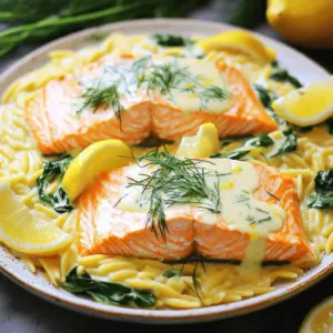 - 2 salmon fillets (4-6 oz each) - 1 cup orzo pasta - 2 tablespoons olive oil - 3 cloves garlic, minced - 1 cup vegetable or chicken broth - 1 cup heavy cream - Juice and zest of 1 lemon - 2 tablespoons fresh dill, chopped - Fresh spinach (optional, for added nutrition) When making Creamy Lemon Dill Salmon Orzo, you use simple yet flavorful ingredients. The salmon fillets provide rich taste and healthy fats. Orzo pasta brings a fun texture and absorbs flavors well. Olive oil helps sear the salmon and adds richness to the dish. Garlic adds a nice touch of warmth and depth. You use vegetable or chicken broth to create a savory base for the sauce. Heavy cream gives the sauce its creamy texture and richness, making every bite delightful. For fresh notes, lemon juice and zest brighten the dish. They add a tangy flavor that balances the creaminess. Fresh dill brings a fragrant touch that enhances the overall taste. If you want extra nutrition, fresh spinach can easily blend in. This combination of ingredients makes Creamy Lemon Dill Salmon Orzo not just tasty but also wholesome. It’s a balanced meal that feels special yet is easy to prepare. Each bite offers a burst of flavor, making it a perfect dinner choice. 1. Start by filling a medium pot with water. Add a generous pinch of salt. 2. Bring the water to a rolling boil. This will help cook the orzo evenly. 3. Once boiling, add 1 cup of orzo pasta. Cook it for about 8-10 minutes. 4. You want the orzo to be al dente. Drain it in a colander and set it aside. 1. Grab a large skillet and place it over medium heat. Add 2 tablespoons of olive oil. 2. While the oil heats, season both sides of 2 salmon fillets. Use salt and pepper to taste. 3. When the oil shimmers, place the salmon fillets skin-side down in the skillet. 4. Cook them for 4-5 minutes on each side. The salmon should turn golden and flake easily. 1. In the same skillet, lower the heat to medium-low. Add 3 cloves of minced garlic. 2. Sauté the garlic for about 1 minute. You want it to smell great without browning. 3. Next, pour in 1 cup of vegetable or chicken broth. Turn the heat up slightly. 4. Bring the broth to a gentle simmer. Then, stir in 1 cup of heavy cream. 5. Add juice and zest from 1 lemon, plus 2 tablespoons of chopped dill. Let it thicken for 3-4 minutes. 1. Once the sauce is ready, gently fold the drained orzo into it. 2. If you want to add spinach, mix it in now. Stir gently to help the spinach wilt. 3. Use a fork to flake the cooked salmon into bite-sized pieces. 4. Carefully fold the salmon into the orzo mixture. Be gentle to keep the salmon intact. Now you're ready to serve this delightful dish! - Ensuring salmon is perfectly cooked: Cook salmon for 4-5 minutes on each side. Look for a golden color, and check if it flakes easily with a fork. This shows it’s done and moist. - Achieving the right orzo texture: Boil salted water and add orzo. Cook for 8-10 minutes until al dente. Drain it well to avoid sogginess. - Adjusting seasonings: Taste your sauce as you cook. Add salt and pepper to make the flavors pop. You can also add a bit more lemon juice for extra zing. - Using fresh herbs for garnish: Fresh dill makes a great topping. It adds color and boosts flavor. You can also use parsley or chives for a different taste. - Visual appeal tips: Serve the dish in white bowls to make the colors stand out. Add a sprinkle of dill and some lemon wedges on the side. This adds brightness and freshness. - Serving suggestions: Pair your dish with a light salad or crusty bread. This balances the meal and adds variety. You can also serve it with a chilled glass of white wine for a full experience. {{image_4}} You can switch up the protein in this dish. Instead of salmon, try chicken or shrimp. Both options work great and keep the meal tasty. If you want to make it even healthier, use whole grain orzo. It adds fiber and a nutty flavor. For those who need gluten-free meals, choose gluten-free orzo. There are many brands available. You can also replace heavy cream with coconut milk or a dairy-free cream. This keeps the dish creamy without dairy. To boost the flavor, add spices like paprika or red pepper flakes. This gives a nice kick. You can also mix in seasonal vegetables. Think about adding zucchini, asparagus, or peas to the dish. These veggies not only add color but also nutrition. Store leftovers in an airtight container. Place the salmon orzo in the fridge. It stays fresh for up to three days. Ensure it cools down before sealing. This keeps it safe and tasty. To reheat, you have two options: the microwave or stovetop. - Microwave: Place the orzo in a microwave-safe bowl. Heat for one to two minutes. Stir halfway through for even heating. - Stovetop: Warm it in a skillet over low heat. Add a splash of broth or cream to keep it moist. Stir it gently until it warms through. You can freeze Creamy Lemon Dill Salmon Orzo for later. Use a freezer-safe container. It lasts up to three months in the freezer. Thaw it in the fridge overnight. For a quick option, use the microwave. Reheat as mentioned above for the best taste. To check if your salmon is done, look for a few signs. First, the salmon should change from a translucent color to a more opaque pink. Second, use a fork to test the texture. It should flake easily. This flakiness shows that the salmon is cooked through. A perfectly cooked salmon will have a tender texture. This makes it enjoyable to eat. Overcooking can make it dry and tough. Aim for a cooking time of 4-5 minutes per side for the best results. Yes, you can prepare parts of this dish ahead of time. Cook the orzo and salmon separately, then store them in the fridge. Keep the creamy sauce in another airtight container. This keeps everything fresh and tasty. When you're ready to enjoy, just reheat the components. You can mix them together in a skillet or microwave. This makes for an easy and quick meal any night of the week. This dish pairs well with simple side dishes. Try a fresh green salad for a light option. Roasted vegetables also complement the flavors nicely. For beverages, a crisp white wine, like Sauvignon Blanc, works well. If you prefer non-alcoholic drinks, sparkling water with lemon can refresh your palate. These pairings enhance the meal and make it more enjoyable. This blog post covered a delicious recipe for Creamy Lemon Dill Salmon Orzo. You learned about key ingredients like salmon, orzo, and garlic, along with tips for cooking and serving. We explored variations and storage options to fit your needs. Remember, cooking is about trying new things and having fun. Enjoy making this dish, and don’t be afraid to add your twist. Happy cooking!