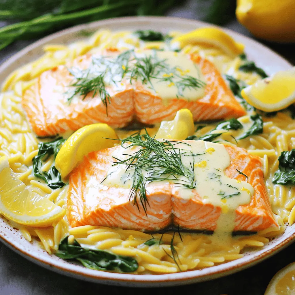 - 2 salmon fillets (4-6 oz each) - 1 cup orzo pasta - 2 tablespoons olive oil - 3 cloves garlic, minced - 1 cup vegetable or chicken broth - 1 cup heavy cream - Juice and zest of 1 lemon - 2 tablespoons fresh dill, chopped - Fresh spinach (optional, for added nutrition) When making Creamy Lemon Dill Salmon Orzo, you use simple yet flavorful ingredients. The salmon fillets provide rich taste and healthy fats. Orzo pasta brings a fun texture and absorbs flavors well. Olive oil helps sear the salmon and adds richness to the dish. Garlic adds a nice touch of warmth and depth. You use vegetable or chicken broth to create a savory base for the sauce. Heavy cream gives the sauce its creamy texture and richness, making every bite delightful. For fresh notes, lemon juice and zest brighten the dish. They add a tangy flavor that balances the creaminess. Fresh dill brings a fragrant touch that enhances the overall taste. If you want extra nutrition, fresh spinach can easily blend in. This combination of ingredients makes Creamy Lemon Dill Salmon Orzo not just tasty but also wholesome. It’s a balanced meal that feels special yet is easy to prepare. Each bite offers a burst of flavor, making it a perfect dinner choice. 1. Start by filling a medium pot with water. Add a generous pinch of salt. 2. Bring the water to a rolling boil. This will help cook the orzo evenly. 3. Once boiling, add 1 cup of orzo pasta. Cook it for about 8-10 minutes. 4. You want the orzo to be al dente. Drain it in a colander and set it aside. 1. Grab a large skillet and place it over medium heat. Add 2 tablespoons of olive oil. 2. While the oil heats, season both sides of 2 salmon fillets. Use salt and pepper to taste. 3. When the oil shimmers, place the salmon fillets skin-side down in the skillet. 4. Cook them for 4-5 minutes on each side. The salmon should turn golden and flake easily. 1. In the same skillet, lower the heat to medium-low. Add 3 cloves of minced garlic. 2. Sauté the garlic for about 1 minute. You want it to smell great without browning. 3. Next, pour in 1 cup of vegetable or chicken broth. Turn the heat up slightly. 4. Bring the broth to a gentle simmer. Then, stir in 1 cup of heavy cream. 5. Add juice and zest from 1 lemon, plus 2 tablespoons of chopped dill. Let it thicken for 3-4 minutes. 1. Once the sauce is ready, gently fold the drained orzo into it. 2. If you want to add spinach, mix it in now. Stir gently to help the spinach wilt. 3. Use a fork to flake the cooked salmon into bite-sized pieces. 4. Carefully fold the salmon into the orzo mixture. Be gentle to keep the salmon intact. Now you're ready to serve this delightful dish! - Ensuring salmon is perfectly cooked: Cook salmon for 4-5 minutes on each side. Look for a golden color, and check if it flakes easily with a fork. This shows it’s done and moist. - Achieving the right orzo texture: Boil salted water and add orzo. Cook for 8-10 minutes until al dente. Drain it well to avoid sogginess. - Adjusting seasonings: Taste your sauce as you cook. Add salt and pepper to make the flavors pop. You can also add a bit more lemon juice for extra zing. - Using fresh herbs for garnish: Fresh dill makes a great topping. It adds color and boosts flavor. You can also use parsley or chives for a different taste. - Visual appeal tips: Serve the dish in white bowls to make the colors stand out. Add a sprinkle of dill and some lemon wedges on the side. This adds brightness and freshness. - Serving suggestions: Pair your dish with a light salad or crusty bread. This balances the meal and adds variety. You can also serve it with a chilled glass of white wine for a full experience. {{image_4}} You can switch up the protein in this dish. Instead of salmon, try chicken or shrimp. Both options work great and keep the meal tasty. If you want to make it even healthier, use whole grain orzo. It adds fiber and a nutty flavor. For those who need gluten-free meals, choose gluten-free orzo. There are many brands available. You can also replace heavy cream with coconut milk or a dairy-free cream. This keeps the dish creamy without dairy. To boost the flavor, add spices like paprika or red pepper flakes. This gives a nice kick. You can also mix in seasonal vegetables. Think about adding zucchini, asparagus, or peas to the dish. These veggies not only add color but also nutrition. Store leftovers in an airtight container. Place the salmon orzo in the fridge. It stays fresh for up to three days. Ensure it cools down before sealing. This keeps it safe and tasty. To reheat, you have two options: the microwave or stovetop. - Microwave: Place the orzo in a microwave-safe bowl. Heat for one to two minutes. Stir halfway through for even heating. - Stovetop: Warm it in a skillet over low heat. Add a splash of broth or cream to keep it moist. Stir it gently until it warms through. You can freeze Creamy Lemon Dill Salmon Orzo for later. Use a freezer-safe container. It lasts up to three months in the freezer. Thaw it in the fridge overnight. For a quick option, use the microwave. Reheat as mentioned above for the best taste. To check if your salmon is done, look for a few signs. First, the salmon should change from a translucent color to a more opaque pink. Second, use a fork to test the texture. It should flake easily. This flakiness shows that the salmon is cooked through. A perfectly cooked salmon will have a tender texture. This makes it enjoyable to eat. Overcooking can make it dry and tough. Aim for a cooking time of 4-5 minutes per side for the best results. Yes, you can prepare parts of this dish ahead of time. Cook the orzo and salmon separately, then store them in the fridge. Keep the creamy sauce in another airtight container. This keeps everything fresh and tasty. When you're ready to enjoy, just reheat the components. You can mix them together in a skillet or microwave. This makes for an easy and quick meal any night of the week. This dish pairs well with simple side dishes. Try a fresh green salad for a light option. Roasted vegetables also complement the flavors nicely. For beverages, a crisp white wine, like Sauvignon Blanc, works well. If you prefer non-alcoholic drinks, sparkling water with lemon can refresh your palate. These pairings enhance the meal and make it more enjoyable. This blog post covered a delicious recipe for Creamy Lemon Dill Salmon Orzo. You learned about key ingredients like salmon, orzo, and garlic, along with tips for cooking and serving. We explored variations and storage options to fit your needs. Remember, cooking is about trying new things and having fun. Enjoy making this dish, and don’t be afraid to add your twist. Happy cooking!