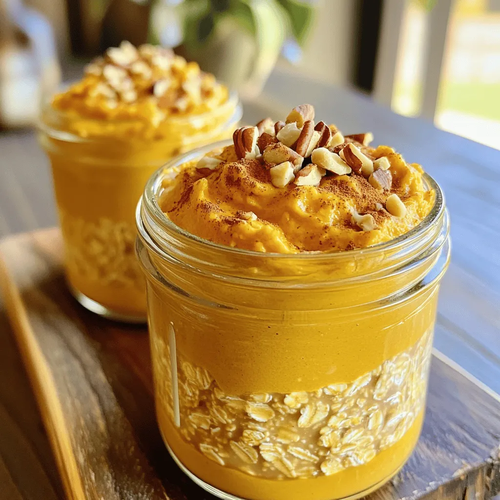 - 1 cup rolled oats - 1 cup cold brew coffee - 1/2 cup pure pumpkin puree - 1/2 cup almond milk (or your preferred milk) - 1 tablespoon pure maple syrup (adjust to your sweetness preference) - 1 teaspoon vanilla extract - 1/2 teaspoon pumpkin pie spice - Pinch of salt - 1/4 cup Greek yogurt (optional, for a creamier texture) - Chopped nuts or granola for topping (optional) When making pumpkin cream cold brew overnight oats, you need the right ingredients. Rolled oats give a hearty base. Cold brew coffee adds a rich and smooth flavor. Pure pumpkin puree brings that autumn vibe. Almond milk keeps it creamy and light. Maple syrup sweetens it just right. Vanilla extract adds depth. Pumpkin pie spice gives that cozy fall taste. A pinch of salt brightens all the flavors. If you want a creamier texture, add Greek yogurt. It makes the oats rich and smooth. You can top your oats with chopped nuts or granola. These add crunch and extra flavor. Every ingredient plays a role in making this breakfast a delight. This recipe is simple, but the taste is complex. You will enjoy every bite! 1. In a large bowl, I combine the rolled oats and pure pumpkin puree. I stir gently to mix them well. This step ensures the pumpkin blends evenly with the oats. 2. Next, I pour in the cold brew coffee and almond milk. I mix thoroughly, then add the maple syrup, vanilla extract, pumpkin pie spice, and a pinch of salt. I blend everything until it is well combined. 3. If I want a creamier texture, I mix in the Greek yogurt. This step adds richness to the oats, making them taste great. 4. I then divide the oat mixture into two jars or airtight containers. It is important to seal them well to keep the flavors fresh. 5. Finally, I place the jars in the refrigerator. I let them chill overnight or for at least four hours. This soaking time allows the oats to absorb the liquids and flavors. 1. The next morning, I give the oats a good stir. If they seem too thick, I add a splash of almond milk or cold brew. This helps me get the consistency I want. 2. I love adding toppings for extra flavor and crunch. I often use chopped nuts or granola. A sprinkle of pumpkin pie spice on top adds a nice touch too. 3. I enjoy my delicious oats right from the jar for convenience. Sometimes, I transfer them to a bowl for a more relaxed breakfast. To get the best texture, focus on the right ratios. Use one cup of rolled oats and one cup of liquid. This balance helps the oats soak up the flavors. The soaking time is also key. Let them sit overnight, or at least four hours. This gives the oats time to absorb the coffee and pumpkin. If you want to change the sweetness, adjust the maple syrup. Start with one tablespoon and taste it. You can add more if you like it sweeter. For extra flavor, try different spices. Cinnamon or nutmeg can give a warm taste. A dash of vanilla extract adds depth too. When serving, get creative with toppings. Chopped nuts or granola add great crunch. You can also sprinkle more pumpkin pie spice on top for extra flavor. If you're on the go, enjoy the oats straight from the jar. For a cozy breakfast, pour them into a bowl and savor each bite. {{image_4}} For those who follow a vegan or dairy-free diet, you can easily swap out a few ingredients. Use plant-based milk like almond or oat milk instead of regular milk. You can skip the Greek yogurt or replace it with a vegan yogurt. This keeps your oats creamy without dairy. If you need a gluten-free option, ensure you use certified gluten-free rolled oats. Many brands offer these, and they work just as well in this recipe. This way, everyone can enjoy these tasty oats. You can adapt this recipe for the seasons. Adding chocolate chips or nuts can give it a nice twist. Try using pecans or walnuts for a fall vibe. You can also mix in different spices, like cinnamon or nutmeg, for added warmth. If you want to switch things up, use brewed coffee instead of cold brew. Just let the coffee cool before mixing with the oats. This will still give you that rich coffee flavor without the cold brew. To scale this recipe for more servings, just multiply the ingredients. You can easily make enough for a crowd. For meal prep, make several jars at once. Store them in the fridge, and you’ll have breakfast ready for the week. Just grab a jar each morning, and you’re set! To keep your pumpkin cream cold brew overnight oats fresh, use airtight containers. Glass jars work great. They help seal in moisture and flavor. Always store your oats in the fridge. This keeps them cool and safe to eat. Make sure to label the jars with the date. This way, you know when you made them. Your oats will stay good for about 3 to 5 days in the fridge. If they smell off or look strange, it's time to toss them. You may see signs like separation or mold. If anything seems wrong, don’t risk it. Always trust your senses. You can enjoy these oats cold or warm. If you prefer them warm, take them out of the fridge. Heat them in a microwave for about 30 seconds. Stir, then check the temperature. If they need more heat, do it in short bursts. Be careful not to overheat. You want them warm, not hot. Enjoy your oats straight from the jar or in a bowl! How long do pumpkin cream cold brew overnight oats last? These oats last up to five days in the fridge. Store them in airtight jars for best results. After five days, they may lose flavor and texture. Always check for any signs of spoilage before eating. Can I use quick oats instead of rolled oats? You can use quick oats, but the texture will change. Quick oats absorb liquid faster and may turn mushy. Rolled oats give a chewier bite and hold their shape well after soaking. If you prefer a creamier texture, quick oats can work in a pinch. Is it possible to make this recipe without coffee? Yes, you can skip the coffee. Replace it with more almond milk or a nut milk of your choice. For a unique twist, try using chai tea or even pumpkin spice herbal tea. This keeps the flavor profile rich without the caffeine kick. To sum up, this post shares how to make pumpkin cream cold brew overnight oats. You learned the essential ingredients, including rolled oats, pumpkin puree, and cold brew coffee. We discussed preparation steps, tips for texture, and variations for dietary needs. Finally, we covered storage techniques to keep your oats fresh. Enjoy your tasty, filling breakfast every day. Get creative with flavors and toppings. You will love how easy it is to make!