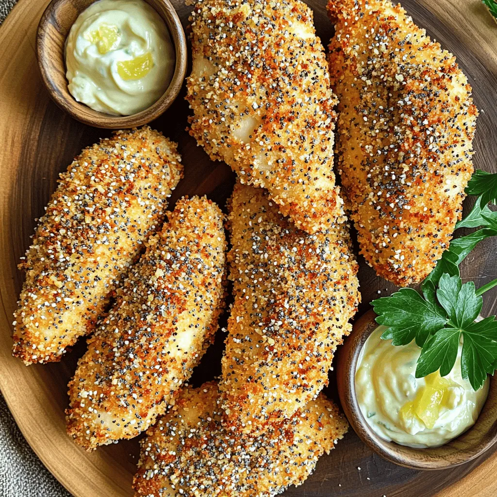 - 1 pound chicken tenders - 1 cup buttermilk (or substitute with regular milk mixed with a splash of lemon juice) - 1 cup all-purpose flour - 2 large eggs, beaten until smooth - 1 cup panko breadcrumbs (for extra crunch) - 3 tablespoons everything bagel seasoning - Salt and black pepper to taste - Olive oil spray The key to perfect Air Fryer Everything Bagel Chicken Tenders is in the ingredients. Start with fresh chicken tenders; they cook quickly and stay juicy. Buttermilk is great for marinating. It makes the chicken tender and flavorful. If you don’t have buttermilk, mix regular milk with a splash of lemon juice to mimic the same effect. Next, you’ll need all-purpose flour. It helps the coating stick to the chicken. Be sure to season it with salt and black pepper. This adds basic flavor to the chicken. The magic really happens with panko breadcrumbs. They are light and airy. They give your chicken tenders that irresistible crunch. For flavor, mix in everything bagel seasoning. This seasoning brings a blend of garlic, onion, and sesame seeds that makes every bite exciting. Finally, you will need eggs, which act as a binder. They help the breadcrumbs stick to the chicken. A light spray of olive oil at the end keeps everything crispy while cooking. Gather these ingredients, and you’re on your way to a delicious dish! Soak the chicken in buttermilk for great flavor. I suggest marinating for at least 30 minutes. If you have time, try up to 2 hours. This makes the chicken tender and juicy. Set up three bowls for breading. One bowl holds all-purpose flour. Add salt and black pepper to the flour for taste. The next bowl has beaten eggs. The last bowl is for panko breadcrumbs mixed with everything bagel seasoning. First, take the chicken from the buttermilk. Let any extra liquid drip off. Dredge each tender in flour so it gets fully coated. Then dip it in the beaten eggs. Let any excess egg drip away. Next, coat it with the breadcrumb mix. Press down gently to help the crumbs stick well. Preheat your air fryer to 400°F (200°C) for about 5 minutes. This helps cook the chicken evenly and gives it a nice crunch. Spray the air fryer basket lightly with olive oil. Place the chicken tenders in a single layer. You might need to cook in batches for best results. Spray the tops of the tenders with more olive oil. Cook the chicken for 10 to 12 minutes. Flip the tenders halfway through. Look for a golden-brown color. Make sure the chicken’s internal temperature reaches 165°F (75°C) for safe eating. Once the chicken is done, let it rest for a few minutes. This helps the juices settle. For a fun touch, serve the tenders on a wooden platter. Pair them with zesty lemon aioli or creamy ranch sauce. Add chopped parsley or chives for color. Panko breadcrumbs are key for a great crunch. They are light and airy. This helps the chicken tenders fry up crispy. Regular breadcrumbs do not give the same texture. To get even more crunch, spray the tenders with olive oil before cooking. This helps them crisp up nicely in the air fryer. Cook at 400°F (200°C) for the best results. Keep an eye on them. Flip halfway for even cooking. You can add more flavor to your chicken tenders. Try mixing in garlic powder or paprika with the flour. This adds a nice kick. You can also use different bagel seasonings. Everything bagel seasoning is great, but you could try onion or garlic blends. For serving, pair the tenders with a dip. A zesty lemon aioli or ranch dressing works well. Fresh herbs like parsley or chives make a great garnish too. Managing the cooking temperature is vital. Too high, and the outside burns before the inside cooks. Too low, and the tenders may not crisp up. Always check the internal temperature. It should reach 165°F (75°C) for safety. Make sure to give the chicken enough space in the air fryer. If you overcrowd the basket, they won't fry evenly. Cook in batches if needed. {{image_4}} You can switch up the bagel seasoning for a new taste. Try adding garlic powder or smoked paprika to the mix. If you want more heat, sprinkle in some cayenne pepper. Each change brings a fresh flavor twist. You can also create a sweet version. Use cinnamon and sugar instead of everything bagel seasoning. This makes a fun dessert-style chicken tender. You don’t have to use just chicken tenders. You can use chicken breasts or thighs instead. Just cut them into strips. They will still taste great! If you want a plant-based option, try tofu or tempeh. Use the same marinating and breading steps. This way, everyone can enjoy crispy goodness. Your chicken tenders deserve tasty sides. Try serving them with sweet potato fries or a fresh salad. These sides add color and nutrition to your meal. Dipping sauces can make everything even better. A zesty lemon aioli pairs well with the chicken. You could also use ranch or a spicy honey mustard. These sauces will take your meal to the next level! To keep your chicken tenders fresh, store them in an airtight container. Place a paper towel at the bottom to absorb moisture. This helps keep the chicken crispy. You can refrigerate them for up to three days. If you want to store them longer, consider freezing them. Just make sure to wrap them tightly in plastic wrap and foil. Frozen chicken tenders can last up to three months. To reheat your chicken tenders while keeping them crispy, the air fryer is your best friend. Preheat the air fryer to 350°F (175°C). Place the chicken tenders in a single layer. Heat them for about 5-7 minutes, flipping halfway through. This method helps restore their crunch. If you don’t have an air fryer, you can use the oven. Set it to 375°F (190°C) and bake for 10-12 minutes, but the air fryer is preferred for the best results. I recommend marinating chicken tenders for at least 30 minutes. For the best flavor and tenderness, marinate them for up to 2 hours. The buttermilk helps to break down proteins in the meat, making it juicy and tasty. Yes, you can, but panko gives a better crunch. Regular breadcrumbs are finer and may not create the same texture. If you use them, make sure to season them well. You can also mix in some everything bagel seasoning for added flavor. These chicken tenders pair well with many sauces. Try creamy ranch or zesty lemon aioli. Honey mustard and barbecue sauce are also tasty options. Each sauce adds a new flavor twist to your meal. Check the internal temperature of the chicken tenders. They should reach 165°F (75°C). You can use a meat thermometer for accuracy. Look for a golden-brown color on the outside as well, which indicates they are crispy and cooked through. You now have a complete guide to making delicious everything bagel chicken tenders. From marinating the chicken to finding perfect seasoning, every step matters. Remember, panko breadcrumbs will give you that crunch everyone loves. Explore variations to keep your meals fresh and exciting. With the right tips, you can avoid common mistakes and make each batch perfect. Enjoy your tasty chicken tenders tonight, and don't hesitate to try new sides or dips. You now have the skills to impress!