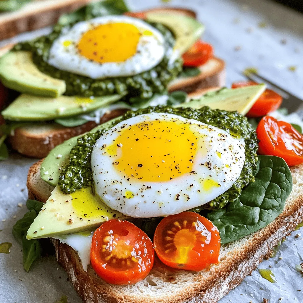 To make these tasty sandwiches, you need a few key items: - 4 large eggs - 4 slices of your preferred bread - 4 tablespoons pesto - 1 ripe avocado, sliced - 1 cup baby spinach, washed - ½ cup cherry tomatoes, halved - Salt and freshly ground pepper - Olive oil or butter for cooking the eggs These ingredients give you a great mix of flavors and textures. The eggs bring protein, while the avocado adds creaminess. Pesto gives a fresh, herby taste that makes the sandwich pop. For the best taste, I suggest using sourdough or whole grain bread. - Sourdough: This bread has a tangy flavor and a nice chew. - Whole Grain: It adds a nutty taste and more fiber. Both options toast well and hold up to the egg and toppings. If you want to amp up the flavor, consider adding: - ½ cup shredded cheese (mozzarella or cheddar) Cheese melts beautifully over the eggs and adds a creamy layer. You could also try adding some herbs or spices if you like a kick. Enjoy experimenting! To start, heat a non-stick frying pan over medium heat. Add a drizzle of olive oil or a small pat of butter. Wait until the oil is hot, then crack four large eggs into the pan. Make sure to space them out so they don’t stick together. Season the eggs well with salt and ground pepper. Cook them for 3-4 minutes until the whites are set but the yolks are still runny. If you like firmer yolks, add another minute. For a cheesy twist, sprinkle shredded cheese on top, cover with a lid, and let it melt for a minute. While the eggs cook, take four slices of your favorite bread. I recommend sourdough or whole grain for extra flavor. Toast them in a toaster or on another skillet. Flip them occasionally until they turn golden brown and crispy. This step adds a perfect crunch to your sandwich. Now comes the fun part: assembling your sandwich! Take two slices of the toasted bread. Spread one tablespoon of pesto evenly on one side of each slice. On one slice, layer fresh baby spinach, followed by creamy avocado slices, and then the cooked egg. Top with halved cherry tomatoes for a burst of color and flavor. Finally, place the other slice on top, pesto side down. Press gently to hold it all together. Enjoy your tasty Pesto Egg Breakfast Sandwich while everything is warm and fresh! You can make pesto your way. Try different nuts like walnuts or cashews. You can also switch up the herbs. Basil is classic, but parsley or spinach adds a nice twist. For a creamier texture, add some Greek yogurt. If you want a kick, toss in some red pepper flakes. This gives your pesto a pop of flavor. Store-bought pesto saves time, but homemade always tastes fresher. To achieve runny yolks, start with a medium heat. If the heat is too high, the whites cook fast, leaving the yolks too firm. Crack the eggs gently into the pan, and let them cook undisturbed. Covering the pan for a minute can help set the whites while keeping yolks runny. If you like firmer yolks, cook an extra minute or two. Just keep an eye on them! Pair your sandwich with a side of fresh fruit or a small salad. This adds color and freshness. You can also serve it with a light dressing or a drizzle of balsamic glaze. A sprinkle of extra cheese on top can make it even tastier. For a fun twist, add a fried egg instead of a poached one. These small changes can make your breakfast feel new every time. {{image_4}} You can easily make this sandwich vegetarian. Start by adding more veggies. Try roasted red peppers, arugula, or sliced cucumbers. These add great flavor and crunch. You can even use grilled zucchini or eggplant for a unique twist. Don't forget to layer in some fresh herbs like basil or cilantro for an extra pop. If you want more protein, add meats to your sandwich. Crispy bacon or savory sausage pairs well with the eggs. You can also use turkey or ham for a lighter option. Just cook the meat separately and layer it in with the eggs. This makes the sandwich hearty and filling. Cheese can make your sandwich even better. While mozzarella and cheddar are great, you can explore other options. Try creamy goat cheese for a tangy kick. Feta is another good choice for its crumbly texture and bold flavor. Remember, each cheese brings its own taste. So, mix and match to find your favorite combination. To store leftover sandwiches, wrap each one tightly in plastic wrap or foil. You can also place them in an airtight container. This keeps them fresh and tasty for up to two days in the fridge. When ready to eat, remember that the avocado may brown a bit. A squeeze of lemon juice can help keep it green. If you want to freeze these sandwiches, first assemble them without the avocado and fresh spinach. Wrap each sandwich in plastic wrap and then in foil. They can last up to a month in the freezer. When you are ready for a quick meal, just take one out and thaw it in the fridge overnight. To reheat, you have a few options. The oven is great for keeping the bread crispy. Preheat your oven to 350°F (175°C) and place the sandwich on a baking sheet. Heat for about 10 minutes. If you prefer the microwave, place the sandwich on a microwave-safe plate. Heat for 30 seconds to 1 minute, but be aware that the bread may become soft. Enjoy your sandwich warm for the best taste! Yes, store-bought pesto works great. It saves time and still tastes good. Just pick a brand you like. If you want a fresh taste, try making your own. For the best flavor, I recommend sourdough or whole grain bread. Both add a nice texture and taste. Feel free to use any bread you enjoy. To make it dairy-free, skip the cheese or use a dairy-free cheese. You can also add more avocado for creaminess. This keeps the sandwich rich and tasty without dairy. These sandwiches go well with a small side salad or some fresh fruit. You can also serve them with crispy hash browns or a light soup for a hearty meal. Yes, you can prepare some parts ahead. Cook the eggs and store them in the fridge. You can also slice the avocado and tomatoes. Just toast the bread fresh when you're ready to eat. Pesto egg breakfast sandwiches offer a tasty and easy meal. We covered key ingredients that make this dish shine, including bread options and ways to add flavor. I provided step-by-step cooking instructions to ensure perfect eggs and crispy bread. We also discussed tips for customizing your recipe and suggested variations to suit your taste. Lastly, I shared how to store and reheat leftovers. Enjoy creating your own flavorful breakfast sandwich!