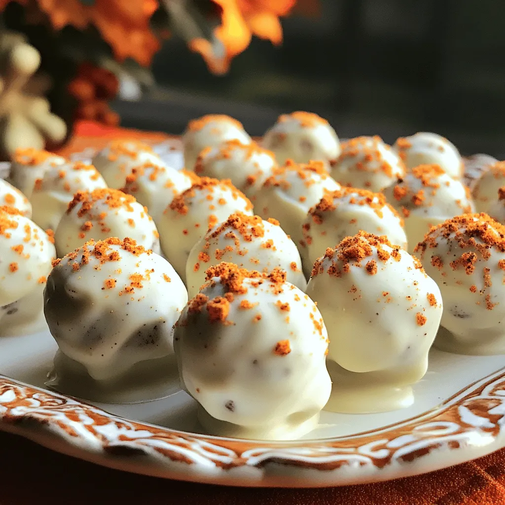 To make No Bake Pumpkin Spice Oreo Truffles, you need a few simple ingredients. Here’s the list: - Pumpkin Spice Oreo cookies - Cream cheese - Vanilla extract - Pumpkin pie spice - White chocolate chips - Coconut oil (optional) - Crushed Pumpkin Spice Oreos for coating Each ingredient plays a key role in creating the rich flavor of these truffles. The Pumpkin Spice Oreos provide a sweet and spiced cookie base. Cream cheese brings a creamy texture that makes the truffles melt in your mouth. Vanilla extract adds a hint of warmth, while pumpkin pie spice enhances the seasonal flavor. White chocolate chips are essential for coating the truffles, giving them a sweet finish. If you want a smoother coating, add some coconut oil. Finally, the crushed Pumpkin Spice Oreos on top give a delightful crunch and extra flavor. Gather these ingredients before you start, and you will be ready to create this easy yet delicious treat! First, grab a food processor. Add the Pumpkin Spice Oreo cookies into it. Pulse until they turn into fine crumbs. You want a smooth texture, so make sure there are no larger chunks. This step is key for the perfect truffle. Next, take a mixing bowl. Combine the Oreo crumbs with softened cream cheese. Add the vanilla extract and pumpkin pie spice. Use a spatula to mix well. You want a cohesive dough, smooth and thick. This mixture is the heart of your truffles. Once the filling is ready, take clean hands. Portion out small bits of dough, about one inch in size. Roll them into balls. Place these balls on a lined baking sheet. This makes clean-up easy and keeps them from sticking. Now, it’s time to chill. Put the baking sheet in the freezer. Let them chill for about 30 minutes. This helps the truffles firm up. A good chill is important for perfect texture. While the truffles chill, get a microwave-safe bowl. Add white chocolate chips and coconut oil if you want a smooth finish. Microwave in 30-second bursts. Stir after each round until it’s fully melted and smooth. This will be your tasty coating. When the truffles are ready, take them out of the freezer. Dip each one into the melted chocolate using a fork. Let any extra chocolate drip off. Place them back on the lined sheet. While the coating is still wet, sprinkle extra crushed Pumpkin Spice Oreos on top. This adds a nice touch and extra flavor. To make your truffles perfect, focus on consistency. The dough should be smooth and moldable. If it's too crumbly, add a bit more cream cheese. If it's too wet, add more crushed Oreos. When dipping, use a fork to lower each truffle into the melted chocolate. This helps avoid messy fingers. Allow the excess chocolate to drip back into the bowl. This keeps the coating thin and neat. You can add fun twists to your truffles. Try mixing in some mini chocolate chips for extra sweetness. If you want a nutty taste, add finely chopped nuts. For a touch of saltiness, sprinkle a bit of sea salt on top. For a lovely display, place the truffles on a decorative platter. You can dust them lightly with pumpkin spice for extra flair. Using cute cupcake liners also adds charm and makes serving easy. Pair these truffles with a warm cup of apple cider or a rich hot chocolate. They also go well with vanilla ice cream, creating a delightful dessert experience. {{image_4}} You can switch things up by using other seasonal Oreos. Try Peppermint Oreos for winter or Birthday Cake Oreos for a fun twist. Each flavor adds a new taste to your truffles. The key is to keep the cream cheese and spices the same. This way, you maintain the rich, creamy texture. You have options when it comes to chocolate coatings. You can use dark chocolate or milk chocolate. Dark chocolate gives a rich flavor, while milk chocolate is sweeter. If you need alternatives, consider using dairy-free chocolate for vegan diets. You can also find sugar-free options for those watching their sugar intake. Making these truffles fit different diets is easy. For gluten-free options, use gluten-free Oreos. This way, everyone can enjoy them. If you want vegan substitutions, swap cream cheese with a plant-based cream cheese. This keeps the taste while making it vegan-friendly. Always check labels to ensure all ingredients meet dietary needs. To keep your truffles fresh, use an airtight container. Glass or plastic containers work well. You can layer the truffles with parchment paper to prevent sticking. Store them in the fridge for the best taste. They love cooler temperatures! In the fridge, these truffles stay fresh for about one week. If you freeze them, they last for about three months. Just make sure they are in an airtight container to avoid freezer burn. If your truffles feel too hard after freezing, let them sit at room temperature. This will help restore their creamy texture. You can also microwave them for a few seconds on low power. Enjoy them soft and tasty! Yes, you can use regular Oreos. However, the flavor will change. Pumpkin Spice Oreos give a warm, spiced taste. Regular Oreos will taste sweeter and less seasonal. If you want to keep the fall vibe, stick to Pumpkin Spice. The truffles should chill for about 30 minutes. This time helps them firm up nicely. If you skip this step, they may lose shape when dipped in chocolate. Waiting ensures a perfect bite-sized treat. You can use Greek yogurt for a lighter option. Mascarpone cheese is also a great substitute. For a dairy-free choice, try a nut-based cream cheese. These options keep the truffles creamy and delicious. Add colorful sprinkles or edible glitter for a fun touch. You can also drizzle melted chocolate on top. Another idea is to roll them in crushed nuts or coconut. These small changes make your truffles pop at any party. Absolutely! Package them in a cute box or jar. You can even add a ribbon for a personal touch. They make delightful gifts for friends and family. Everyone loves a homemade treat, especially during the holidays. These Pumpkin Spice Oreo Truffles are easy to make and fun to enjoy. We talked about the ingredients and steps for a tasty treat. Using simple tips can make your truffles stand out at any gathering. You can change up the flavors or make them fit your dietary needs. With the right storage, they will stay fresh for weeks. Whether you share them or keep them for yourself, these truffles add joy to any occasion. Enjoy your delicious creation!