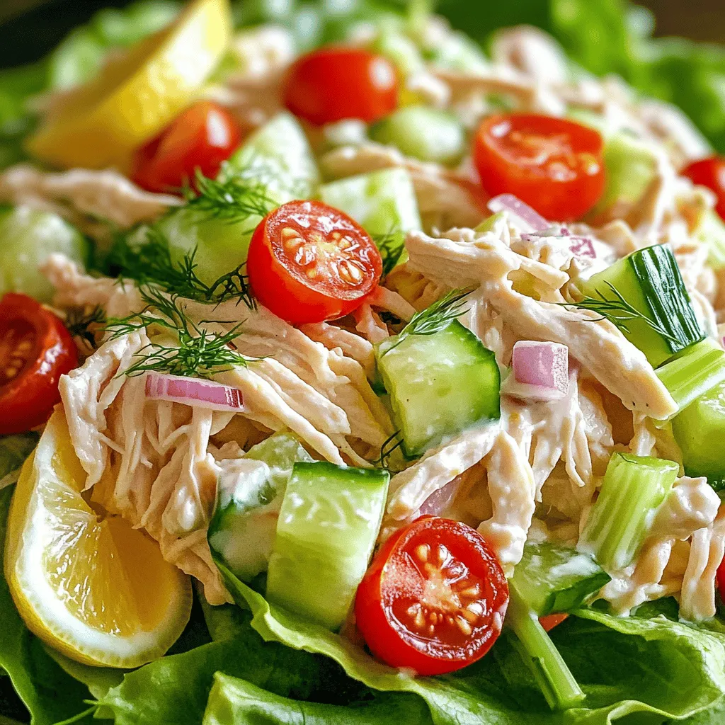 To make a tasty Greek yogurt chicken salad, gather these key ingredients: - 2 cups cooked chicken breast, shredded - 1 cup plain Greek yogurt - 1/2 cup celery, finely chopped - 1/2 cup cucumber, diced small - 1/4 cup red onion, finely diced - 1/4 cup fresh dill, chopped - 1 tablespoon fresh lemon juice - 1 teaspoon garlic powder - Salt and pepper to taste These ingredients create a creamy and flavorful base. The chicken adds protein, while the yogurt gives a light texture. The celery and cucumber add crunch. The red onion and dill offer a nice touch of sweetness and aroma. You can enhance your salad with these fun options: - 1/2 cup cherry tomatoes, halved - Crisp lettuce leaves - Warm pita bread Using cherry tomatoes adds color and sweetness. Serving on lettuce or in pita makes it fun to eat. You can mix and match these garnishes to suit your taste. Each serving of Greek yogurt chicken salad is packed with nutrition. Here’s a quick look at what you get: - Calories: Approximately 250 - Protein: About 30g - Carbohydrates: Roughly 10g - Fats: Around 8g This salad is a healthy choice. It provides protein from chicken and yogurt, plus vitamins from veggies. Enjoy this tasty dish while keeping your health in mind! Start by taking 2 cups of cooked chicken breast. Shred it into fine pieces. Place the shredded chicken in a large mixing bowl. Next, add 1 cup of plain Greek yogurt. Mix them well. You want the chicken to be fully coated in yogurt. This makes a creamy base for your salad. Now, it’s time for some crunch! Chop 1/2 cup of celery into small bits. Dice 1/2 cup of cucumber as well. Add both to the bowl with chicken and yogurt. Then, finely dice 1/4 cup of red onion. Toss that in too. Stir everything together. This mix adds freshness and fun texture to your salad. Next, add 1/4 cup of fresh dill to the mix. It brings a bright flavor. Squeeze in 1 tablespoon of fresh lemon juice for some zing. Sprinkle in 1 teaspoon of garlic powder for depth. Don’t forget to season with salt and pepper. Taste your salad and adjust as needed. For the best flavor, let the salad chill in the fridge for at least 30 minutes. Enjoy serving it on crisp lettuce or inside warm pita bread. Top with halved cherry tomatoes for a pop of color! When picking Greek yogurt, look for the plain kind. It should have no added sugar. Check the label for live cultures, which help with digestion. The creaminess is key for a good salad. I prefer brands with higher protein content for a filling option. This salad needs a mix of flavors. The yogurt adds creaminess, while lemon juice gives it a zesty kick. Fresh dill brightens the dish with an aromatic touch. Always taste your salad before serving. Adjust salt and pepper to find the perfect balance. Chilling your chicken salad is a must. It lets all the flavors mix together well. Aim for at least 30 minutes in the fridge. This time allows the yogurt to soak into the chicken. It also makes the salad cool and refreshing, perfect for hot days. {{image_4}} You can switch out chicken for many proteins. Try using canned tuna for a quick meal. Shredded turkey also works well and gives a nice twist. For a vegetarian option, use chickpeas. They add great texture and protein. Herbs can change the whole taste of your salad. Try fresh basil for a sweet touch. Cilantro adds a fresh, zesty flavor. If you like heat, add a pinch of cayenne pepper. Experimenting with spices can lead to new favorites. You can mix in seasonal veggies to keep things fresh. In summer, add sweet corn for crunch. In fall, diced apples give a sweet and crisp bite. During winter, roasted red peppers add warmth and color. This keeps your salad exciting year-round. To keep your Greek yogurt chicken salad fresh, store it in an airtight container. Make sure to press out excess air before sealing. This helps prevent spoilage and keeps the flavors intact. You can also separate the salad from any garnishes, like cherry tomatoes, to maintain their crunch. When stored properly, this salad can last up to four days in the fridge. Check for any off smells or changes in texture before eating. If it looks or smells strange, it’s best to toss it. Remember, freshness is key for great taste! While I usually don’t recommend freezing Greek yogurt chicken salad, you can do it if needed. Place the salad in a freezer-safe container. Leave some space at the top, as it will expand when frozen. To use, thaw it in the fridge overnight. Keep in mind that the texture may change slightly, but the flavors will still be there. Enjoy your tasty salad! Yes, you can make this salad ahead of time. In fact, it tastes even better after sitting. The flavors blend well when chilled. I recommend making it the day before you plan to serve it. Just store it in the fridge in an airtight container. Absolutely! This recipe is great for meal prep. You can portion it into containers for easy lunches or snacks. It holds up well in the fridge for several days. Just make sure to keep it cold until you are ready to eat. You have many options! Serve it on a bed of crisp lettuce. You can also stuff it into warm pita bread. Pair it with whole-grain crackers or fresh veggies. For a side, try a light soup or a fruit salad. Enjoy your meal! Greek Yogurt Chicken Salad combines healthy ingredients and simple steps. We've covered the key components, from choosing yogurt to adding fresh vegetables. I shared tips for great flavor and storage. Don't shy away from trying variations or different proteins. Whether you make it today or for meal prep, you'll enjoy a delicious dish. Experiment and make it your own. Enjoy every bite!