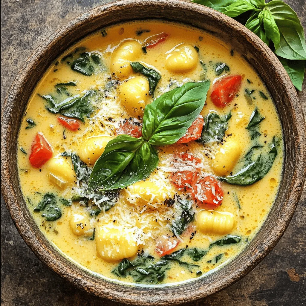 To make One-Pot Creamy Tuscan Gnocchi Soup, you will need the following ingredients: - 1 tablespoon olive oil - 1 medium onion, diced - 3 cloves garlic, minced - 4 cups vegetable broth - 1 (14 oz) can diced tomatoes, including juices - 1 teaspoon dried oregano - 1 teaspoon dried basil - 1 pound gnocchi (choose fresh or frozen) - 2 cups fresh spinach, roughly chopped - 1 cup heavy cream or coconut cream (for a lighter alternative) - Salt and freshly ground black pepper, to taste - Grated Parmesan cheese, for serving (optional) - Fresh basil leaves, for garnish If you need to swap some ingredients, here are a few ideas: - Use chicken broth instead of vegetable broth for a meatier flavor. - Any canned tomatoes work, including crushed or whole. - Try using almond milk or cashew cream instead of heavy cream for a lighter soup. - You can use kale instead of spinach if you prefer. - For a gluten-free option, choose gluten-free gnocchi. Each serving of this creamy soup offers a hearty meal. Here’s a rough idea of the nutrition: - Calories: 350 - Total Fat: 20g - Saturated Fat: 10g - Cholesterol: 40mg - Sodium: 600mg - Total Carbohydrates: 35g - Dietary Fiber: 3g - Sugars: 4g - Protein: 8g This soup is filling and packed with flavor! It’s perfect for lunch or dinner. Enjoy it with crusty bread for a complete meal. 1. Start by gathering your ingredients. You will need olive oil, diced onion, minced garlic, vegetable broth, diced tomatoes, dried oregano, dried basil, gnocchi, fresh spinach, heavy cream, salt, pepper, Parmesan cheese, and fresh basil for garnish. 2. Dice the onion and mince the garlic. This will add great flavor to your soup. 3. Measure out the vegetable broth and tomatoes. This makes cooking easier and faster. 1. In a large pot, warm 1 tablespoon of olive oil over medium heat. 2. Add the diced onion and sauté for about 5 minutes. You want the onion to be soft and see-through. 3. Next, add the minced garlic. Cook for 1-2 minutes until you smell its lovely aroma. 4. Pour in the vegetable broth. Then, add the diced tomatoes with their juices, dried oregano, and dried basil. Stir it all together and bring the mix to a gentle simmer. 5. Once it simmers, add 1 pound of gnocchi. If using fresh gnocchi, cook for 2-3 minutes. For frozen gnocchi, it will take 5-7 minutes. Stir this occasionally to help it cook evenly. 6. When the gnocchi float to the top, turn the heat to low. Add 2 cups of fresh spinach and 1 cup of heavy cream. Stir gently until the spinach wilts and the soup turns creamy. 7. Taste and season your soup with salt and fresh black pepper. If you like, stir in grated Parmesan cheese until it melts. 1. Remove the pot from the heat. Let the soup rest for a few minutes. This helps the flavors blend better. 2. Serve the soup in warm bowls. Garnish with fresh basil leaves and a sprinkle of Parmesan cheese if you wish. 3. Enjoy this warm, comforting soup with crusty bread on the side for the best experience! To make the best One-Pot Creamy Tuscan Gnocchi Soup, start with fresh ingredients. Fresh spinach adds a nice touch. Use good quality vegetable broth for deeper flavor. Always sauté the onion until soft; this builds a great base. When you add garlic, remember to stir it often. We want it fragrant, not burnt. For the gnocchi, check the package for cooking times. Fresh gnocchi cooks fast, usually in just 2-3 minutes. Frozen gnocchi takes longer, around 5-7 minutes. Stir them gently to avoid sticking. Lastly, let the soup rest a few minutes before serving. This helps the flavors blend nicely. If you have leftovers, let the soup cool first. Store it in an airtight container in the fridge. It will stay fresh for about 3-4 days. If you want to keep it longer, freezing is a great option. Just make sure to leave out the cream before freezing. Cream can separate when thawed. To use frozen soup, thaw it in the fridge overnight before reheating. Serve your soup in warm bowls to keep it cozy. Top it with fresh basil leaves for a burst of color. A sprinkle of grated Parmesan cheese adds rich flavor. Pair the soup with crusty bread for a complete meal. You could also serve it with a light salad for a refreshing balance. Enjoy every bite of this creamy delight! {{image_4}} To make this soup dairy-free, swap the heavy cream for coconut cream. This change keeps the soup rich and creamy while adding a hint of sweetness. You can also use almond milk or cashew cream for a lighter touch. Both options work well and taste great. Just keep the ratios the same; about one cup will do. Add more veggies for extra flavor and nutrition. Try adding diced bell peppers, carrots, or zucchini. These can cook along with the onion and garlic. For protein, add cooked chicken or white beans. Both options make the soup heartier. If you want more texture, toss in some mushrooms. They add a nice umami flavor. Want a kick? Add red pepper flakes for heat. Start with a pinch and taste as you go. If you like it spicy, add more. You can also use a dash of hot sauce to spice things up. If you prefer a milder flavor, skip the spices or add a touch of honey for balance. This will make the soup sweet and savory. To keep your One-Pot Creamy Tuscan Gnocchi Soup fresh, let it cool first. Once it cools, pour it into an airtight container. You can store it in the fridge for about 3 to 4 days. Make sure to label the container with the date. This helps you track freshness. When you're ready to enjoy your soup again, you can reheat it on the stove. Pour the soup into a pot and warm it over low heat. Stir it often to make sure it heats evenly. You can also use a microwave. Place the soup in a microwave-safe bowl. Heat it for 1-2 minutes, stirring halfway through. Always check the temperature before serving. If you want to save some soup for later, freezing is a great option. First, cool the soup completely. Then, pour it into freezer-safe containers. Leave some space at the top to allow for expansion. You can freeze the soup for up to 2 to 3 months. When you're ready to eat it, let it thaw in the fridge overnight before reheating. Yes, you can use frozen gnocchi in this recipe. Frozen gnocchi cooks well in the soup. Just add it directly to the pot. Follow the package instructions for cooking. It usually takes about 5 to 7 minutes for frozen gnocchi to become tender. This option is great if you want to save time. To add heat, try these simple tips: - Add red pepper flakes: Start with 1/2 teaspoon and adjust to taste. - Use spicy sausage: Cook it with the onions for added flavor. - Chili oil: Drizzle some on top before serving for extra kick. These ideas will give your soup a nice spicy touch while keeping the creamy flavor. This soup pairs well with many sides. Here are some great options: - Crusty bread: Perfect for dipping and soaking up the soup. - Salad: A fresh green salad adds a nice crunch. - Garlic bread: Adds a lovely flavor and texture. These sides make the meal feel more complete and delicious! In this post, we explored the essential ingredients for your soup, including substitutions and nutrition. We shared simple steps to prepare, cook, and finish your dish. I offered tips on storage and serving to enhance your experience. We also looked at variations to cater to different diets and preferences. Remember, cooking should be fun and creative. With these insights, you can make a delicious soup tailored to your taste. Enjoy your cooking journey!