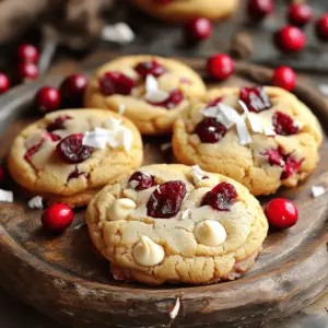 To make these cookies, you need some key ingredients. Here’s what you will need: - 1 cup unsalted butter, softened - 3/4 cup packed brown sugar - 1/4 cup granulated sugar - 2 large eggs - 2 teaspoons pure vanilla extract - 2 1/4 cups all-purpose flour - 1/2 teaspoon baking soda - 1/2 teaspoon fine sea salt - 1 cup white chocolate chips - 1 cup dried cranberries - 1/2 cup chopped macadamia nuts (optional) These ingredients combine to create a cookie that is sweet, chewy, and full of flavor. The white chocolate adds creaminess, while the cranberries give a nice tart bite. Using the right ingredients can make a big difference in your cookies. Here are some tips: - Butter: Make sure your butter is softened. This helps it mix well with the sugars. - Eggs: Use eggs at room temperature. They blend better into the batter. - Flour: Measure the flour correctly. Too much flour can make cookies dry. Scoop the flour into the cup and level it off with a knife. - Mix-Ins: Choose sweetened dried cranberries. They contrast nicely with the white chocolate. If you add macadamia nuts, chop them finely for even crunch. Following these tips helps ensure that your cookies turn out soft and delicious. You can make changes to the recipe based on what you have. Here are some ideas: - Butter: If you want a lighter option, use coconut oil instead of butter. - Sugars: You can swap brown sugar for coconut sugar for a different taste. - Flour: Use gluten-free flour if you need a gluten-free version. - Cranberries: Fresh cranberries can be used, but they will make the cookies more tart. Just chop them small. - Nuts: If you’re allergic to nuts, you can skip them or use seeds like pumpkin seeds. These substitutions let you enjoy the cookies no matter your needs or preferences. Start by preheating your oven to 350°F (175°C). While the oven warms, line two baking sheets with parchment paper. This step helps prevent the cookies from sticking. In a large bowl, mix 1 cup of softened unsalted butter, 3/4 cup of packed brown sugar, and 1/4 cup of granulated sugar. Use a hand mixer or stand mixer on medium speed. Mix until light and fluffy, which takes about 3 to 5 minutes. Next, add in 2 large eggs, one at a time. Make sure each egg mixes in well before adding the next. After that, pour in 2 teaspoons of pure vanilla extract and mix until combined. In another bowl, whisk together 2 1/4 cups of all-purpose flour, 1/2 teaspoon of baking soda, and 1/2 teaspoon of fine sea salt. Now, gradually add the dry mix to the wet mix. Use a spatula to stir gently until just combined. Be careful not to overmix! This can change the texture of your cookies. Finally, fold in 1 cup of white chocolate chips, 1 cup of dried cranberries, and if you like, 1/2 cup of chopped macadamia nuts. Make sure everything is evenly mixed in the dough. With a cookie scoop or tablespoon, drop rounded balls of dough onto the prepared baking sheets. Leave about 2 inches of space between each ball. This space allows the cookies to spread as they bake. Place the sheets in the oven and bake for 10 to 12 minutes. The cookies should look lightly golden around the edges. The centers will be soft, which is just right. They will firm up as they cool. Once baked, take the sheets out of the oven. Let the cookies cool on the sheets for about 5 minutes. This cooling time helps them set. After that, transfer the cookies to wire racks to cool completely. For a fun presentation, arrange the cookies on a nice platter. You can sprinkle extra cranberries and white chocolate shavings on top. These cookies taste great with tea or coffee, making them perfect for sharing! Baking cookies can be tricky. Here are some mistakes to watch for: - Not measuring ingredients correctly: Use measuring cups and spoons for accuracy. - Overmixing the dough: Mix just until the dry ingredients are combined. This keeps cookies tender. - Skipping the parchment paper: This can lead to sticking and uneven baking. Always line your sheets. - Not cooling butter and eggs: Make sure they are at room temperature for easy mixing. To get the right texture in your cookies, follow these steps: - Use room temperature ingredients: Softened butter and eggs mix better, leading to fluffy cookies. - Don't overbake: Bake until lightly golden. The centers should look soft. They will firm up as they cool. - Chill the dough (optional): If you want thicker cookies, chill the dough for 30 minutes before baking. Make your cookies even more special with these tips: - Add zest: A bit of orange or lemon zest can boost flavor. - Use high-quality chocolate: Better chocolate means better cookies. Choose good white chocolate chips. - Sprinkle sea salt: Just a pinch on top before baking adds a nice contrast to sweetness. - Decorate creatively: Place extra cranberries or white chocolate shavings on top for a festive look. {{image_4}} You can easily make these cookies nut-free. Just skip the macadamia nuts. For a dairy-free version, use dairy-free butter and white chocolate chips. These swaps keep the cookies tasty and safe for those with allergies. Spices can add great depth to your cookies. Try adding a pinch of cinnamon or nutmeg for warmth. You can also use almond extract instead of vanilla for a unique twist. Just a few drops will change the flavor profile without overpowering the cookies. Get creative with the mix-ins! Swap out the dried cranberries for raisins or chopped apricots. You can even add dark chocolate chips for a richer taste. Other fun options include shredded coconut or mini marshmallows. Experiment and find your favorite combination! To keep your white chocolate cranberry cookies fresh, store them in an airtight container. This helps maintain their soft texture and delicious taste. You can layer the cookies between sheets of parchment paper. This prevents them from sticking together. Keep the container at room temperature. Avoid placing it in direct sunlight or near heat. Cookies can last up to one week when stored this way. Freezing cookies is easy and great for saving some for later. Start by letting the cookies cool completely. Then, place them in a single layer on a baking sheet. Freeze them for about an hour. Once frozen, transfer the cookies to a freezer-safe bag. Remove as much air as possible before sealing. You can freeze them for up to three months. When you want to eat them, just thaw them at room temperature. Reheating your cookies brings back their fresh-baked taste. To reheat, preheat your oven to 350°F (175°C). Place the cookies on a baking sheet for about 5 minutes. You can also use a microwave. Heat them for about 10 to 15 seconds. Check to make sure they don’t get too hot. This keeps them soft and yummy. Yes, you can use fresh cranberries. However, they are much more tart than dried ones. To balance the tartness, add a bit more sugar to your dough. This will help make the cookies sweeter and more enjoyable. The texture will also change, so your cookies may be slightly denser. If you don’t have macadamia nuts, don’t worry. You can simply leave them out. Alternatively, you can use any other nuts you like, such as walnuts or pecans. These will add a nice crunch and flavor to your cookies. You could also replace nuts with seeds like sunflower seeds for a nut-free option. To make your cookies softer or chewier, adjust the baking time. Bake them for a shorter period. Start with 8 to 10 minutes instead of 10 to 12. Also, use more brown sugar than white sugar. Brown sugar adds moisture, making cookies softer. Lastly, let them cool on the baking sheet for a few minutes before moving them. This will help them stay soft. This blog covered all you need for great white chocolate cranberry cookies. We discussed the key ingredients and tips for the best results. We went through step-by-step instructions for dough, baking, and serving. Then, I shared tips to avoid common mistakes and ways to enhance your cookies. You also explored fun variations and learned the best ways to store your cookies. Now, you're ready to bake and impress everyone with your skills! Enjoy making and sharing these delicious treats.
