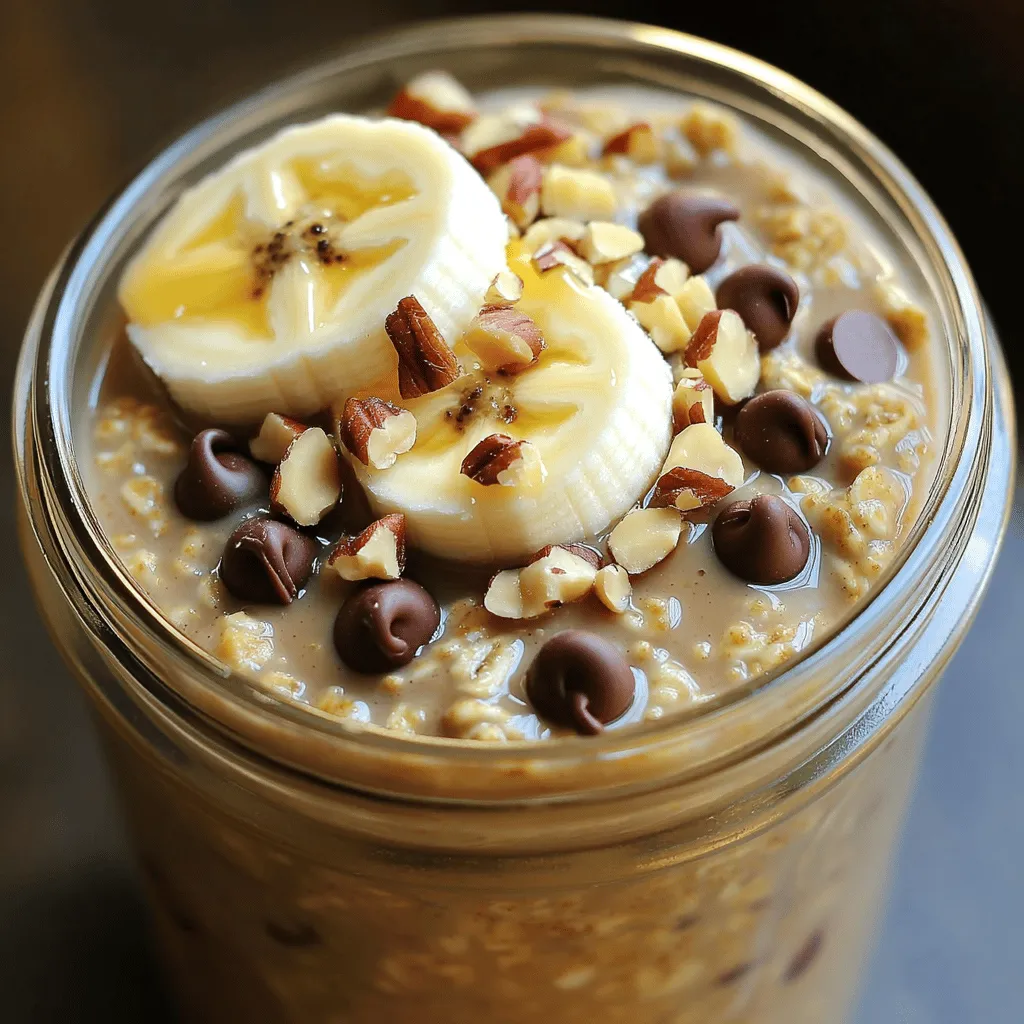 - 1 cup rolled oats - 1 cup unsweetened almond milk - 1 scoop vanilla protein powder - 2 tablespoons almond butter - 1 tablespoon maple syrup - 1 teaspoon vanilla extract - 2 tablespoons mini chocolate chips - A pinch of sea salt For my High-Protein Cookie Dough Overnight Oats, I use simple yet nourishing ingredients. The rolled oats form the base. They provide fiber and keep you full. Almond milk adds creaminess without extra calories. I include a scoop of vanilla protein powder. This boosts protein and keeps you energized. Almond butter adds a rich, nutty flavor. Maple syrup sweetens things up just right. The vanilla extract enhances the cookie dough feel. Chocolate chips are a must. They make the oats feel like dessert. Finally, a pinch of sea salt balances the sweetness and elevates the taste. - Sliced bananas - Crushed nuts - Extra chocolate chips For toppings, I suggest sliced bananas. They add freshness and natural sweetness. Crushed nuts bring crunch and healthy fats. If you love chocolate, toss in extra chocolate chips. They make every bite a treat! In a medium bowl, start by combining: - 1 cup rolled oats - 1 cup unsweetened almond milk - 1 scoop vanilla protein powder Mix these ingredients well. Make sure there are no clumps of protein powder. The mixture should look smooth and creamy. Next, add in: - 2 tablespoons almond butter - 1 tablespoon maple syrup - 1 teaspoon vanilla extract - A pinch of sea salt Stir everything together until the mixture is even and creamy. This step adds rich flavor and nice texture. Now, gently fold in: - 2 tablespoons mini chocolate chips Be careful not to break the chips. They add sweetness and a fun texture to your oats. Pour the oat mixture into a jar or airtight container. Seal it tightly to keep moisture inside. Place the container in the fridge to soak overnight. You can also let it sit for at least 4 hours. This soaking helps the oats absorb the liquid and flavors. When morning comes, take the jar out of the fridge. Stir the mixture well. If it seems too thick, add a splash of milk to reach your desired consistency. Finally, decorate your oats with optional toppings like: - Sliced bananas - Crushed nuts - Extra chocolate chips These toppings add fun flavors and textures. Enjoy your high-protein cookie dough overnight oats! Soaking time is key for great oats. I recommend letting them soak for at least 4 hours, but overnight is best. This time allows the oats to absorb the liquid fully. Your oats will be soft and creamy, just how you want them. Adjusting sweetness is easy. If you like it sweeter, add more maple syrup or honey. Start with one tablespoon and taste test. You can always add more, but it's hard to take sweetness out. Try different nut butters for new flavors. Almond butter is great, but peanut butter works too. You can also use chocolate or cookie dough protein powder. Each option will change the taste, making it exciting. {{image_4}} Each serving of High-Protein Cookie Dough Overnight Oats packs a solid protein punch. You get about 25 grams of protein per serving. This comes from the protein powder and almond butter. The protein helps you stay full and supports muscle health. The estimated calorie count for one serving is around 400 calories. This number can change based on the milk or nut butter you choose. If you add toppings, remember that they can also add calories. Oats are a great source of fiber. They help with digestion and keep you satisfied longer. Protein powder boosts your energy and supports your body. Almond butter adds healthy fats and more protein. Together, these ingredients make a balanced meal that fuels your day well. You can change the taste of your overnight oats easily. Try chocolate-peanut butter for a rich flavor. It’s a perfect match! If you prefer something fruity, banana-cinnamon is great. Just add mashed bananas and a dash of cinnamon to the mix. You can also explore options like almond joy with coconut and almond butter or try a berry twist with fresh berries. Each combination adds fun and keeps your breakfast exciting! If you need dairy-free options, use almond milk or oat milk. Both work well. For gluten-free oats, simply choose certified gluten-free oats. You can also make this recipe vegan. Swap the honey for maple syrup and use a plant-based protein powder. These easy changes help fit different diets while keeping the taste delicious. Want to save time? You can prep multiple jars at once. This way, you have breakfast ready for several days. Just mix the oats and liquid, then add your favorite flavorings. Store them in the fridge. They will stay fresh for up to five days. In the morning, grab a jar and top it with nuts or fruits. It’s a quick and healthy start to your day! Yes, you can use other milk types. Almond milk works great, but feel free to try oat, coconut, or soy milk. Each type will bring its own taste and texture. Just ensure it is unsweetened to keep the flavors balanced. You can store your overnight oats in the fridge for up to five days. Use a sealed container to keep them fresh. This makes it easy to prepare multiple servings for the week ahead. Yes, you can heat your overnight oats. Pour them into a bowl and microwave for about one minute. Stir in a splash of milk if they get too thick. Enjoy warm oats for a cozy breakfast treat. You can boost protein by adding nuts, seeds, or Greek yogurt. Consider using more protein powder too. Each option adds flavor and nutrition to your oats, making them even more satisfying. You learned how to make easy, tasty overnight oats with simple steps. This recipe uses oats, almond milk, and protein powder. You can add flavors and toppings to suit your taste. Remember, soaking time helps the oats' texture. Feel free to try different nut butters or sweeteners. This dish is great for busy mornings and fits many diets. Enjoy crafting your perfect bowl of overnight oats, packed with nutrition and flavor.