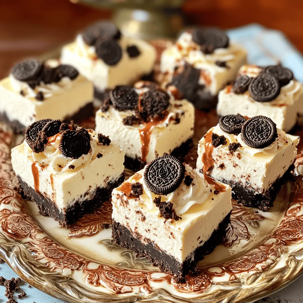 To make No-Bake Oreo Cheesecake Bars, you need these simple items: - 24 Oreo cookies, finely crushed - 4 tablespoons unsalted butter, melted - 16 oz cream cheese, softened to room temperature - 1 cup powdered sugar, sifted - 1 teaspoon pure vanilla extract - 1 cup heavy whipping cream, chilled - 6 Oreo cookies, roughly chopped, for garnish These ingredients create a rich and creamy dessert. The crushed Oreos give a great base flavor. The cream cheese adds smoothness, while the heavy cream makes it light. You can find most of these items in any grocery store. If you want extra fun, add different toppings later! To start, take 24 Oreo cookies and crush them finely. You can do this using a food processor or by placing them in a bag and crushing them with a rolling pin. Then, melt 4 tablespoons of unsalted butter in a microwave. Combine the crushed cookies with the melted butter in a medium bowl. Mix until it looks like damp sand. Next, grab a parchment-lined 9x9 inch baking pan. Transfer your cookie mixture into the pan. Use the back of a measuring cup or your fingers to press the mixture down firmly. This creates a solid base for your cheesecake. Place the pan in the refrigerator while you work on the filling. In a large bowl, beat 16 ounces of softened cream cheese using an electric mixer. It should become smooth and creamy. Gradually add 1 cup of sifted powdered sugar and 1 teaspoon of pure vanilla extract. Mix until everything is blended and fluffy. In a separate chilled bowl, whip 1 cup of heavy cream on high speed. It should take about 3-5 minutes until stiff peaks form. Gently fold the whipped cream into the cream cheese mixture. Use a spatula and do it slowly to keep the mixture light and airy. Now, take 6 roughly chopped Oreo cookies and gently fold them into the cheesecake filling. This adds great texture and flavor. Make sure they are evenly distributed throughout the mixture. Pour the cheesecake filling over the chilled Oreo crust in your baking pan. Spread it out evenly with a spatula. Smooth the top for a nice finish. Cover the pan loosely with plastic wrap or aluminum foil. Place the pan in the refrigerator for at least 4 hours. This allows the cheesecake to set and firm up. After chilling, lift the cheesecake out of the pan by holding the edges of the parchment paper. Use a sharp knife to cut it into equal bars. Wipe the knife between cuts for clean edges. For a nice touch, top each bar with a sprinkle of Oreo crumbs. Enjoy your delicious no-bake Oreo cheesecake bars! Using room temperature ingredients is key. Cream cheese blends better when it's soft. Leave it out for about an hour. Your heavy cream should also be chilled, but not frozen. This will make it easier to whip. To get a light and fluffy filling, whip your heavy cream until stiff peaks form. This usually takes 3 to 5 minutes. When you mix it into the cream cheese, fold gently. This way, you keep the air in the whipped cream and get a light texture. For a gorgeous presentation, slice the bars carefully. Use a sharp knife and wipe it clean between cuts. This helps keep the edges neat. - Decorative Serving Ideas: - Arrange the bars on a nice platter. - Drizzle chocolate sauce over the top. - Sprinkle extra Oreo crumbs around the edges. These small touches make your dessert look even more tempting. {{image_4}} You can easily change the flavor of your cheesecake bars. Try adding different cookies. Use peanut butter cookies for a nutty twist. You can also add caramel sauce to the filling for sweetness. A layer of crushed mint cookies gives a fresh taste. Experiment with lemon zest for a citrus kick. Each change makes the bars unique and fun! Making gluten-free cheesecake bars is simple. Just swap regular Oreo cookies for gluten-free ones. Many brands offer gluten-free cookies that taste great. Make sure to check labels for any hidden gluten in the ingredients. The rest of the recipe stays the same, and you still get a creamy, delicious treat! For a vegan version, you'll need a few swaps. Use a vegan cream cheese made from nuts or soy. Instead of heavy cream, use coconut cream for richness. Replace butter with coconut oil. You can also use agave syrup instead of powdered sugar for sweetness. These changes keep the bars creamy and tasty while being plant-based. Enjoy a guilt-free dessert! To keep your no-bake Oreo cheesecake bars fresh, store them in the fridge. Use an airtight container to prevent them from absorbing any odors. If you don’t have one, cover the pan tightly with plastic wrap. This keeps moisture in and helps maintain the creamy texture. These delicious bars last for about 4 to 5 days in the fridge. After that, they may lose their flavor and texture. Make sure to check for any signs of spoilage before serving. If they look or smell off, it’s best to toss them out. You can freeze these cheesecake bars for a longer shelf life. First, cut them into squares and wrap each piece in plastic wrap. Then, place the wrapped bars in a freezer-safe container. They can last up to 3 months in the freezer. To enjoy, thaw them in the fridge overnight before serving. Yes, you can use other cookies. Try chocolate chip or graham crackers. Each will give a unique taste. Just crush them the same way as Oreos. Remember, the flavor changes with different cookies. To cut the bars, use a sharp knife. Dip the knife in warm water before each cut. This helps make clean lines. Wipe the knife between cuts to keep them neat. You can easily prepare these bars a day in advance. Just keep them in the fridge until you are ready to serve. This actually helps the flavors blend better! Absolutely! You can add toppings like chocolate sauce, whipped cream, or more crushed Oreos. Fresh berries or nuts also work well. Get creative and make them your own! This post covered the key parts of making Oreo cheesecake bars. We discussed the ingredients you need and shared step-by-step instructions. I also offered tips for a great texture and ways to make different versions. Remember, using room temperature ingredients helps your filling stay light and fluffy. With a few simple steps and great ideas, you can impress everyone with these delightful bars. Enjoy making them!
