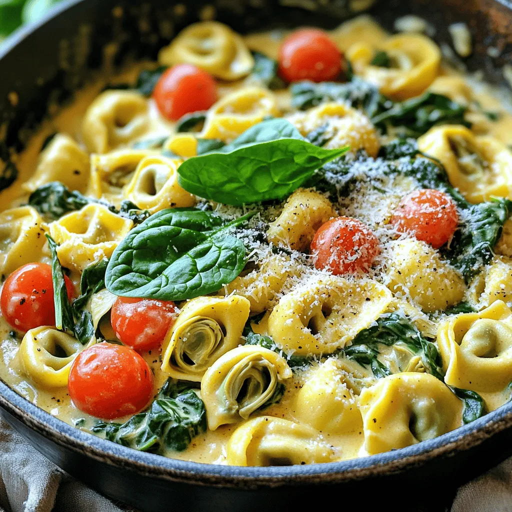 - 12 oz cheese tortellini (fresh or frozen) - 2 cups fresh spinach, roughly chopped - 1 can (14 oz) artichoke hearts, drained and coarsely chopped - 1 cup cherry tomatoes, halved - 1 small onion, finely chopped - 2 cloves garlic, minced - 2 tablespoons olive oil - ½ cup grated Parmesan cheese - 1 cup vegetable broth - 1 cup heavy cream - ½ teaspoon crushed red pepper flakes (optional) - Salt and freshly ground pepper to taste In this dish, each ingredient plays a key role. The cheese tortellini is soft and comforting. Fresh spinach adds a pop of color and nutrients. Artichoke hearts bring a unique flavor that pairs well with the tortellini. Cherry tomatoes add sweetness and freshness. I love using onion and garlic for a great base. They build a savory aroma that makes your kitchen smell amazing. Olive oil ties everything together, adding richness. Finally, the Parmesan cheese melts in, creating a creamy texture that envelopes the pasta. For the liquids, vegetable broth gives depth. Heavy cream makes the dish smooth and rich. You can add crushed red pepper flakes for a little heat, but it’s optional. Seasoning with salt and pepper helps balance all the flavors. These ingredients come together in one pot. It’s easy, quick, and absolutely delicious. - Heat 2 tablespoons of olive oil in a large skillet over medium heat. - Add 1 small finely chopped onion. Sauté for about 3-4 minutes. - When the onion is soft and fragrant, add 2 minced cloves of garlic. Cook for 1 minute. - Next, stir in 1 can of coarsely chopped artichoke hearts and 1 cup of halved cherry tomatoes. - If you like heat, add ½ teaspoon of crushed red pepper flakes. Sauté for 2-3 minutes until the tomatoes soften. - Carefully pour in 1 cup of vegetable broth and 1 cup of heavy cream. Stir well. - Bring the mixture to a gentle simmer. Let it bubble lightly for a few minutes. - Add 12 oz of cheese tortellini to the skillet. Cook for 3-5 minutes or until tender. - Once the tortellini is cooked, fold in 2 cups of roughly chopped fresh spinach. - Stir gently until the spinach wilts, about 1-2 minutes. - Remove the skillet from the heat and stir in ½ cup of grated Parmesan cheese. - Season with salt and freshly ground pepper to taste. Adjust as desired. - Cook tortellini until it is al dente. This gives a nice bite and texture. - Adjust the liquid for the creaminess you like. More cream makes it richer. - Store any leftovers in an airtight container to keep them fresh. - Reheat gently on the stove. This keeps the tortellini from getting mushy. - For a great look, serve straight from the skillet. - Garnish with extra Parmesan and fresh spinach leaves for color. - Pair with crusty bread or a fresh salad for a complete meal. {{image_4}} You can switch up the pasta type in this dish. Try using whole wheat or gluten-free tortellini. This change will give you a different taste and texture. You can also add other vegetables. Zucchini and bell peppers work great in this skillet. They add color and flavor. Chopped mushrooms or broccoli can also enhance your meal. For those needing gluten-free options, use gluten-free tortellini. This small switch keeps the dish tasty while meeting dietary needs. If you want vegan alternatives, substitute the heavy cream with coconut milk. Also, replace the cheese with nutritional yeast for a cheesy flavor without dairy. Adding fresh herbs can boost the taste. Try basil or thyme for a fragrant touch. You can also introduce proteins like cooked chicken or shrimp. They will make this dish heartier and more filling. Just add them after sautéing the vegetables for a delicious twist. To keep your One-Pot Spinach Artichoke Tortellini Skillet fresh, place it in an airtight container. Make sure the dish cools down before sealing it. This helps maintain the best flavor and texture. If stored properly, leftovers will last for 3 to 4 days in the fridge. You can freeze your leftovers for longer storage. First, let the dish cool completely. Then, transfer it to a freezer-safe container or bag. Label it with the date. This dish freezes well for up to 2 months. When you're ready to enjoy it again, thaw it in the fridge overnight. Reheat gently on the stove over low heat, adding a splash of broth or cream if needed. Always check for signs of spoilage before eating leftovers. If the dish has an off smell, changes in color, or mold, it is best to discard it. A change in texture can also indicate spoilage. When in doubt, it’s safer to throw it out. Cooking time for tortellini varies. Fresh tortellini cooks in about 3-5 minutes. Frozen tortellini takes around 5-7 minutes. Always follow package directions for best results. Yes, you can use lighter options. Half-and-half works well for a creamy texture. You can also try milk for a lighter dish, but it will be less rich. Coconut milk adds a unique flavor too. Yes, you can prep this dish ahead of time. Cook the tortellini and sauce separately. Store them in the fridge. Reheat gently on the stove before serving. This keeps the flavors fresh. This blog covers a delicious tortellini dish with fresh spinach and artichokes. You learned about key ingredients like cheese tortellini, garlic, and vegetable broth. I shared simple steps to prepare and cook the dish, plus helpful tips for storing leftovers. You can customize with substitutions or dietary options. Remember, cooking should be fun and flexible! Enjoy making this meal that’s sure to please everyone. Keep experimenting and find what works best for you. Your kitchen can become a place of creativity and flavor.