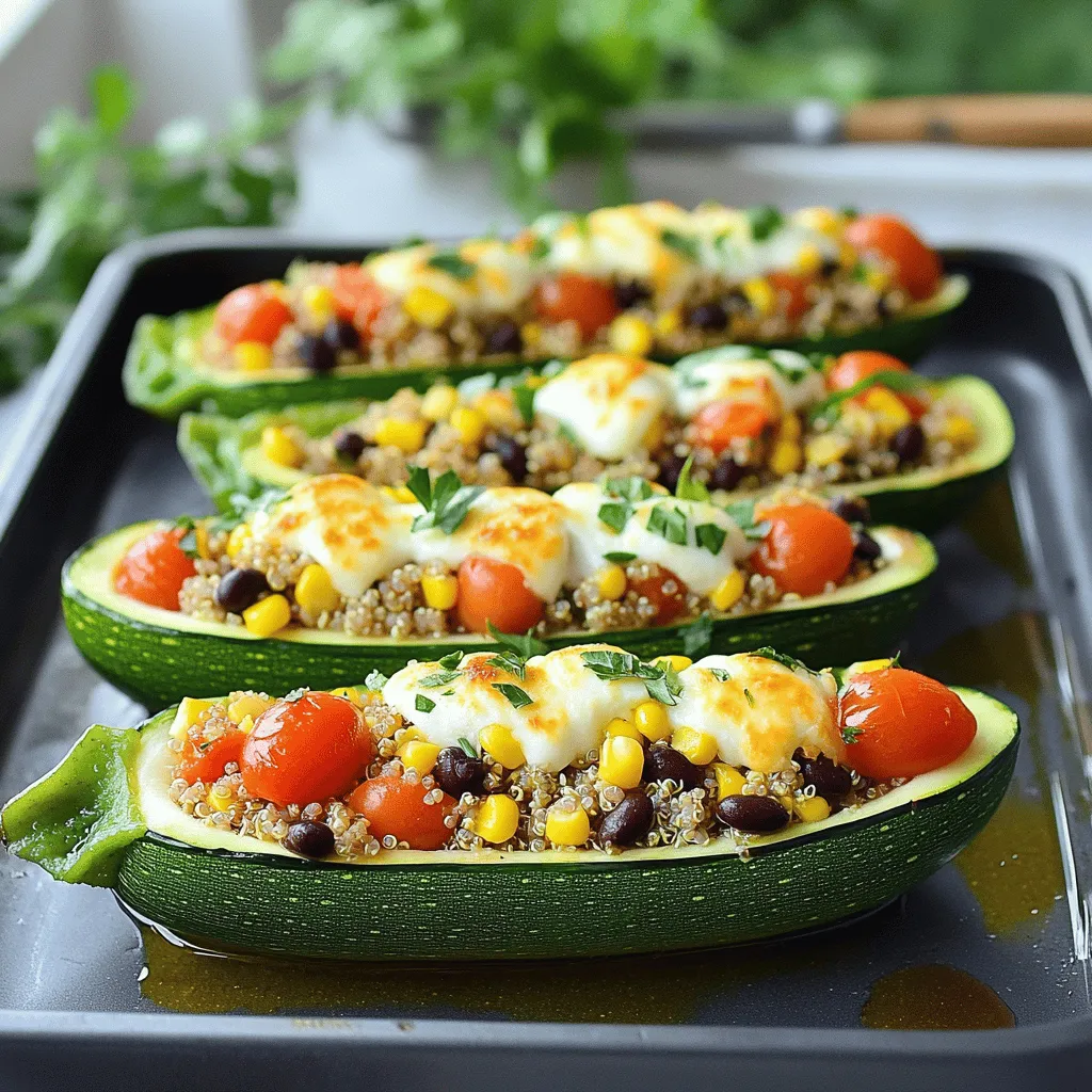 - 4 medium zucchinis - 1 cup cooked quinoa - 1 cup cherry tomatoes, halved - 1/2 cup black beans, rinsed and drained - 1/2 cup corn (frozen or canned) - 1/2 cup shredded mozzarella cheese - 1 tablespoon olive oil - 1 teaspoon ground cumin - 1 teaspoon smoked paprika - Salt and pepper, to taste - Fresh cilantro or parsley, for garnish When I plan to make air fryer stuffed zucchini boats, I gather these ingredients. The zucchinis are the stars of the show. They hold all the tasty filling and add a fresh crunch. I use cooked quinoa as a base. It gives a nice nutty flavor. The cherry tomatoes add juiciness. Black beans offer protein and fiber. Corn brings a sweet crunch. Lastly, mozzarella gives that gooey, melty goodness. For seasoning, I use olive oil to help everything stick together. Ground cumin and smoked paprika give the dish a warm, spicy kick. I finish it off with salt and pepper to enhance the flavors. Fresh herbs like cilantro or parsley add a splash of color and freshness. With this mix of ingredients, you can create a dish that is both healthy and packed with flavor. Each bite offers a balanced taste of vegetables, grains, and cheese. It's a perfect meal for any time of the day. - Wash and slice zucchinis. - Scoop out seeds to create hollow boats. First, wash the zucchinis under cold water. This step is key to remove any dirt. Next, slice each zucchini in half lengthwise. You want to create two long pieces. Then, use a teaspoon to scoop out the seeds. Make sure to leave enough flesh to hold the filling. This creates your perfect hollow boats. - Combine quinoa, tomatoes, black beans, corn, and seasonings. - Stir until evenly mixed. In a large mixing bowl, combine the cooked quinoa, halved cherry tomatoes, black beans, and corn. The quinoa adds protein, while the beans and corn bring texture. Add seasonings like ground cumin and smoked paprika for flavor. Don't forget salt and pepper to taste. Stir the mixture well until all ingredients blend nicely together. - Preheat air fryer to 350°F (175°C). - Stuff zucchini boats with filling and add cheese. - Air fry for 10-12 minutes until tender. Now, preheat your air fryer to 350°F (175°C). This helps cook the zucchini evenly. Drizzle the hollow zucchinis with olive oil and season with salt and pepper. Stuff each boat with the quinoa mixture. Press lightly to pack the filling. Top each boat with shredded mozzarella cheese for that gooey finish. Place the stuffed zucchini boats in the air fryer basket, leaving space for air to circulate. Air fry them for about 10-12 minutes. They are done when the zucchinis are tender and the cheese is golden. - Always season your zucchinis well. Use salt and pepper for flavor. - Avoid overcrowding the air fryer basket. This helps them cook evenly. - Present the zucchini boats on a rustic wooden board. It looks great! - Drizzle with balsamic reduction or lime juice for added zest. - If you want to swap quinoa, use rice or couscous instead. - For cheese, try goat cheese or a dairy-free option. - You can mix in other veggies like bell peppers or spinach. They add color and taste. {{image_4}} You can easily make the filling even more colorful and tasty. Add more vegetables to the mixture. Some great options include diced bell peppers, spinach, or mushrooms. Each adds a new layer of flavor and nutrition. Using different types of beans or lentils also works well. Try chickpeas or kidney beans for a change. Lentils add protein and a different texture. This way, you can make each batch unique and exciting. If you want more protein, consider adding ground meat or tofu. Ground turkey or beef gives a rich flavor. For a plant-based choice, crumbled tofu works great. You can also switch up the cheese. Instead of mozzarella, try feta or goat cheese. This adds a tangy twist to your zucchini boats. Experiment with herbs and spices to brighten the dish. Fresh basil or oregano can enhance the taste. You can also add a pinch of red pepper flakes for heat. If you love spice, try adding jalapeños. They give a kick that pairs well with the other flavors. This allows you to customize the dish to your liking. To store your leftover stuffed zucchini boats, use an airtight container. Glass or plastic containers both work well. Make sure the boats are cool before sealing them. Place the container in the fridge. They will stay fresh for up to three days. The air fryer is the best way to reheat stuffed zucchini boats. Set it to 350°F (175°C). Heat them for about 5-7 minutes. This keeps them crispy and tasty. If you use a microwave, place the boats on a microwave-safe plate. Heat for 1-2 minutes. Check that they are warm all the way through. To freeze stuffed zucchini boats, let them cool completely first. Wrap each boat in plastic wrap. Place the wrapped boats in a freezer bag. They can stay frozen for up to three months. When you want to eat them, take them out and let them thaw in the fridge overnight. Reheat them in the air fryer or microwave as mentioned above. You can easily swap quinoa for rice or couscous. Both options work great in this dish. Rice adds a nice chewy texture, while couscous cooks quickly. Choose what you like best, or use what you have on hand. Check if the zucchini is tender with a fork. It should pierce easily but not fall apart. A good sign is when the cheese is melted and bubbly. If it's too firm, give it another minute or two in the air fryer. Yes, you can prep these boats ahead of time. Stuff the zucchinis and store them in an airtight container in the fridge for up to 24 hours. When ready, simply air fry them until heated through. This makes meal prep easy and quick! Stuffed zucchini boats make a tasty and healthy meal. We covered main ingredients, seasonings, and a step-by-step guide. I shared tips for cooking and serving, plus fun variations to mix things up. You can store leftovers easily and even freeze them for later. Whether you choose to add protein or extra veggies, feel free to experiment. Enjoy this simple, delicious dish any night of the week!