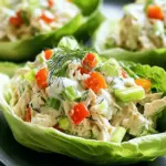 - 2 cups cooked chicken, shredded or diced - 1 cup creamy Greek yogurt - 1/4 cup ranch seasoning - 1/2 cup celery, finely chopped - 1/2 cup red bell pepper, diced - 1/4 cup green onions, finely sliced - 1 tablespoon fresh dill (or 1 teaspoon dried dill) - Salt and pepper to taste - 1 head of butter lettuce or Romaine Gathering fresh ingredients is key. I love using juicy chicken that’s either shredded or diced. The creamy Greek yogurt adds richness and moisture. Ranch seasoning gives that classic flavor we all crave. For crunch, finely chopped celery works wonders. Sweet red bell pepper adds a pop of color and taste. Green onions provide a fresh bite, while dill adds a nice herb touch. Lastly, choose a head of butter lettuce or Romaine for the perfect boats. Each ingredient plays a role in making this dish a delight! 1. Start by taking a large mixing bowl. Add 2 cups of cooked chicken, either shredded or diced. 2. Next, pour in 1 cup of creamy Greek yogurt. This adds a nice, rich base. 3. Then, sprinkle in 1/4 cup of ranch seasoning. You can use homemade or store-bought. 4. Mix everything well. Stir until all the chicken is coated in yogurt and seasoning. 5. Now, fold in the vegetables. Add 1/2 cup of finely chopped celery for crunch. 6. Toss in 1/2 cup of diced red bell pepper for some sweetness. 7. Add 1/4 cup of finely sliced green onions for a fresh bite. 8. Finally, mix in 1 tablespoon of chopped fresh dill. If you have dried dill, 1 teaspoon works too. 1. Taste your chicken salad mix. Adjust the flavor with salt and pepper to fit your liking. 2. This step ensures your salad is bursting with flavor. You want it to be just right. 1. Gently wash and dry the lettuce leaves. Use butter lettuce or Romaine for the best results. 2. Arrange the leaves on a serving platter or plates. This makes for a lovely presentation. 3. Spoon the chicken salad mixture into the center of each lettuce leaf. Create a nice mound. 4. For a fun twist, you can add a dollop of Greek yogurt on top for extra creaminess. 5. Garnish with fresh dill or more green onions for a pop of color. 6. Serve these delightful boats right away to enjoy the fresh flavors! To make this dish even better, you can tweak the ranch seasoning. If you like more spice, add a pinch of cayenne pepper or a dash of hot sauce. For a milder flavor, use less ranch seasoning. When shredding chicken, use two forks. Hold one fork in the chicken and pull with the other. This method helps you get nice, even pieces. You can also use a stand mixer with a paddle attachment to shred the chicken quickly. For plating, lay the lettuce leaves on a large platter. This makes a colorful display. Spoon the chicken salad into the center of each leaf. You want it to look like a boat filled with treasure! Garnish with a sprinkle of fresh dill or a few slices of green onion on top. Add some cherry tomatoes around the platter for a pop of color. This simple touch makes your dish look fancy. Prep your ingredients in advance. Chop the celery and bell pepper the night before. Store them in a sealed bag. This way, when you’re ready to cook, it’s quick and easy. If you’re low on time, use store-bought ranch seasoning. It saves a lot of effort. Just make sure to check the label for added flavors you like! {{image_4}} You can make this dish your own with easy swaps. Try using turkey or tofu instead of chicken. Both options still give you that nice protein boost. For veggies, mix it up! Add ingredients like cucumbers or carrots for extra crunch. Each swap can change the taste and texture, making it fun to experiment. To kick up the flavor, add spices or herbs. Some paprika or garlic powder can spice things up. You can also swap Greek yogurt with plain yogurt or sour cream if you want a different taste. Each change can bring a new twist to your chicken salad. This salad is great on its own, but you can make it even better. Serve it with some crunchy carrot sticks or a light dip on the side. If you want something heartier, wrap the chicken salad in a tortilla or sandwich it between bread. It’s a tasty way to enjoy a meal on the go! To store leftovers, place the chicken salad in an airtight container. This keeps it fresh and tasty. The chicken salad lasts in the fridge for up to three days. After that, the flavors and texture may change. Always check for any signs of spoilage before eating. You can warm the chicken salad gently in a microwave. Use a low setting to keep it creamy and avoid drying it out. If you want to use the leftovers in a new way, try adding it to a wrap or on top of a salad. It makes a great filling for sandwiches too! You can freeze the chicken salad, but it may change the texture when thawed. To freeze, place it in a freezer-safe container and leave some space for expansion. When you're ready to eat, thaw it in the fridge overnight. After thawing, mix it well to bring back some creaminess. Greek yogurt ranch chicken salad stays fresh in the fridge for about three days. Store it in an airtight container. This keeps it tasty and safe to eat. If you see any changes in color or smell, it's best to throw it out. Yes, you can make this recipe dairy-free. Use a dairy-free yogurt instead of Greek yogurt. Look for brands made from almond, coconut, or soy. You can also make a cashew cream as a creamy base. Just soak cashews in water, blend them, and season to taste. Some great side dishes pair well with lettuce boats. Here are a few ideas: - Fresh fruit salad for sweetness - Veggie sticks with hummus for crunch - A light soup, like tomato or cucumber soup - Quinoa salad for extra protein and fiber These options add variety and balance to your meal. Enjoy! This blog post covered a tasty Greek yogurt ranch chicken salad. You learned how to make it, from mixing ingredients to proper assembly. Tips on storage and variations opened up new ideas for your meals. Try adding your favorite veggies or spices for a unique touch. Remember, meal prep can save you time. Enjoy this quick, healthy dish, and don’t forget to share it with friends!