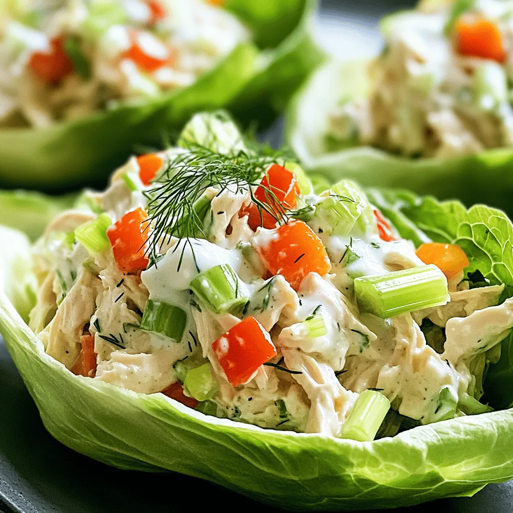 - 2 cups cooked chicken, shredded or diced - 1 cup creamy Greek yogurt - 1/4 cup ranch seasoning - 1/2 cup celery, finely chopped - 1/2 cup red bell pepper, diced - 1/4 cup green onions, finely sliced - 1 tablespoon fresh dill (or 1 teaspoon dried dill) - Salt and pepper to taste - 1 head of butter lettuce or Romaine Gathering fresh ingredients is key. I love using juicy chicken that’s either shredded or diced. The creamy Greek yogurt adds richness and moisture. Ranch seasoning gives that classic flavor we all crave. For crunch, finely chopped celery works wonders. Sweet red bell pepper adds a pop of color and taste. Green onions provide a fresh bite, while dill adds a nice herb touch. Lastly, choose a head of butter lettuce or Romaine for the perfect boats. Each ingredient plays a role in making this dish a delight! 1. Start by taking a large mixing bowl. Add 2 cups of cooked chicken, either shredded or diced. 2. Next, pour in 1 cup of creamy Greek yogurt. This adds a nice, rich base. 3. Then, sprinkle in 1/4 cup of ranch seasoning. You can use homemade or store-bought. 4. Mix everything well. Stir until all the chicken is coated in yogurt and seasoning. 5. Now, fold in the vegetables. Add 1/2 cup of finely chopped celery for crunch. 6. Toss in 1/2 cup of diced red bell pepper for some sweetness. 7. Add 1/4 cup of finely sliced green onions for a fresh bite. 8. Finally, mix in 1 tablespoon of chopped fresh dill. If you have dried dill, 1 teaspoon works too. 1. Taste your chicken salad mix. Adjust the flavor with salt and pepper to fit your liking. 2. This step ensures your salad is bursting with flavor. You want it to be just right. 1. Gently wash and dry the lettuce leaves. Use butter lettuce or Romaine for the best results. 2. Arrange the leaves on a serving platter or plates. This makes for a lovely presentation. 3. Spoon the chicken salad mixture into the center of each lettuce leaf. Create a nice mound. 4. For a fun twist, you can add a dollop of Greek yogurt on top for extra creaminess. 5. Garnish with fresh dill or more green onions for a pop of color. 6. Serve these delightful boats right away to enjoy the fresh flavors! To make this dish even better, you can tweak the ranch seasoning. If you like more spice, add a pinch of cayenne pepper or a dash of hot sauce. For a milder flavor, use less ranch seasoning. When shredding chicken, use two forks. Hold one fork in the chicken and pull with the other. This method helps you get nice, even pieces. You can also use a stand mixer with a paddle attachment to shred the chicken quickly. For plating, lay the lettuce leaves on a large platter. This makes a colorful display. Spoon the chicken salad into the center of each leaf. You want it to look like a boat filled with treasure! Garnish with a sprinkle of fresh dill or a few slices of green onion on top. Add some cherry tomatoes around the platter for a pop of color. This simple touch makes your dish look fancy. Prep your ingredients in advance. Chop the celery and bell pepper the night before. Store them in a sealed bag. This way, when you’re ready to cook, it’s quick and easy. If you’re low on time, use store-bought ranch seasoning. It saves a lot of effort. Just make sure to check the label for added flavors you like! {{image_4}} You can make this dish your own with easy swaps. Try using turkey or tofu instead of chicken. Both options still give you that nice protein boost. For veggies, mix it up! Add ingredients like cucumbers or carrots for extra crunch. Each swap can change the taste and texture, making it fun to experiment. To kick up the flavor, add spices or herbs. Some paprika or garlic powder can spice things up. You can also swap Greek yogurt with plain yogurt or sour cream if you want a different taste. Each change can bring a new twist to your chicken salad. This salad is great on its own, but you can make it even better. Serve it with some crunchy carrot sticks or a light dip on the side. If you want something heartier, wrap the chicken salad in a tortilla or sandwich it between bread. It’s a tasty way to enjoy a meal on the go! To store leftovers, place the chicken salad in an airtight container. This keeps it fresh and tasty. The chicken salad lasts in the fridge for up to three days. After that, the flavors and texture may change. Always check for any signs of spoilage before eating. You can warm the chicken salad gently in a microwave. Use a low setting to keep it creamy and avoid drying it out. If you want to use the leftovers in a new way, try adding it to a wrap or on top of a salad. It makes a great filling for sandwiches too! You can freeze the chicken salad, but it may change the texture when thawed. To freeze, place it in a freezer-safe container and leave some space for expansion. When you're ready to eat, thaw it in the fridge overnight. After thawing, mix it well to bring back some creaminess. Greek yogurt ranch chicken salad stays fresh in the fridge for about three days. Store it in an airtight container. This keeps it tasty and safe to eat. If you see any changes in color or smell, it's best to throw it out. Yes, you can make this recipe dairy-free. Use a dairy-free yogurt instead of Greek yogurt. Look for brands made from almond, coconut, or soy. You can also make a cashew cream as a creamy base. Just soak cashews in water, blend them, and season to taste. Some great side dishes pair well with lettuce boats. Here are a few ideas: - Fresh fruit salad for sweetness - Veggie sticks with hummus for crunch - A light soup, like tomato or cucumber soup - Quinoa salad for extra protein and fiber These options add variety and balance to your meal. Enjoy! This blog post covered a tasty Greek yogurt ranch chicken salad. You learned how to make it, from mixing ingredients to proper assembly. Tips on storage and variations opened up new ideas for your meals. Try adding your favorite veggies or spices for a unique touch. Remember, meal prep can save you time. Enjoy this quick, healthy dish, and don’t forget to share it with friends!